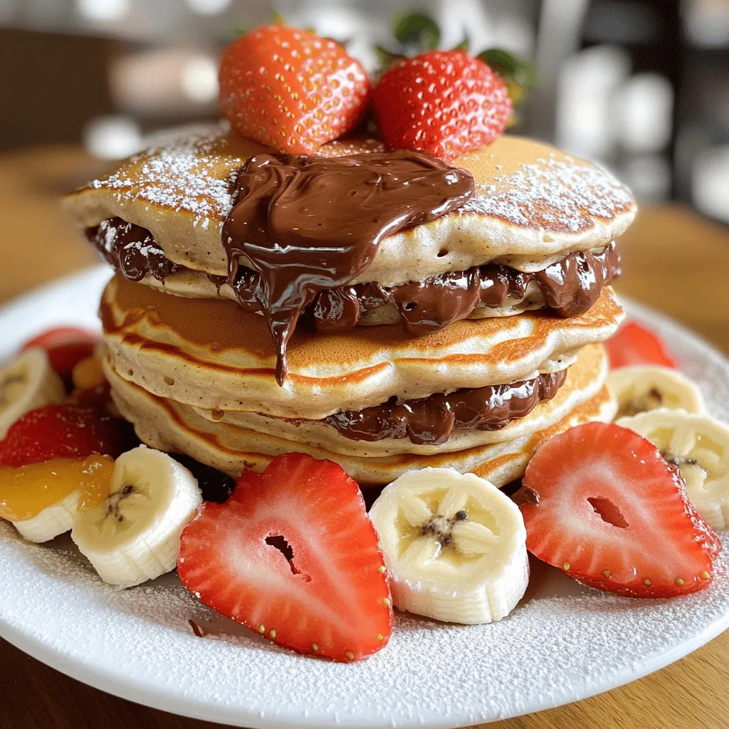To make Nutella stuffed pancakes, you need these main ingredients: - 1 cup all-purpose flour - 2 tablespoons granulated sugar - 1 tablespoon baking powder - 1/2 teaspoon salt - 1 cup milk (or your favorite plant-based alternative) - 1 large egg - 2 tablespoons melted butter (or coconut oil for a vegan option) - 1 teaspoon pure vanilla extract - 1/2 cup Nutella - Butter or oil for greasing the skillet These ingredients create a soft, fluffy pancake that hides a rich Nutella surprise. You can make your pancakes even better with these optional toppings: - Sliced bananas - Fresh strawberries - A dollop of whipped cream - A dusting of powdered sugar These toppings add color and flavor, making your breakfast more fun and delicious. Want to make a healthier version? Here are some smart swaps: - Use whole wheat flour instead of all-purpose flour. - Replace granulated sugar with honey or maple syrup. - Try almond milk or oat milk for a plant-based choice. - Use applesauce instead of melted butter for less fat. These substitutions keep the taste while adding more nutrition. You can enjoy your Nutella stuffed pancakes guilt-free! To start, gather your ingredients. You need flour, sugar, baking powder, salt, milk, an egg, melted butter, and vanilla. Combine the dry ingredients in a large bowl. Use a whisk to mix them well. Make sure there are no lumps. Next, in another bowl, whisk together the milk, egg, melted butter, and vanilla. Pour this wet mixture into the dry ingredients. Stir gently until just combined. Remember, a few lumps are okay. Overmixing can make your pancakes tough. Now it's time to heat the skillet. Place a non-stick skillet over medium heat. Lightly grease it with butter or oil to stop the pancakes from sticking. Pour about 1/4 cup of batter onto the skillet. Cook until bubbles form on the surface. This should take around 2-3 minutes. Watch carefully; you don't want to burn them! When you see bubbles, it's time for the Nutella. Use a spoon to add 1 tablespoon of Nutella to the center of the pancake. Quickly pour another 1/4 cup of batter over the Nutella. This will cover it completely. Carefully flip the pancake with a spatula. Cook for another 2-3 minutes until both sides are golden brown. Once done, remove the pancake from the skillet. Keep it warm on a plate. Repeat with the remaining batter and Nutella. Serve these delicious pancakes warm. Enjoy them with sliced bananas, fresh strawberries, or whipped cream. For the full recipe, check out the details above. To get fluffy pancakes, mix the batter gently. You want some lumps for soft texture. Overmixing makes them tough, so mix just until combined. Let the batter rest for a few minutes. This helps the gluten relax, making your pancakes light and airy. Flipping pancakes can be tricky. Use a wide spatula to get under the pancake. Wait until bubbles form on the surface before flipping. This shows they are ready. With a swift motion, flip the pancake. If it sticks, gently wiggle the spatula to loosen it. Serve your Nutella stuffed pancakes warm. Stack them high for a fun look. Top with sliced bananas or fresh strawberries for color. A dollop of whipped cream adds creaminess. Finish with a dusting of powdered sugar for sweetness. For extra flair, drizzle chocolate sauce on top. This makes your breakfast a true treat! For the complete recipe, check the Full Recipe. {{image_4}} You can change up the filling to suit your taste. Here are some fun ideas: - Peanut Butter: Swap Nutella for creamy peanut butter. - Fruit Preserves: Use raspberry or strawberry jam for a fruity twist. - Chocolate Chips: Add semi-sweet or dark chocolate chips for extra rich flavor. - Cream Cheese: Mix cream cheese with a little sugar for a tangy filling. These options let you explore different flavors and find your favorite. If you need vegan or gluten-free pancakes, I have great tips. - Vegan Pancakes: Use almond milk instead of regular milk. Replace the egg with a flax egg or applesauce. Use coconut oil instead of butter. - Gluten-Free Flour: Replace all-purpose flour with a gluten-free blend. This works best for pancakes, keeping them fluffy and delicious. These options let everyone enjoy Nutella stuffed pancakes, no matter their diet. Want to add more flavor to your pancakes? Here are some ideas: - Cinnamon: Add a teaspoon of cinnamon to the batter for warmth. - Cocoa Powder: Mix in a little cocoa powder for double chocolate pancakes. - Zest: Add lemon or orange zest for a fresh, bright flavor. These creative additions make your pancakes unique and even more delicious. For the full recipe, check out the details above! After enjoying your Nutella stuffed pancakes, you may have some leftovers. To keep them fresh, stack the cooled pancakes in an airtight container. You can place parchment paper between the pancakes to prevent sticking. Store them in the fridge for up to three days. This method helps maintain their soft texture and rich flavor. When it’s time to enjoy your leftover pancakes, reheating them is simple. You can use a microwave or skillet: - Microwave: Place pancakes on a microwave-safe plate. Heat for about 20-30 seconds. Check if they are warm enough. - Skillet: Heat a non-stick skillet on low. Add a tiny bit of butter or oil. Warm the pancakes for 1-2 minutes each side. This method helps bring back their fluffy texture. If you want to save pancakes for later, freezing is a great option. First, let the pancakes cool completely. Then, stack them with parchment paper in between. Place the stack in a freezer-safe bag or container. You can freeze them for up to two months. When you're ready to eat, just reheat them as noted above. This way, you can enjoy your Nutella stuffed pancakes any time! Yes, you can make Nutella stuffed pancakes ahead. Cook and cool them first. Then stack them with parchment paper in between to prevent sticking. Store in an airtight container in the fridge for up to three days. To reheat, pop them in the microwave for about 30 seconds or warm them briefly on a skillet. This way, you can enjoy a tasty breakfast even on busy mornings. If you want a change from Nutella, many options exist. You can use peanut butter, almond butter, or cookie butter. Each will give a unique flavor. Try using different spreads like chocolate hazelnut spread or fruit jams for a tasty twist. These alternatives can make the pancakes fun and new each time you make them. To check if the pancakes are fully cooked, look for bubbles. When you see bubbles forming on the surface, it is time to flip them. After flipping, cook until both sides turn golden brown. A quick poke in the center helps too. If it springs back, they are done. If not, give them a little more time on the skillet. Enjoy your fluffy, delicious Nutella stuffed pancakes! Nutella stuffed pancakes are delicious and fun to make. We covered the main ingredients, tasty toppings, and even healthy swaps. I shared step-by-step instructions to help you cook perfect pancakes with Nutella filling. Tips helped you get the right texture and flip without mess. Explore variations like different fillings and dietary options to enjoy. Lastly, learn how to store and reheat your pancakes. Now you have all you need to make these yummy treats anytime!