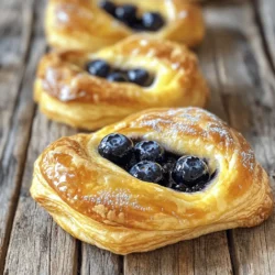 To make Wild Blueberry Coffee Cake Danishes, gather the following ingredients: - 2 cups all-purpose flour - 1/2 cup granulated sugar - 1 tablespoon baking powder - 1/2 teaspoon salt - 1/2 cup unsalted butter, cold and cubed - 1/2 cup buttermilk - 1 large egg - 1 teaspoon vanilla extract - 1 cup wild blueberries (fresh or frozen) - 1 teaspoon lemon zest - 1 egg wash (1 egg beaten with 1 tablespoon water) - Confectioners' sugar for dusting These ingredients create a lovely balance of sweet and tart flavors. The wild blueberries shine through, and the lemon zest adds a fresh touch. The cold butter is key; it helps the danishes stay flaky. I always have these on hand for a delightful treat. You can find the full recipe to guide you through the process. - Preheat the Oven: Start by setting your oven to 375°F (190°C). This ensures your danishes bake evenly. Line a large baking sheet with parchment paper. This makes cleanup easy and prevents sticking. - Prepare the Dough: In a large bowl, mix 2 cups of flour, 1/2 cup of sugar, 1 tablespoon of baking powder, and 1/2 teaspoon of salt. Stir these dry ingredients well. Then, add 1/2 cup of cold, cubed butter. Use your fingers or a pastry cutter. Work the butter into the flour until it looks like coarse crumbs. Small butter pieces give the danishes flakiness. - Combine Wet Ingredients: In another bowl, whisk together 1/2 cup of buttermilk, 1 large egg, and 1 teaspoon of vanilla extract. Mix until smooth. Pour this mixture into the dry ingredients. Stir gently until just combined. The dough should be a bit sticky but hold together nicely. - Incorporate Blueberries: Carefully fold in 1 cup of wild blueberries and 1 teaspoon of lemon zest. Be gentle to keep the blueberries whole. This helps your danishes look great and taste fresh. - Shape the Danishes: Lightly flour a clean surface. Turn the dough out onto it and knead a few times. Pat the dough into a rectangle about 1 inch thick. Cut it into squares or triangles based on your choice. - Create Wells and Add Extra Blueberries: For each piece, use your fingers to make a small well in the middle. If you like, add a few extra blueberries in each well. This boosts the fruity flavor and makes them even better. - Apply Egg Wash: Take 1 egg and beat it with 1 tablespoon of water to make an egg wash. Use a pastry brush to coat the edges of each Danish. This gives them a lovely golden finish when baked. - Bake Danishes: Place the danishes on the lined baking sheet, leaving space between each. Bake in the preheated oven for 15-20 minutes. They should be golden brown and puffed up. - Cooling Time After Baking: Once done, take the danishes out of the oven. Let them cool on the baking sheet for about 5 minutes. This helps them set and makes them easier to handle. - Dust with Confectioners' Sugar: Before serving, generously sprinkle confectioners' sugar on top. This adds sweetness and makes the danishes look fancy. - Presentation Tips: Serve the danishes on a nice platter. For a pop of color, add fresh blueberries and a sprig of mint. Enjoy them warm with a cup of coffee or tea. For the full recipe, check the earlier section! To make the best Wild Blueberry Coffee Cake Danishes, start with cold butter. This helps make your pastry flaky. When you mix in the butter, keep some chunks. This adds texture and creates layers. Be gentle with the blueberries. If you crush them, your danishes will have a messy look. Whole berries keep each bite juicy and vibrant. Adjust the baking time based on your oven. If your danishes are not golden brown after 20 minutes, give them a few more minutes. Ovens can vary, so stay close and check often. Use good mixing bowls. A large bowl helps you mix the dough easily. Choose a bowl that won’t slip while you mix. Essential baking sheets and pans are key. A flat, sturdy baking sheet helps your danishes bake evenly. If you have a non-stick pan, that can help too. Helpful measuring tools ensure accuracy. Use measuring cups for dry and wet ingredients. A digital scale can also help for precise measurements. Having accurate tools makes a big difference in your baking. {{image_4}} You can make Wild Blueberry Coffee Cake Danishes fun and unique. Here are some ideas: - Adding different fruits: Try using raspberries or peaches. They add a new flavor that pairs well with blueberries. - Incorporating spices: Adding cinnamon or nutmeg gives the danishes warmth. Use a pinch to boost the flavor profile. - Swapping out buttermilk for yogurt: Greek yogurt works well. It makes the dough creamy while keeping it tangy. Want to make your danishes fit special diets? Here’s how: - Gluten-free option: Use almond or coconut flour instead of all-purpose flour. This makes them gluten-free and still tasty. - Dairy-free substitutions: Swap butter for coconut oil and buttermilk for almond milk. These choices keep the flavor rich while being dairy-free. These variations help you customize your danishes to fit any taste or diet. For the full recipe, check above! To keep your Wild Blueberry Coffee Cake Danishes fresh, store them at room temperature. Place them in an airtight container. This helps retain their soft texture. They can last for two days on the counter. If you want them to last longer, refrigerate them. Wrap each Danish in plastic wrap before placing them in the fridge. This keeps moisture in and prevents them from drying out. For long-term storage, you can freeze the danishes. First, let them cool completely. Then, wrap each one tightly in plastic wrap. Place them in a freezer-safe bag or container. They can stay fresh in the freezer for up to three months. When you're ready to enjoy them, thaw the danishes in the fridge overnight. Reheat them in an oven at 350°F (175°C) for about 10 minutes. This will restore their warm and flaky texture. Can I use frozen blueberries? Yes, you can use frozen blueberries. They work great in this recipe. Just fold them in like fresh berries. They may add extra juice, but that makes the danishes even more tasty. How do I know when the danishes are done? You will know the danishes are done when they are golden brown and puffed up. They should feel firm to the touch. If you see a nice golden color, they are ready to come out. Can I make the dough ahead of time? Yes, you can make the dough ahead of time. Wrap it tightly in plastic wrap and place it in the fridge. Use it within two days for the best results. What to serve with Wild Blueberry Coffee Cake Danishes? These danishes pair well with coffee or tea. You can also serve them with fresh fruit or yogurt. Adding a drizzle of honey makes a nice touch. Can these be made mini-sized? Absolutely! You can cut smaller squares or triangles for mini danishes. Just adjust the baking time slightly to ensure they cook through. How to adapt for a vegan recipe? To make these danishes vegan, replace the egg with a flax egg. Use plant-based butter and almond milk instead of buttermilk. These swaps keep the flavor while making them vegan-friendly. For the complete recipe, check the Full Recipe section. Making Wild Blueberry Danishes is simple and fun. You mix ingredients, shape the dough, and bake. Each bite brings fresh flavors and a touch of sweetness. Remember, using cold butter keeps your pastries flaky. Feel free to try new fruits or spices for your own twist. Store extras properly to keep them fresh. Whether you share them or enjoy them yourself, these danishes will impress. Get baking, and enjoy every delicious moment!