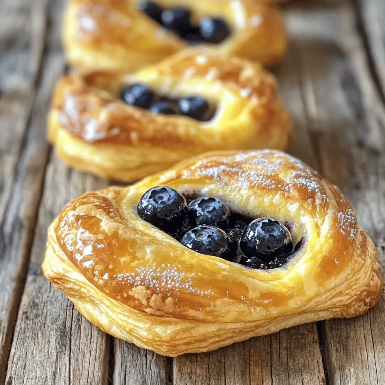 To make Wild Blueberry Coffee Cake Danishes, gather the following ingredients: - 2 cups all-purpose flour - 1/2 cup granulated sugar - 1 tablespoon baking powder - 1/2 teaspoon salt - 1/2 cup unsalted butter, cold and cubed - 1/2 cup buttermilk - 1 large egg - 1 teaspoon vanilla extract - 1 cup wild blueberries (fresh or frozen) - 1 teaspoon lemon zest - 1 egg wash (1 egg beaten with 1 tablespoon water) - Confectioners' sugar for dusting These ingredients create a lovely balance of sweet and tart flavors. The wild blueberries shine through, and the lemon zest adds a fresh touch. The cold butter is key; it helps the danishes stay flaky. I always have these on hand for a delightful treat. You can find the full recipe to guide you through the process. - Preheat the Oven: Start by setting your oven to 375°F (190°C). This ensures your danishes bake evenly. Line a large baking sheet with parchment paper. This makes cleanup easy and prevents sticking. - Prepare the Dough: In a large bowl, mix 2 cups of flour, 1/2 cup of sugar, 1 tablespoon of baking powder, and 1/2 teaspoon of salt. Stir these dry ingredients well. Then, add 1/2 cup of cold, cubed butter. Use your fingers or a pastry cutter. Work the butter into the flour until it looks like coarse crumbs. Small butter pieces give the danishes flakiness. - Combine Wet Ingredients: In another bowl, whisk together 1/2 cup of buttermilk, 1 large egg, and 1 teaspoon of vanilla extract. Mix until smooth. Pour this mixture into the dry ingredients. Stir gently until just combined. The dough should be a bit sticky but hold together nicely. - Incorporate Blueberries: Carefully fold in 1 cup of wild blueberries and 1 teaspoon of lemon zest. Be gentle to keep the blueberries whole. This helps your danishes look great and taste fresh. - Shape the Danishes: Lightly flour a clean surface. Turn the dough out onto it and knead a few times. Pat the dough into a rectangle about 1 inch thick. Cut it into squares or triangles based on your choice. - Create Wells and Add Extra Blueberries: For each piece, use your fingers to make a small well in the middle. If you like, add a few extra blueberries in each well. This boosts the fruity flavor and makes them even better. - Apply Egg Wash: Take 1 egg and beat it with 1 tablespoon of water to make an egg wash. Use a pastry brush to coat the edges of each Danish. This gives them a lovely golden finish when baked. - Bake Danishes: Place the danishes on the lined baking sheet, leaving space between each. Bake in the preheated oven for 15-20 minutes. They should be golden brown and puffed up. - Cooling Time After Baking: Once done, take the danishes out of the oven. Let them cool on the baking sheet for about 5 minutes. This helps them set and makes them easier to handle. - Dust with Confectioners' Sugar: Before serving, generously sprinkle confectioners' sugar on top. This adds sweetness and makes the danishes look fancy. - Presentation Tips: Serve the danishes on a nice platter. For a pop of color, add fresh blueberries and a sprig of mint. Enjoy them warm with a cup of coffee or tea. For the full recipe, check the earlier section! To make the best Wild Blueberry Coffee Cake Danishes, start with cold butter. This helps make your pastry flaky. When you mix in the butter, keep some chunks. This adds texture and creates layers. Be gentle with the blueberries. If you crush them, your danishes will have a messy look. Whole berries keep each bite juicy and vibrant. Adjust the baking time based on your oven. If your danishes are not golden brown after 20 minutes, give them a few more minutes. Ovens can vary, so stay close and check often. Use good mixing bowls. A large bowl helps you mix the dough easily. Choose a bowl that won’t slip while you mix. Essential baking sheets and pans are key. A flat, sturdy baking sheet helps your danishes bake evenly. If you have a non-stick pan, that can help too. Helpful measuring tools ensure accuracy. Use measuring cups for dry and wet ingredients. A digital scale can also help for precise measurements. Having accurate tools makes a big difference in your baking. {{image_4}} You can make Wild Blueberry Coffee Cake Danishes fun and unique. Here are some ideas: - Adding different fruits: Try using raspberries or peaches. They add a new flavor that pairs well with blueberries. - Incorporating spices: Adding cinnamon or nutmeg gives the danishes warmth. Use a pinch to boost the flavor profile. - Swapping out buttermilk for yogurt: Greek yogurt works well. It makes the dough creamy while keeping it tangy. Want to make your danishes fit special diets? Here’s how: - Gluten-free option: Use almond or coconut flour instead of all-purpose flour. This makes them gluten-free and still tasty. - Dairy-free substitutions: Swap butter for coconut oil and buttermilk for almond milk. These choices keep the flavor rich while being dairy-free. These variations help you customize your danishes to fit any taste or diet. For the full recipe, check above! To keep your Wild Blueberry Coffee Cake Danishes fresh, store them at room temperature. Place them in an airtight container. This helps retain their soft texture. They can last for two days on the counter. If you want them to last longer, refrigerate them. Wrap each Danish in plastic wrap before placing them in the fridge. This keeps moisture in and prevents them from drying out. For long-term storage, you can freeze the danishes. First, let them cool completely. Then, wrap each one tightly in plastic wrap. Place them in a freezer-safe bag or container. They can stay fresh in the freezer for up to three months. When you're ready to enjoy them, thaw the danishes in the fridge overnight. Reheat them in an oven at 350°F (175°C) for about 10 minutes. This will restore their warm and flaky texture. Can I use frozen blueberries? Yes, you can use frozen blueberries. They work great in this recipe. Just fold them in like fresh berries. They may add extra juice, but that makes the danishes even more tasty. How do I know when the danishes are done? You will know the danishes are done when they are golden brown and puffed up. They should feel firm to the touch. If you see a nice golden color, they are ready to come out. Can I make the dough ahead of time? Yes, you can make the dough ahead of time. Wrap it tightly in plastic wrap and place it in the fridge. Use it within two days for the best results. What to serve with Wild Blueberry Coffee Cake Danishes? These danishes pair well with coffee or tea. You can also serve them with fresh fruit or yogurt. Adding a drizzle of honey makes a nice touch. Can these be made mini-sized? Absolutely! You can cut smaller squares or triangles for mini danishes. Just adjust the baking time slightly to ensure they cook through. How to adapt for a vegan recipe? To make these danishes vegan, replace the egg with a flax egg. Use plant-based butter and almond milk instead of buttermilk. These swaps keep the flavor while making them vegan-friendly. For the complete recipe, check the Full Recipe section. Making Wild Blueberry Danishes is simple and fun. You mix ingredients, shape the dough, and bake. Each bite brings fresh flavors and a touch of sweetness. Remember, using cold butter keeps your pastries flaky. Feel free to try new fruits or spices for your own twist. Store extras properly to keep them fresh. Whether you share them or enjoy them yourself, these danishes will impress. Get baking, and enjoy every delicious moment!