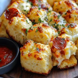 - 2 cans of refrigerated biscuit dough - 2 cups shredded mozzarella cheese - 1 cup diced pepperoni - 1 teaspoon Italian seasoning - 1 cup pizza sauce (for dipping) - 1/4 cup olive oil - 1/4 cup grated Parmesan cheese - 1 teaspoon garlic powder - 1/2 teaspoon crushed red pepper flakes (optional) Gathering the right ingredients is key for making Cheese Pizza Monkey Bread. First, you’ll need two cans of refrigerated biscuit dough. This forms the base and gives you those fluffy bites. Next, grab two cups of shredded mozzarella cheese. This cheese melts wonderfully and adds a gooey texture. You should also have one cup of diced pepperoni. This classic topping adds great flavor. Remember to include one teaspoon of Italian seasoning. It brings a nice herbal note to the dish. For dipping, have one cup of pizza sauce on hand. This makes eating even more fun! Now, for some added richness, get 1/4 cup of olive oil and 1/4 cup of grated Parmesan cheese. The olive oil helps everything crisp up, while the Parmesan adds a salty kick. Lastly, one teaspoon of garlic powder will enhance the taste. If you like a little heat, add 1/2 teaspoon of crushed red pepper flakes. - Bundt pan - Mixing bowl - Kitchen scissors or knife - Cooking spray or brush You will need some basic equipment to make this treat. A Bundt pan is essential for shaping the monkey bread. A mixing bowl helps combine all the ingredients easily. You’ll also need kitchen scissors or a knife to cut the biscuit dough into smaller pieces. Lastly, have some cooking spray or a brush ready to grease the Bundt pan. This will stop the bread from sticking. - Alternatives for cheese - Gluten-free biscuit options - Using different toppings like vegetables or other meats If you want to mix things up, consider cheese alternatives. You can use sharp cheddar or gouda for a different taste. For gluten-free options, select gluten-free biscuit dough. This way, everyone can enjoy the dish! You can also change the toppings. Try adding vegetables like bell peppers or mushrooms for extra flavor. Want to switch the meat? Use cooked sausage or ham instead of pepperoni. The possibilities are endless, making this dish fun and versatile. For the full recipe, check out the details above. 1. Preheat your oven to 350°F (175°C). 2. Generously grease a Bundt pan with cooking spray or olive oil. 3. Open the biscuit dough cans. Cut each biscuit into quarters with scissors or a knife. 1. In a large mixing bowl, combine the biscuit pieces, mozzarella cheese, and pepperoni. 2. Add the Italian seasoning, garlic powder, and crushed red pepper flakes if you like spice. 3. Mix gently until all ingredients are evenly distributed. 4. Drizzle the olive oil over the mixture and toss until every piece is coated. 1. Sprinkle half of the grated Parmesan cheese in the bottom of your Bundt pan. 2. Layer half of the biscuit mixture into the pan, spreading it out evenly. 3. Add the rest of the Parmesan cheese on this first layer. 4. Top with the remaining biscuit mixture, pressing down gently. 5. Place the Bundt pan in the preheated oven and bake for 30-35 minutes. 6. Keep an eye on it until the top turns golden brown and the biscuits are cooked. 7. After baking, let it cool for about 10 minutes before flipping it onto a serving plate. 8. Serve warm with pizza sauce in a bowl for dipping. For the full recipe, be sure to check the ingredients and details mentioned above! To avoid soggy bread, always coat your biscuit pieces in olive oil. This helps them crisp up. Bake the monkey bread until golden brown. The time should be around 30 to 35 minutes. Keep an eye on it; ovens do vary. For even baking, layer the biscuit mixture loosely in the Bundt pan. This allows hot air to circulate and cook the dough well. Pressing down too hard can lead to uneven results. Try adding garlic powder or Italian seasoning. These spices make the cheese pizza monkey bread even tastier. You can also mix in some fresh herbs, like basil or oregano, for a fresh twist. To customize the taste, add your favorite toppings. Consider bell peppers, onions, or even olives. You can switch the cheese too, using cheddar or provolone for a new flavor. Serve your cheese pizza monkey bread warm straight from the oven. It looks great on any table. Pour the pizza sauce into a small bowl for easy dipping. For extra visual appeal, garnish with fresh basil leaves. A sprinkle of grated Parmesan cheese on top adds a nice touch. Arrange everything on a colorful plate for a fun dining experience. {{image_4}} You can mix things up with different cheeses. Sharp cheddar adds a bold taste. Gouda brings a creamy texture. You can also use provolone or a blend of cheeses. Each cheese gives a unique flavor. Experiment to find your favorite combo! For those who prefer no meat, there are great alternatives. You can use mushrooms, bell peppers, or spinach. These options keep the dish tasty and filling. For a vegan twist, try using plant-based cheese. It melts and tastes just as good! You can change the sauce for fun new flavors. Try BBQ sauce for a sweet twist. Hot sauce adds spice and heat. You can even go with pesto for a fresh taste. The options are endless! Feel free to create your own theme. Make it your special dish. For the full recipe, check out the complete guide. To keep your Cheese Pizza Monkey Bread fresh, store it in the fridge. Place it in an airtight container. If you do not have one, wrap it tightly in plastic wrap or aluminum foil. This method helps to keep the bread moist and tasty. For longer storage, you can freeze it. Cut the bread into pieces and place them in a freezer bag. Squeeze out as much air as you can before sealing. When reheating, you want to keep the bread warm and soft. The oven is the best option. Preheat your oven to 350°F (175°C). Place the bread on a baking sheet. Cover it with aluminum foil to prevent it from drying out. Heat for about 10-15 minutes, or until warmed through. You can also use the microwave. Heat it in short bursts of 20 seconds. Check to make sure it does not get tough. In the fridge, your Cheese Pizza Monkey Bread can last for about 3-4 days. If you freeze it, it can stay good for up to 2-3 months. Just remember, the longer it sits, the more flavor it loses. So, enjoy your delicious creation soon! For the full recipe, refer back to the earlier section. Cheese Pizza Monkey Bread is a fun twist on classic pizza. It combines biscuit dough, cheese, and toppings in a pull-apart bread. The dish likely comes from the U.S., where monkey bread is popular. It’s a great snack for parties or movie nights. Each piece pulls apart easily, making it great for sharing. Plus, you get all the cheesy, savory flavors of pizza in each bite. Yes, you can prepare Cheese Pizza Monkey Bread ahead of time. To do this, follow these steps: - Assemble the monkey bread as directed. - Cover it tightly with plastic wrap or foil. - Store it in the fridge for up to 24 hours. When you are ready to bake, just remove the wrap and bake it straight from the fridge. You may need to add a few extra minutes to the baking time. Serving Cheese Pizza Monkey Bread is easy and fun! Here are some great ideas: - Serve it warm right from the oven. - Place a bowl of pizza sauce on the side for dipping. - Add fresh basil leaves around the dish for color. - You can also serve it with ranch dressing or garlic butter for extra flavor. These tips make the dish even more enjoyable for everyone! This blog post covered making Cheese Pizza Monkey Bread. You learned about essential ingredients and equipment, plus helpful tips for perfect texture and flavor. I shared how to mix and layer the dough, ensuring a tasty result every time. You can even try different cheese and meat choices. With the right storage and reheating methods, your leftovers can taste just as good. This dish is fun, easy, and sure to impress. Enjoy creating your own version of Cheese Pizza Monkey Bread!