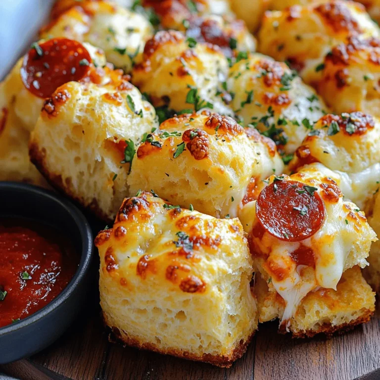 - 2 cans of refrigerated biscuit dough - 2 cups shredded mozzarella cheese - 1 cup diced pepperoni - 1 teaspoon Italian seasoning - 1 cup pizza sauce (for dipping) - 1/4 cup olive oil - 1/4 cup grated Parmesan cheese - 1 teaspoon garlic powder - 1/2 teaspoon crushed red pepper flakes (optional) Gathering the right ingredients is key for making Cheese Pizza Monkey Bread. First, you’ll need two cans of refrigerated biscuit dough. This forms the base and gives you those fluffy bites. Next, grab two cups of shredded mozzarella cheese. This cheese melts wonderfully and adds a gooey texture. You should also have one cup of diced pepperoni. This classic topping adds great flavor. Remember to include one teaspoon of Italian seasoning. It brings a nice herbal note to the dish. For dipping, have one cup of pizza sauce on hand. This makes eating even more fun! Now, for some added richness, get 1/4 cup of olive oil and 1/4 cup of grated Parmesan cheese. The olive oil helps everything crisp up, while the Parmesan adds a salty kick. Lastly, one teaspoon of garlic powder will enhance the taste. If you like a little heat, add 1/2 teaspoon of crushed red pepper flakes. - Bundt pan - Mixing bowl - Kitchen scissors or knife - Cooking spray or brush You will need some basic equipment to make this treat. A Bundt pan is essential for shaping the monkey bread. A mixing bowl helps combine all the ingredients easily. You’ll also need kitchen scissors or a knife to cut the biscuit dough into smaller pieces. Lastly, have some cooking spray or a brush ready to grease the Bundt pan. This will stop the bread from sticking. - Alternatives for cheese - Gluten-free biscuit options - Using different toppings like vegetables or other meats If you want to mix things up, consider cheese alternatives. You can use sharp cheddar or gouda for a different taste. For gluten-free options, select gluten-free biscuit dough. This way, everyone can enjoy the dish! You can also change the toppings. Try adding vegetables like bell peppers or mushrooms for extra flavor. Want to switch the meat? Use cooked sausage or ham instead of pepperoni. The possibilities are endless, making this dish fun and versatile. For the full recipe, check out the details above. 1. Preheat your oven to 350°F (175°C). 2. Generously grease a Bundt pan with cooking spray or olive oil. 3. Open the biscuit dough cans. Cut each biscuit into quarters with scissors or a knife. 1. In a large mixing bowl, combine the biscuit pieces, mozzarella cheese, and pepperoni. 2. Add the Italian seasoning, garlic powder, and crushed red pepper flakes if you like spice. 3. Mix gently until all ingredients are evenly distributed. 4. Drizzle the olive oil over the mixture and toss until every piece is coated. 1. Sprinkle half of the grated Parmesan cheese in the bottom of your Bundt pan. 2. Layer half of the biscuit mixture into the pan, spreading it out evenly. 3. Add the rest of the Parmesan cheese on this first layer. 4. Top with the remaining biscuit mixture, pressing down gently. 5. Place the Bundt pan in the preheated oven and bake for 30-35 minutes. 6. Keep an eye on it until the top turns golden brown and the biscuits are cooked. 7. After baking, let it cool for about 10 minutes before flipping it onto a serving plate. 8. Serve warm with pizza sauce in a bowl for dipping. For the full recipe, be sure to check the ingredients and details mentioned above! To avoid soggy bread, always coat your biscuit pieces in olive oil. This helps them crisp up. Bake the monkey bread until golden brown. The time should be around 30 to 35 minutes. Keep an eye on it; ovens do vary. For even baking, layer the biscuit mixture loosely in the Bundt pan. This allows hot air to circulate and cook the dough well. Pressing down too hard can lead to uneven results. Try adding garlic powder or Italian seasoning. These spices make the cheese pizza monkey bread even tastier. You can also mix in some fresh herbs, like basil or oregano, for a fresh twist. To customize the taste, add your favorite toppings. Consider bell peppers, onions, or even olives. You can switch the cheese too, using cheddar or provolone for a new flavor. Serve your cheese pizza monkey bread warm straight from the oven. It looks great on any table. Pour the pizza sauce into a small bowl for easy dipping. For extra visual appeal, garnish with fresh basil leaves. A sprinkle of grated Parmesan cheese on top adds a nice touch. Arrange everything on a colorful plate for a fun dining experience. {{image_4}} You can mix things up with different cheeses. Sharp cheddar adds a bold taste. Gouda brings a creamy texture. You can also use provolone or a blend of cheeses. Each cheese gives a unique flavor. Experiment to find your favorite combo! For those who prefer no meat, there are great alternatives. You can use mushrooms, bell peppers, or spinach. These options keep the dish tasty and filling. For a vegan twist, try using plant-based cheese. It melts and tastes just as good! You can change the sauce for fun new flavors. Try BBQ sauce for a sweet twist. Hot sauce adds spice and heat. You can even go with pesto for a fresh taste. The options are endless! Feel free to create your own theme. Make it your special dish. For the full recipe, check out the complete guide. To keep your Cheese Pizza Monkey Bread fresh, store it in the fridge. Place it in an airtight container. If you do not have one, wrap it tightly in plastic wrap or aluminum foil. This method helps to keep the bread moist and tasty. For longer storage, you can freeze it. Cut the bread into pieces and place them in a freezer bag. Squeeze out as much air as you can before sealing. When reheating, you want to keep the bread warm and soft. The oven is the best option. Preheat your oven to 350°F (175°C). Place the bread on a baking sheet. Cover it with aluminum foil to prevent it from drying out. Heat for about 10-15 minutes, or until warmed through. You can also use the microwave. Heat it in short bursts of 20 seconds. Check to make sure it does not get tough. In the fridge, your Cheese Pizza Monkey Bread can last for about 3-4 days. If you freeze it, it can stay good for up to 2-3 months. Just remember, the longer it sits, the more flavor it loses. So, enjoy your delicious creation soon! For the full recipe, refer back to the earlier section. Cheese Pizza Monkey Bread is a fun twist on classic pizza. It combines biscuit dough, cheese, and toppings in a pull-apart bread. The dish likely comes from the U.S., where monkey bread is popular. It’s a great snack for parties or movie nights. Each piece pulls apart easily, making it great for sharing. Plus, you get all the cheesy, savory flavors of pizza in each bite. Yes, you can prepare Cheese Pizza Monkey Bread ahead of time. To do this, follow these steps: - Assemble the monkey bread as directed. - Cover it tightly with plastic wrap or foil. - Store it in the fridge for up to 24 hours. When you are ready to bake, just remove the wrap and bake it straight from the fridge. You may need to add a few extra minutes to the baking time. Serving Cheese Pizza Monkey Bread is easy and fun! Here are some great ideas: - Serve it warm right from the oven. - Place a bowl of pizza sauce on the side for dipping. - Add fresh basil leaves around the dish for color. - You can also serve it with ranch dressing or garlic butter for extra flavor. These tips make the dish even more enjoyable for everyone! This blog post covered making Cheese Pizza Monkey Bread. You learned about essential ingredients and equipment, plus helpful tips for perfect texture and flavor. I shared how to mix and layer the dough, ensuring a tasty result every time. You can even try different cheese and meat choices. With the right storage and reheating methods, your leftovers can taste just as good. This dish is fun, easy, and sure to impress. Enjoy creating your own version of Cheese Pizza Monkey Bread!