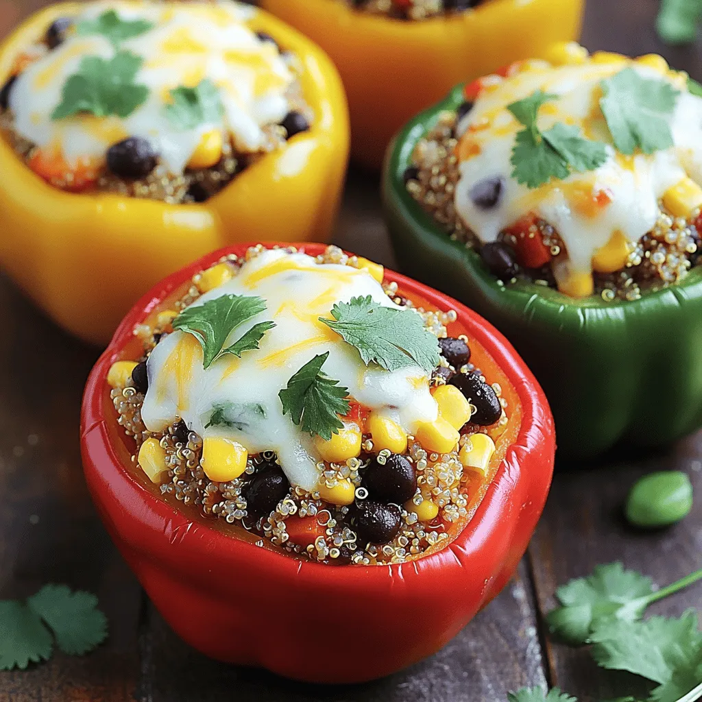 To make savory stuffed bell peppers with quinoa, you need fresh, colorful ingredients. Here’s what you will need: - Bell Peppers: 4 large bell peppers, any vibrant color. - Quinoa and Vegetable Broth: 1 cup quinoa, thoroughly rinsed, and 2 cups vegetable broth. - Black Beans and Corn: 1 cup canned black beans, drained and rinsed, plus 1 cup corn (fresh or frozen). - Onions and Garlic: 1 medium onion, finely chopped, and 2 garlic cloves, minced. - Spices and Seasonings: 1 teaspoon ground cumin, 1 teaspoon smoked paprika, 1 teaspoon chili powder, plus sea salt and freshly cracked black pepper to taste. - Tomatoes and Cheese: 1 cup diced tomatoes (canned or fresh) and 1 cup shredded cheese (like cheddar or a dairy-free alternative). - Garnish Options: Fresh cilantro, chopped, for a vibrant finishing touch. These ingredients come together to create a dish that is not only tasty but also nutritious. The quinoa provides protein, while the bell peppers add vitamins and colorful appeal. You can find the full recipe in the linked section above. - Slicing and Cleaning: Start by cutting the tops off the bell peppers. Cut about 1/4 inch from the stem. Next, remove all the seeds and membranes inside. This way, you get a clean pepper ready for stuffing. - Setting Aside the Tops: You can set the tops aside if you want to use them later. They can add flavor to your dish. - Combining Ingredients: In a medium saucepan, combine 1 cup of rinsed quinoa with 2 cups of vegetable broth. The broth adds great flavor. - Simmering Process: Bring the mixture to a boil. Then, lower the heat to a simmer. Cover the pan and let it cook for about 15 minutes. The quinoa should be fluffy and absorb all the liquid. - Sautéing Onions and Garlic: While the quinoa cooks, heat a splash of olive oil in a skillet over medium heat. Add 1 finely chopped onion and 2 minced garlic cloves. Sauté for 3-4 minutes until the onion is soft. - Mixing in Other Ingredients: Stir in 1 cup of drained black beans, 1 cup of corn, and spices like 1 teaspoon of cumin, smoked paprika, and chili powder. Cook for another 3-5 minutes. This mix should smell amazing! - Stuffing Process: When the quinoa is ready, fluff it with a fork. Add it to the skillet and mix in 1 cup of diced tomatoes and half of the cheese. Now, stuff each bell pepper with this tasty mix. Press it down gently to pack it in. - Arranging in Baking Dish: Place the stuffed peppers upright in a baking dish. If you saved the tops, you can put them back on now. - Covering and Baking Time: Cover the dish with aluminum foil. Bake in your preheated oven at 375°F for 30 minutes. - Final Baking Touches: Remove the foil and sprinkle the remaining cheese on top. Bake for another 10-15 minutes until the cheese melts and the peppers are tender. Once you make these savory stuffed bell peppers, you will want to share this [Full Recipe] with friends! - Perfecting Quinoa Texture To cook quinoa just right, rinse it well to remove the natural coating. This step helps prevent bitterness. Use a pot with a lid. The ratio is one part quinoa to two parts vegetable broth. Bring it to a boil, then lower the heat and cover. Cook for about 15 minutes. Let it sit for a few minutes after cooking. Fluff it with a fork before mixing with other ingredients for the best texture. - Seasoning Suggestions Seasoning makes your dish shine. Try using ground cumin, smoked paprika, and chili powder for warmth and depth. Adjust salt and pepper to your taste. You can also add a squeeze of lime for brightness. Fresh herbs, like cilantro, can add a lovely touch before serving. - Presentation Ideas Arrange the stuffed peppers on a bright platter. You can drizzle a little olive oil on top. This adds flavor and makes them look fancy. Garnish with fresh cilantro for color. You might also add lime wedges for a fresh burst of flavor. - Accompaniments and Extras Serve the peppers with a side salad or some rice. A dollop of yogurt or guacamole can add creaminess. You can also serve them with tortilla chips for crunch. This makes the meal more fun and exciting! - Vegan and Gluten-Free Options This recipe is naturally vegan if you skip the cheese or use a dairy-free kind. It's also gluten-free since quinoa is a great grain. You can easily make it fit various diets without losing flavor. - Nutritional Information Each stuffed pepper is packed with protein from quinoa and beans. They are full of fiber from the veggies. This dish is low in calories and high in nutrients. It's a healthy choice that tastes great too! For more details, check the Full Recipe. {{image_4}} You can change the filling to make stuffed peppers even better. Here are some ideas: - Other Grains and Legumes: Try brown rice instead of quinoa. It adds a chewy texture. You can also use lentils or chickpeas for more protein and fiber. - Adding Vegetables: Mix in chopped spinach, zucchini, or mushrooms. These veggies add flavor and nutrients. You can even use leftover roasted vegetables for extra taste. Switching up the flavors can make your dish exciting. Consider these options: - Spices to Consider: Add oregano, thyme, or cayenne for a kick. You can also try curry powder for a fun twist. - Cheese Alternatives: Use feta or goat cheese for a tangy taste. If you want a vegan option, try nutritional yeast for a cheesy flavor without dairy. Using seasonal ingredients can keep your dish fresh and fun. Here’s how: - Spring and Summer Ingredients: Use fresh herbs like basil or parsley. Add cherry tomatoes or sweet corn for a burst of summer flavor. - Winter Comfort Additions: Consider using root vegetables like carrots or sweet potatoes. These add heartiness and warmth to each bite. Feel free to explore these variations to make your stuffed peppers unique and delicious! For the full recipe, check out the earlier sections. - Store leftovers in an airtight container. - Keep them in the fridge for up to 4 days. - Make sure to cool them before sealing. - Reheat only the portion you need each time. - You can freeze stuffed peppers for up to 3 months. - Wrap each pepper in plastic wrap, then foil. - To reheat, thaw in the fridge overnight. - Bake at 350°F (175°C) for about 25-30 minutes. - In the fridge, they last about 4 days. - Check for any changes in color or smell. - If they feel slimy or have an off odor, throw them away. - Always trust your senses when it comes to food safety. To prepare quinoa for stuffing, start by rinsing it well. Rinsing removes the bitter coating called saponin. After rinsing, cook the quinoa using a ratio of one part quinoa to two parts vegetable broth. Bring it to a boil, then lower the heat to a simmer. Cover it and let it cook for about 15 minutes. Once the quinoa is fluffy and all the liquid is absorbed, remove it from heat. Let it sit covered for a few minutes. This method gives you light and fluffy quinoa, perfect for stuffing. Yes, you can use different types of peppers. Sweet bell peppers are the most common choice for stuffing. They come in colors like red, yellow, green, and orange. However, you can also use spicy peppers for added heat. Jalapeños or poblanos are great options if you enjoy spice. Just remember that spicy peppers may change the overall flavor of your dish. Choose the peppers that match your taste and enjoy! Making stuffed peppers without cheese is easy. You can replace cheese with other tasty options. Try using avocado or some creamy hummus for a rich texture. You can also add extra spices or herbs to enhance the flavor. Nutritional yeast is a popular dairy-free alternative that adds a cheesy taste. It's packed with nutrients too. Experiment with these options to create a delicious, cheese-free stuffed pepper. Stuffed peppers are a tasty and healthy dish. We discussed key ingredients like bell peppers, quinoa, black beans, and spices. I shared step-by-step instructions for preparing and baking them. Tips on serving and storage keep your meal fresh longer. You can even change the filling or seasonings. This recipe is versatile and fits many diets. Enjoy these peppers, and feel free to try your own variations. You’ll create a meal that’s both simple and satisfying.