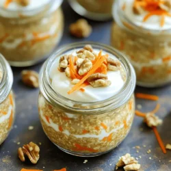 - 1 cup rolled oats - 1 ½ cups almond milk (or any milk of your choice) - 1 large carrot, finely grated Carrot Cake Overnight Oats start with simple, wholesome ingredients. Rolled oats form the base, providing fiber and energy. Almond milk adds creaminess without dairy. Grated carrot gives a sweet, fresh flavor that mimics classic carrot cake. - 1 tablespoon maple syrup (or honey) - 1 teaspoon vanilla extract - ½ teaspoon ground cinnamon - ¼ teaspoon nutmeg These flavor enhancers take your oats to the next level. Maple syrup or honey adds natural sweetness. Vanilla extract gives warmth. Ground cinnamon and nutmeg bring that cozy, spiced flavor we love in carrot cake. - 2 tablespoons chopped walnuts - 2 tablespoons raisins - Greek yogurt (for topping) - Extra walnuts and carrot shavings (for garnish) Add-ins are where you can get creative! Chopped walnuts give a nice crunch. Raisins add chewy sweetness. Greek yogurt on top makes it creamy and rich. Garnish with walnuts and carrot shavings for a pretty finish. For the full recipe, check out the section above. - Combine oats, carrot, almond milk, and sweeteners in a bowl. - Stir thoroughly until well blended. To start, grab a medium-sized mixing bowl. You will mix your oats, carrot, almond milk, maple syrup, vanilla, cinnamon, nutmeg, and a pinch of salt. Make sure to use a spoon to mix everything well. This step is important because it ensures all flavors blend nicely. - Gently fold in walnuts and raisins. If you want a crunch, now’s the time to add walnuts and raisins. Gently fold them into the mixture. This extra step adds both texture and flavor. The nuts and raisins give your oats a lovely bite. - Distribute the mixture into jars and refrigerate overnight for optimal flavor. Next, it's time to portion out the mixture. Use two jars or airtight containers. Make sure to divide the mixture evenly. After sealing the jars, place them in the fridge. Let them chill overnight, or for at least four hours. This soaking time helps the oats absorb the almond milk. In the morning, your oats will be soft and ready to eat. You can also add a splash of milk if you want a thinner texture. Enjoy them directly from the jar or serve in a bowl topped with Greek yogurt. You can find the full recipe with more details included. To get the best texture for your carrot cake overnight oats, adjust the milk. If you like a thicker mix, use less milk. For a creamier feel, add more milk. It all comes down to your taste! Want to amp up the flavor? Toast the walnuts before you mix them in. This simple step brings out their rich taste. It can really make a difference in your dish. If you have any oats left, store them in the fridge. Use an airtight container to keep them fresh. They can last up to three days. Before you eat them, stir them well. If they seem too thick, add a splash of milk. Enjoy your tasty creation later! {{image_4}} You can make yummy carrot cake overnight oats nut-free by skipping walnuts. Use seeds like sunflower seeds or pumpkin seeds instead for crunch. For a dairy-free option, stick with almond milk or coconut milk. These choices keep the dish light and tasty. Feel free to play with flavors! Adding ginger gives a nice kick. You can also mix in coconut flakes for a tropical twist. Try different spices like cardamom or allspice to change things up. Each addition can create a new taste adventure. Serving this dish can be fun! Layer the oats in a glass for a parfait look. Add Greek yogurt, fruit, and nuts in between layers. You can also turn it into a smoothie bowl. Blend the oats with extra milk and top with slices of fruit and more nuts. This makes breakfast creative and colorful. You can store your carrot cake overnight oats in the fridge for up to five days. This makes it easy to enjoy a quick breakfast all week. Just make sure to keep them in airtight containers to maintain freshness. If you notice any change in smell or texture, it’s best to discard them. If you want to save some for later, you can freeze the mixture. Portion the oats into freezer-safe containers or bags. Be sure to leave some space at the top for expansion. They can be frozen for up to three months. This is a great way to have a tasty breakfast ready in advance. To enjoy your frozen oats, move them to the fridge 24 hours before eating. This will help them thaw slowly. You can also microwave them for a quick option. Just add a splash of milk to refresh their texture. Stir well before eating to mix everything together nicely. Enjoy every bite of your delicious carrot cake overnight oats! Yes, you can use quick oats. Quick oats cook faster, so they absorb liquid differently. They may make your oats creamier, but they can also become mushy. Rolled oats give a better texture, staying chewy and hearty. For the best carrot cake overnight oats, I recommend sticking with rolled oats. You can keep carrot cake overnight oats in the fridge for up to five days. They taste best when fresh, but they will still be good after a few days. Just make sure to store them in airtight containers. This keeps them from drying out. Absolutely! Meal prepping is a great idea. You can make several jars at once. Just follow the full recipe and divide it into multiple jars. This way, you have healthy breakfasts ready to go each day. Just grab a jar from the fridge and enjoy! In this post, we explored how to make tasty carrot cake overnight oats. We covered the main ingredients, flavor enhancers, and optional add-ins. You learned easy steps to prepare, store, and even customize your oats. Remember, adjusting the milk gives you the thickness you like. With so many variations, you can make this recipe your own. Now, enjoy the nutritious and sweet start to your day with these simple, delicious oats!