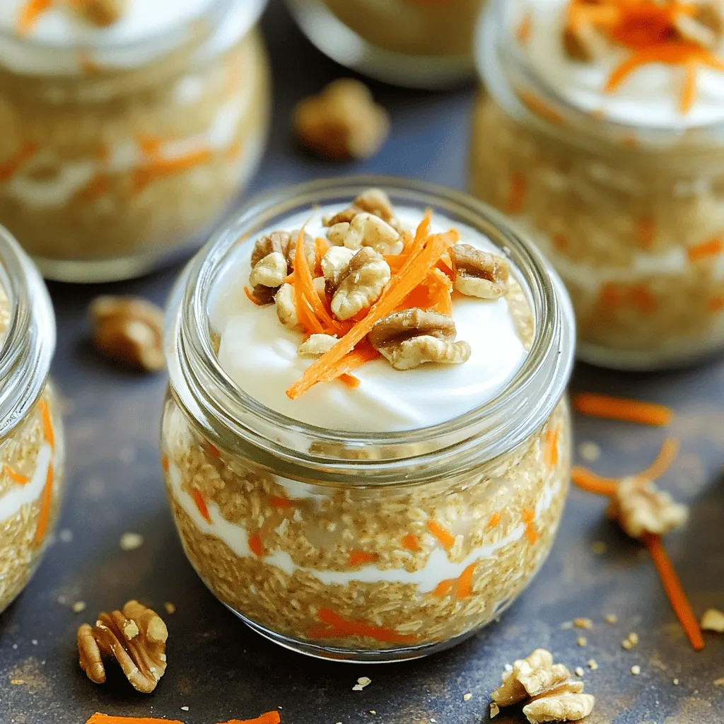 - 1 cup rolled oats - 1 ½ cups almond milk (or any milk of your choice) - 1 large carrot, finely grated Carrot Cake Overnight Oats start with simple, wholesome ingredients. Rolled oats form the base, providing fiber and energy. Almond milk adds creaminess without dairy. Grated carrot gives a sweet, fresh flavor that mimics classic carrot cake. - 1 tablespoon maple syrup (or honey) - 1 teaspoon vanilla extract - ½ teaspoon ground cinnamon - ¼ teaspoon nutmeg These flavor enhancers take your oats to the next level. Maple syrup or honey adds natural sweetness. Vanilla extract gives warmth. Ground cinnamon and nutmeg bring that cozy, spiced flavor we love in carrot cake. - 2 tablespoons chopped walnuts - 2 tablespoons raisins - Greek yogurt (for topping) - Extra walnuts and carrot shavings (for garnish) Add-ins are where you can get creative! Chopped walnuts give a nice crunch. Raisins add chewy sweetness. Greek yogurt on top makes it creamy and rich. Garnish with walnuts and carrot shavings for a pretty finish. For the full recipe, check out the section above. - Combine oats, carrot, almond milk, and sweeteners in a bowl. - Stir thoroughly until well blended. To start, grab a medium-sized mixing bowl. You will mix your oats, carrot, almond milk, maple syrup, vanilla, cinnamon, nutmeg, and a pinch of salt. Make sure to use a spoon to mix everything well. This step is important because it ensures all flavors blend nicely. - Gently fold in walnuts and raisins. If you want a crunch, now’s the time to add walnuts and raisins. Gently fold them into the mixture. This extra step adds both texture and flavor. The nuts and raisins give your oats a lovely bite. - Distribute the mixture into jars and refrigerate overnight for optimal flavor. Next, it's time to portion out the mixture. Use two jars or airtight containers. Make sure to divide the mixture evenly. After sealing the jars, place them in the fridge. Let them chill overnight, or for at least four hours. This soaking time helps the oats absorb the almond milk. In the morning, your oats will be soft and ready to eat. You can also add a splash of milk if you want a thinner texture. Enjoy them directly from the jar or serve in a bowl topped with Greek yogurt. You can find the full recipe with more details included. To get the best texture for your carrot cake overnight oats, adjust the milk. If you like a thicker mix, use less milk. For a creamier feel, add more milk. It all comes down to your taste! Want to amp up the flavor? Toast the walnuts before you mix them in. This simple step brings out their rich taste. It can really make a difference in your dish. If you have any oats left, store them in the fridge. Use an airtight container to keep them fresh. They can last up to three days. Before you eat them, stir them well. If they seem too thick, add a splash of milk. Enjoy your tasty creation later! {{image_4}} You can make yummy carrot cake overnight oats nut-free by skipping walnuts. Use seeds like sunflower seeds or pumpkin seeds instead for crunch. For a dairy-free option, stick with almond milk or coconut milk. These choices keep the dish light and tasty. Feel free to play with flavors! Adding ginger gives a nice kick. You can also mix in coconut flakes for a tropical twist. Try different spices like cardamom or allspice to change things up. Each addition can create a new taste adventure. Serving this dish can be fun! Layer the oats in a glass for a parfait look. Add Greek yogurt, fruit, and nuts in between layers. You can also turn it into a smoothie bowl. Blend the oats with extra milk and top with slices of fruit and more nuts. This makes breakfast creative and colorful. You can store your carrot cake overnight oats in the fridge for up to five days. This makes it easy to enjoy a quick breakfast all week. Just make sure to keep them in airtight containers to maintain freshness. If you notice any change in smell or texture, it’s best to discard them. If you want to save some for later, you can freeze the mixture. Portion the oats into freezer-safe containers or bags. Be sure to leave some space at the top for expansion. They can be frozen for up to three months. This is a great way to have a tasty breakfast ready in advance. To enjoy your frozen oats, move them to the fridge 24 hours before eating. This will help them thaw slowly. You can also microwave them for a quick option. Just add a splash of milk to refresh their texture. Stir well before eating to mix everything together nicely. Enjoy every bite of your delicious carrot cake overnight oats! Yes, you can use quick oats. Quick oats cook faster, so they absorb liquid differently. They may make your oats creamier, but they can also become mushy. Rolled oats give a better texture, staying chewy and hearty. For the best carrot cake overnight oats, I recommend sticking with rolled oats. You can keep carrot cake overnight oats in the fridge for up to five days. They taste best when fresh, but they will still be good after a few days. Just make sure to store them in airtight containers. This keeps them from drying out. Absolutely! Meal prepping is a great idea. You can make several jars at once. Just follow the full recipe and divide it into multiple jars. This way, you have healthy breakfasts ready to go each day. Just grab a jar from the fridge and enjoy! In this post, we explored how to make tasty carrot cake overnight oats. We covered the main ingredients, flavor enhancers, and optional add-ins. You learned easy steps to prepare, store, and even customize your oats. Remember, adjusting the milk gives you the thickness you like. With so many variations, you can make this recipe your own. Now, enjoy the nutritious and sweet start to your day with these simple, delicious oats!