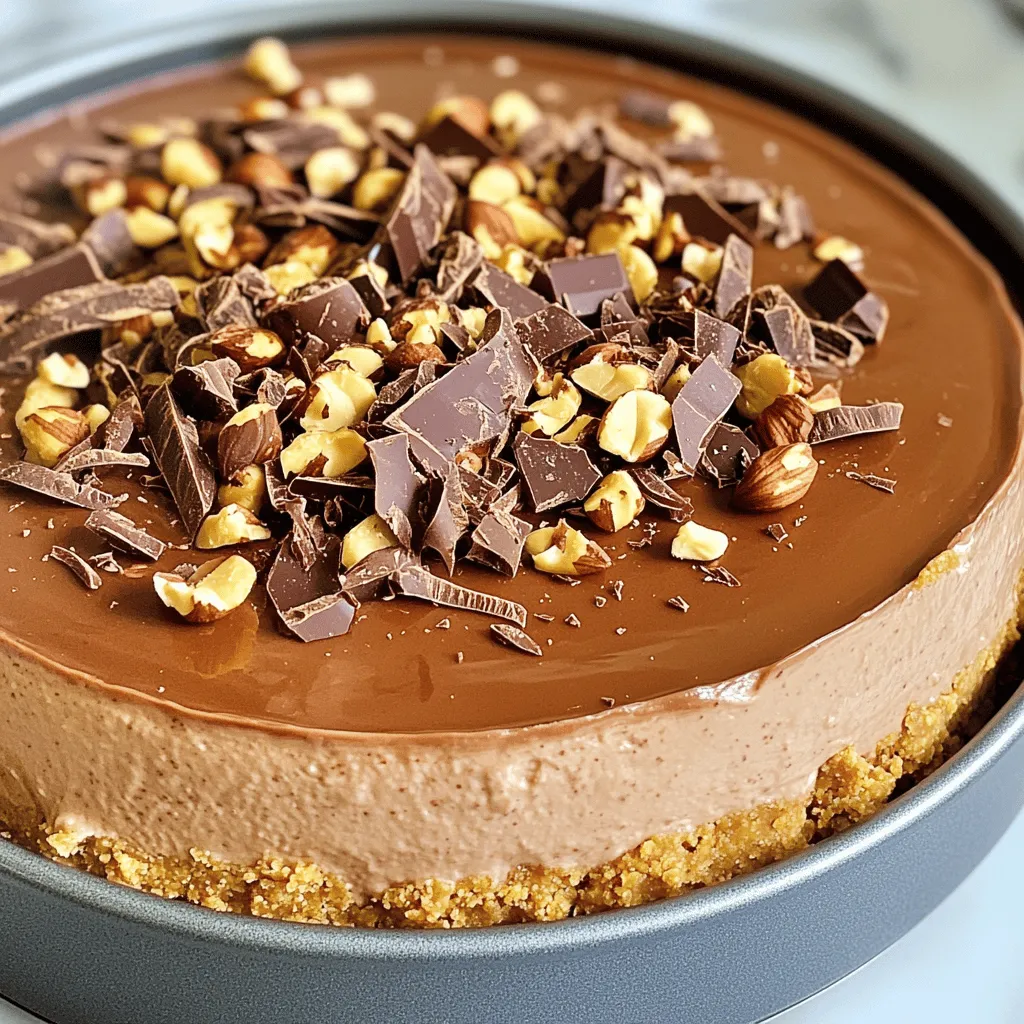 To make a No-Bake Nutella Cheesecake, you will need these main ingredients: - 1 ½ cups graham cracker crumbs - ⅓ cup unsalted butter, melted - 1 cup cream cheese, softened to room temperature - 1 cup Nutella hazelnut spread - ½ cup powdered sugar, sifted - 1 teaspoon pure vanilla extract - 1 cup heavy whipping cream, chilled These ingredients create a rich and creamy dessert. The graham cracker crumbs make a tasty crust, while the Nutella adds that wonderful chocolatey flavor. You will need a few essential tools to make this cheesecake: - 9-inch springform pan - Medium mixing bowl - Large mixing bowl - Electric mixer - Spatula - Plastic wrap or aluminum foil Having the right tools makes the process easier and more fun. A springform pan helps you easily remove the cheesecake. To make your cheesecake even more delightful, consider these optional garnishes: - 1 cup chocolate shavings - ¼ cup chopped hazelnuts These garnishes add a nice crunch. They also make the cheesecake look fancy and inviting. For the full recipe, check the link above. To start, gather your ingredients. You need graham cracker crumbs and melted butter. In a medium bowl, mix the graham cracker crumbs with the melted butter. Stir until it feels like wet sand. Then, take the mixture and press it into a 9-inch springform pan. Use a measuring cup or your hands to make it firm and even. This crust will be the base of your cheesecake. Place the crust in the fridge to chill while you prepare the filling. Now, let’s make the filling. In a large bowl, beat the softened cream cheese with an electric mixer. Do this on medium speed for about 2-3 minutes. It should look smooth and creamy. Next, add the Nutella, sifted powdered sugar, and vanilla extract. Mix until everything blends well and there are no lumps. In another bowl, pour in the chilled heavy whipping cream. Whip it on medium-high speed until you see stiff peaks, which takes about 3-4 minutes. Now, gently fold the whipped cream into the Nutella mixture. Use a spatula and be careful not to deflate the whipped cream. Once your filling is ready, it’s time to assemble. Take the chilled crust from the fridge and pour the Nutella filling over it. Use a spatula to spread it evenly. After that, cover the cheesecake with plastic wrap or foil. Place it back in the fridge to chill for at least 4 hours. For the best taste, let it chill overnight. This waiting helps the flavors blend nicely. When it’s time to serve, unlock the springform pan and slice the cheesecake. Garnish each slice with chocolate shavings and chopped hazelnuts. Enjoy your delightful no-bake Nutella cheesecake! For the complete process, check the Full Recipe. When making no-bake Nutella cheesecake, avoid overmixing the cream cheese. This can lead to a dense filling. Make sure to fold the whipped cream gently. If you mix too hard, you will lose the light texture. Also, ensure your cream cheese is at room temperature. Cold cream cheese can create lumps in your mix. To get the best texture, whip the heavy cream until it forms stiff peaks. This step adds air, making the cheesecake fluffy. When you mix the whipped cream into the Nutella mixture, do it slowly. This helps keep the lightness. Chilling the cheesecake overnight helps it set up perfectly. Serve your cheesecake chilled. Top each slice with chocolate shavings and chopped hazelnuts for added flavor. You can also add fresh berries, like strawberries or raspberries, for a fruity twist. If you're feeling extra, drizzle some warm chocolate sauce on top. Each bite will be a treat! {{image_4}} You can change the flavor of the cheesecake easily. Try adding peanut butter for a nutty twist. Or swap Nutella for other spreads like cookie butter or caramel. For a fruity touch, mix in pureed strawberries or raspberries. This adds a nice tartness that pairs well with the creaminess of the cheesecake. You can make this cheesecake fit your diet. For a gluten-free version, use gluten-free graham crackers. If you're dairy-free, choose a dairy-free cream cheese and coconut cream instead of heavy cream. For a lower-sugar option, use a sugar substitute in place of powdered sugar. This way, everyone can enjoy a slice! Make serving fun and unique! Instead of cutting slices, serve mini cheesecakes in jars. Layer the crust and filling alternately for a cute look. You can also make cheesecake bites by forming small balls and dipping them in chocolate. These bite-sized treats are great for parties. Don’t forget to check the Full Recipe for more ideas! To store your no-bake Nutella cheesecake, place it in an airtight container. If you used a springform pan, cover it with plastic wrap. This keeps the cheesecake fresh and prevents it from absorbing other fridge smells. Make sure to keep it in the fridge, where it will stay good for up to five days. If you want to save some for later, freezing is a great option. First, slice the cheesecake into individual portions. Wrap each slice tightly in plastic wrap, then place them in a freezer-safe bag. This way, you can enjoy a slice anytime! The cheesecake can last up to two months in the freezer. To thaw, simply move a slice to the fridge for a few hours or overnight. You don’t need to reheat this cheesecake. It’s meant to be served cold. After thawing, let it sit at room temperature for about ten minutes for the best texture. You can also top it with fresh chocolate shavings or nuts before serving for a delightful touch. Enjoy your sweet treat! Yes, you can use other cookies for the crust. I often try Oreos, vanilla wafers, or even chocolate chip cookies. Just crush them the same way as graham crackers. Mix them with the melted butter and follow the same steps. This gives a fun twist to the flavor. You can store this cheesecake for up to five days in the fridge. Just keep it covered with plastic wrap or in an airtight container. The flavors get even better as it sits, so don't worry if it lasts a bit. Absolutely! This cheesecake is perfect for making ahead. I recommend making it the day before you plan to serve it. This way, it has enough time to chill and set. Plus, it saves you time on the day of your event. Just follow the full recipe for best results. This article covers the key ingredients and tools needed to create a delicious cheesecake. You learned how to prepare the crust and filling, as well as assembling and chilling your treat. We also explored tips to avoid common mistakes and achieve the perfect texture. You can customize your cheesecake with different flavors and storage methods. Remember, planning ahead helps in making this dessert a success. Enjoy your cheesecake-making journey and impress your friends and family with your tasty creation!