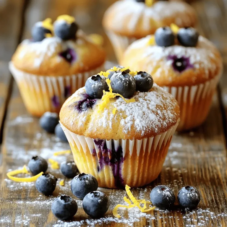 For the best lemon blueberry muffins, start with fresh, quality ingredients. Here’s what you need: - 2 cups all-purpose flour - 1 tablespoon baking powder - 1/2 teaspoon baking soda - 1/2 teaspoon salt - 1/4 cup unsalted butter, softened - 1 cup granulated sugar - 2 large eggs - 1 teaspoon vanilla extract - 1/2 cup buttermilk - Zest of 1 large lemon - 1 1/2 cups fresh blueberries - 1 tablespoon freshly squeezed lemon juice Each ingredient plays a key role. The flour gives structure, while baking powder and soda help the muffins rise. Butter adds a rich flavor, and sugar balances the tartness of the lemon. Eggs bind the mix and add moisture. Buttermilk keeps the muffins tender and fluffy. Using fresh blueberries is vital for bright flavor and juicy bites. Lemon zest and juice enhance the muffins with a zesty kick. This combination creates a delicious balance of sweet and tart. You can find the full recipe linked above for detailed instructions. Enjoy baking these delightful treats! Preheat Oven and Prepare Muffin Tin First, preheat your oven to 375°F (190°C). This step is key for baking. Next, get your muffin tin ready. You can line it with paper liners or grease each cup with butter or cooking spray. Combine Dry Ingredients Grab a medium mixing bowl. In it, mix together 2 cups of all-purpose flour, 1 tablespoon of baking powder, 1/2 teaspoon of baking soda, and 1/2 teaspoon of salt. Whisk them well until they are fully blended. This mix helps your muffins rise and taste great. Cream Butter and Sugar In a large mixing bowl, use an electric mixer on medium speed. Add 1/4 cup of softened butter and 1 cup of granulated sugar. Beat this mixture for about 3 to 5 minutes. You want it to be light and fluffy. This step adds air to your muffins. Add Eggs and Wet Ingredients Next, add 2 large eggs to the mixture. Do this one at a time. Make sure each egg blends in well before adding the next. Stir in 1 teaspoon of vanilla extract and the zest of 1 large lemon. This will boost the flavor. Mix Dry and Wet Ingredients Together Now, take the dry ingredients you mixed earlier. Gradually add them to the wet mix. Stir gently until just combined. Be careful not to overmix. Overmixing can make your muffins tough. Fold in Blueberries Take 1 1/2 cups of fresh blueberries and gently fold them into the batter. Use a spatula and make sure the berries are spread evenly. Avoid breaking them, as this keeps your muffins looking beautiful. Fill Muffin Cups and Bake Use a spoon or an ice cream scoop to fill each muffin cup. Fill them about two-thirds full. Then, place the muffin tin in your preheated oven. Bake for 18 to 22 minutes. To check if they are done, insert a toothpick into the center of a muffin. If it comes out clean, they are ready. Once baked, let the muffins cool in the tin for about 5 minutes. After that, transfer them to a wire rack to cool completely. For the full recipe, refer to the earlier section. To make your muffins fluffy, measure your flour correctly. Use a spoon to scoop flour into a measuring cup. This method prevents packing and gives you the right amount. Another tip is to mix the wet and dry ingredients separately before combining them. This keeps the batter light. Don’t overmix! Stir just until the flour disappears. Overmixing can lead to dense muffins. To keep your muffins fresh, store them in an airtight container. This helps them stay moist and soft. If you plan to eat them later, freeze them. Wrap each muffin in plastic wrap, then place them in a freezer bag. This keeps them fresh for about three months. When you're ready, let them thaw at room temperature or warm them in the oven. Serve your lemon blueberry muffins warm for the best taste. Add a light dusting of powdered sugar on top for a sweet touch. You can also drizzle a bit of honey or maple syrup for extra flavor. For a colorful touch, garnish with fresh blueberries or lemon zest. These muffins pair well with tea or coffee, making them a perfect treat for breakfast or snack time. Check out the Full Recipe for more tips! {{image_4}} You can make these muffins gluten-free by using a gluten-free flour blend. Look for blends that include xanthan gum. This helps the muffins rise and hold together. Simply replace the all-purpose flour with the gluten-free blend in the recipe. The taste and texture will still be delightful. For a vegan version, swap out the eggs and butter. Use flaxseed meal mixed with water as an egg substitute. Combine 1 tablespoon of flaxseed meal with 2.5 tablespoons of water for one egg. Instead of butter, use coconut oil or a vegan butter alternative. This keeps your muffins moist and tasty. You can play with flavors in these muffins. Almond extract adds a nice touch. Just use half a teaspoon alongside the vanilla. If you like poppy seeds, add a tablespoon for a lemon poppy seed twist. These little changes can create fun and unique versions of your lemon blueberry muffins. For the full recipe, check out the Zesty Lemon Blueberry Bliss Muffins. To keep your lemon blueberry muffins fresh, place them in an airtight container. You can also wrap each muffin in plastic wrap. Store them at room temperature for up to three days. If you want them to last longer, consider refrigerating them for about a week. However, this may change their texture slightly. Freezing muffins is a great way to enjoy them later. First, let the muffins cool completely. Then, wrap each muffin tightly in plastic wrap. Place the wrapped muffins in a freezer-safe bag or container. They can last up to three months in the freezer. When you're ready, just pull one out and let it thaw at room temperature. Reheating muffins can bring back their warm, fresh taste. You can use the oven or microwave. To use the oven, preheat it to 350°F (175°C). Place the muffins on a baking sheet and heat for about 10 minutes. If you’re using the microwave, heat each muffin for about 20-30 seconds. Enjoy them warm for the best flavor! Check the full recipe for more tips. The best blueberries for muffins are fresh, plump, and ripe. Look for blueberries that are dark blue and firm. They should not be mushy or have green spots. Fresh blueberries give your muffins a juicy burst. If fresh ones are not available, you can choose frozen ones. Just make sure to thaw and drain them before adding to your batter. To boost the lemon flavor in your muffins, use more lemon zest. Adding the zest of two lemons instead of one will enhance the taste. You can also increase the lemon juice to two tablespoons for a tangy kick. Another option is to add a bit of lemon extract. This will deepen the flavor and make every bite bright and refreshing. Yes, you can replace buttermilk with regular milk. For a similar effect, mix regular milk with a little lemon juice. Use 1/2 tablespoon of lemon juice in 1/2 cup of milk. Let it sit for a few minutes before adding it to the batter. This will create a tangy taste that mimics buttermilk well. Lemon blueberry muffins can last about 2 to 3 days at room temperature. Store them in an airtight container to keep them fresh. If you want to keep them longer, consider freezing them. They can last up to 3 months in the freezer. Just make sure to wrap them tightly to prevent freezer burn. Yes, you can use frozen blueberries in this recipe. They are a great alternative to fresh ones. Just remember to thaw them and drain any extra liquid before adding them to the batter. This will help keep your muffins from becoming soggy. Using frozen blueberries can save time and still give you tasty muffins. For more detailed instructions, check the Full Recipe for Zesty Lemon Blueberry Bliss Muffins. In this blog post, we've explored a simple recipe for lemon blueberry muffins. You learned about the key ingredients and steps needed to bake these tasty treats. We shared tips for fluffy muffins, storage, and even variations for special diets. Baking can be fun and easy with the right steps. Don’t hesitate to try different flavors or make your muffins last longer with proper storage. Enjoy baking and sharing your delicious creations!