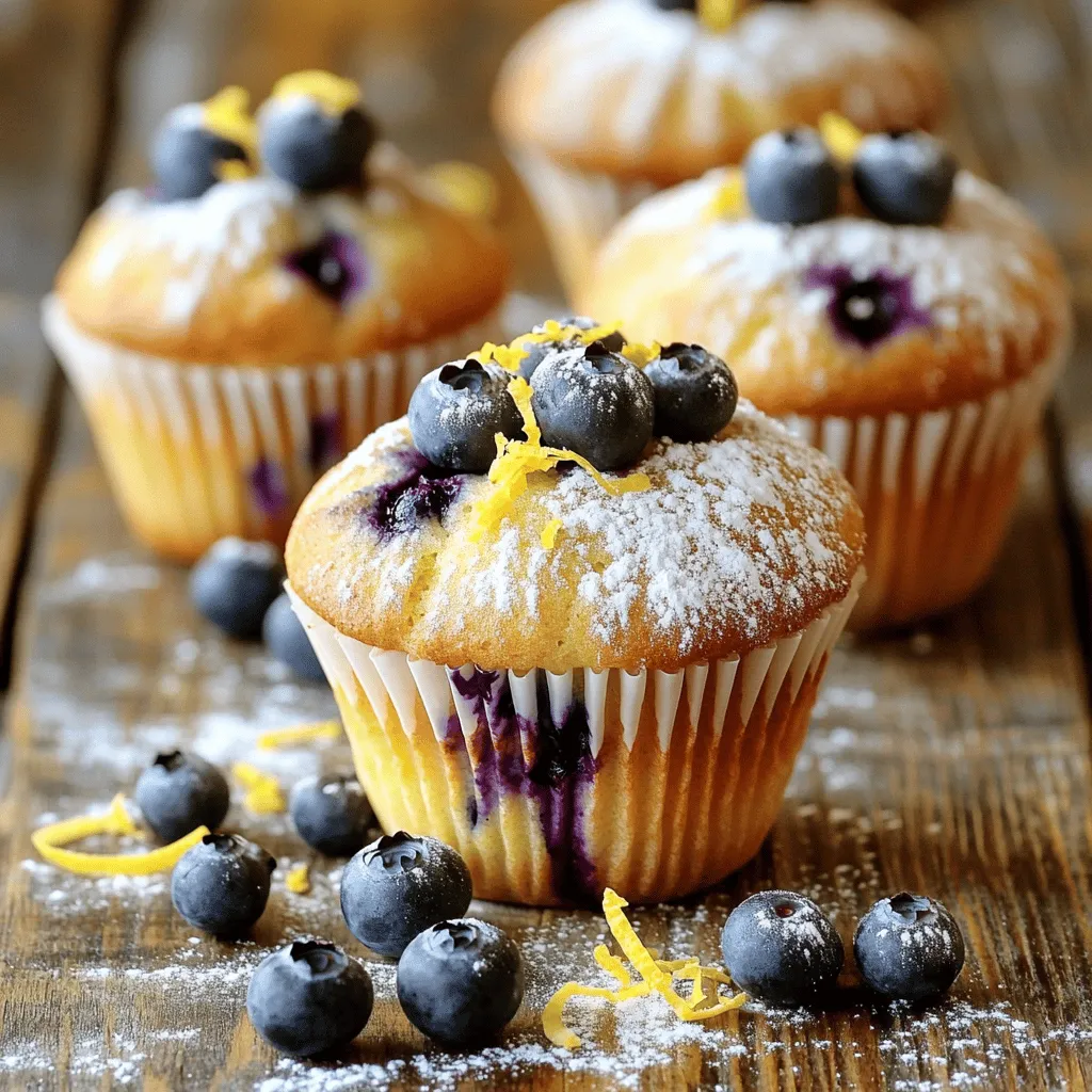 For the best lemon blueberry muffins, start with fresh, quality ingredients. Here’s what you need: - 2 cups all-purpose flour - 1 tablespoon baking powder - 1/2 teaspoon baking soda - 1/2 teaspoon salt - 1/4 cup unsalted butter, softened - 1 cup granulated sugar - 2 large eggs - 1 teaspoon vanilla extract - 1/2 cup buttermilk - Zest of 1 large lemon - 1 1/2 cups fresh blueberries - 1 tablespoon freshly squeezed lemon juice Each ingredient plays a key role. The flour gives structure, while baking powder and soda help the muffins rise. Butter adds a rich flavor, and sugar balances the tartness of the lemon. Eggs bind the mix and add moisture. Buttermilk keeps the muffins tender and fluffy. Using fresh blueberries is vital for bright flavor and juicy bites. Lemon zest and juice enhance the muffins with a zesty kick. This combination creates a delicious balance of sweet and tart. You can find the full recipe linked above for detailed instructions. Enjoy baking these delightful treats! Preheat Oven and Prepare Muffin Tin First, preheat your oven to 375°F (190°C). This step is key for baking. Next, get your muffin tin ready. You can line it with paper liners or grease each cup with butter or cooking spray. Combine Dry Ingredients Grab a medium mixing bowl. In it, mix together 2 cups of all-purpose flour, 1 tablespoon of baking powder, 1/2 teaspoon of baking soda, and 1/2 teaspoon of salt. Whisk them well until they are fully blended. This mix helps your muffins rise and taste great. Cream Butter and Sugar In a large mixing bowl, use an electric mixer on medium speed. Add 1/4 cup of softened butter and 1 cup of granulated sugar. Beat this mixture for about 3 to 5 minutes. You want it to be light and fluffy. This step adds air to your muffins. Add Eggs and Wet Ingredients Next, add 2 large eggs to the mixture. Do this one at a time. Make sure each egg blends in well before adding the next. Stir in 1 teaspoon of vanilla extract and the zest of 1 large lemon. This will boost the flavor. Mix Dry and Wet Ingredients Together Now, take the dry ingredients you mixed earlier. Gradually add them to the wet mix. Stir gently until just combined. Be careful not to overmix. Overmixing can make your muffins tough. Fold in Blueberries Take 1 1/2 cups of fresh blueberries and gently fold them into the batter. Use a spatula and make sure the berries are spread evenly. Avoid breaking them, as this keeps your muffins looking beautiful. Fill Muffin Cups and Bake Use a spoon or an ice cream scoop to fill each muffin cup. Fill them about two-thirds full. Then, place the muffin tin in your preheated oven. Bake for 18 to 22 minutes. To check if they are done, insert a toothpick into the center of a muffin. If it comes out clean, they are ready. Once baked, let the muffins cool in the tin for about 5 minutes. After that, transfer them to a wire rack to cool completely. For the full recipe, refer to the earlier section. To make your muffins fluffy, measure your flour correctly. Use a spoon to scoop flour into a measuring cup. This method prevents packing and gives you the right amount. Another tip is to mix the wet and dry ingredients separately before combining them. This keeps the batter light. Don’t overmix! Stir just until the flour disappears. Overmixing can lead to dense muffins. To keep your muffins fresh, store them in an airtight container. This helps them stay moist and soft. If you plan to eat them later, freeze them. Wrap each muffin in plastic wrap, then place them in a freezer bag. This keeps them fresh for about three months. When you're ready, let them thaw at room temperature or warm them in the oven. Serve your lemon blueberry muffins warm for the best taste. Add a light dusting of powdered sugar on top for a sweet touch. You can also drizzle a bit of honey or maple syrup for extra flavor. For a colorful touch, garnish with fresh blueberries or lemon zest. These muffins pair well with tea or coffee, making them a perfect treat for breakfast or snack time. Check out the Full Recipe for more tips! {{image_4}} You can make these muffins gluten-free by using a gluten-free flour blend. Look for blends that include xanthan gum. This helps the muffins rise and hold together. Simply replace the all-purpose flour with the gluten-free blend in the recipe. The taste and texture will still be delightful. For a vegan version, swap out the eggs and butter. Use flaxseed meal mixed with water as an egg substitute. Combine 1 tablespoon of flaxseed meal with 2.5 tablespoons of water for one egg. Instead of butter, use coconut oil or a vegan butter alternative. This keeps your muffins moist and tasty. You can play with flavors in these muffins. Almond extract adds a nice touch. Just use half a teaspoon alongside the vanilla. If you like poppy seeds, add a tablespoon for a lemon poppy seed twist. These little changes can create fun and unique versions of your lemon blueberry muffins. For the full recipe, check out the Zesty Lemon Blueberry Bliss Muffins. To keep your lemon blueberry muffins fresh, place them in an airtight container. You can also wrap each muffin in plastic wrap. Store them at room temperature for up to three days. If you want them to last longer, consider refrigerating them for about a week. However, this may change their texture slightly. Freezing muffins is a great way to enjoy them later. First, let the muffins cool completely. Then, wrap each muffin tightly in plastic wrap. Place the wrapped muffins in a freezer-safe bag or container. They can last up to three months in the freezer. When you're ready, just pull one out and let it thaw at room temperature. Reheating muffins can bring back their warm, fresh taste. You can use the oven or microwave. To use the oven, preheat it to 350°F (175°C). Place the muffins on a baking sheet and heat for about 10 minutes. If you’re using the microwave, heat each muffin for about 20-30 seconds. Enjoy them warm for the best flavor! Check the full recipe for more tips. The best blueberries for muffins are fresh, plump, and ripe. Look for blueberries that are dark blue and firm. They should not be mushy or have green spots. Fresh blueberries give your muffins a juicy burst. If fresh ones are not available, you can choose frozen ones. Just make sure to thaw and drain them before adding to your batter. To boost the lemon flavor in your muffins, use more lemon zest. Adding the zest of two lemons instead of one will enhance the taste. You can also increase the lemon juice to two tablespoons for a tangy kick. Another option is to add a bit of lemon extract. This will deepen the flavor and make every bite bright and refreshing. Yes, you can replace buttermilk with regular milk. For a similar effect, mix regular milk with a little lemon juice. Use 1/2 tablespoon of lemon juice in 1/2 cup of milk. Let it sit for a few minutes before adding it to the batter. This will create a tangy taste that mimics buttermilk well. Lemon blueberry muffins can last about 2 to 3 days at room temperature. Store them in an airtight container to keep them fresh. If you want to keep them longer, consider freezing them. They can last up to 3 months in the freezer. Just make sure to wrap them tightly to prevent freezer burn. Yes, you can use frozen blueberries in this recipe. They are a great alternative to fresh ones. Just remember to thaw them and drain any extra liquid before adding them to the batter. This will help keep your muffins from becoming soggy. Using frozen blueberries can save time and still give you tasty muffins. For more detailed instructions, check the Full Recipe for Zesty Lemon Blueberry Bliss Muffins. In this blog post, we've explored a simple recipe for lemon blueberry muffins. You learned about the key ingredients and steps needed to bake these tasty treats. We shared tips for fluffy muffins, storage, and even variations for special diets. Baking can be fun and easy with the right steps. Don’t hesitate to try different flavors or make your muffins last longer with proper storage. Enjoy baking and sharing your delicious creations!