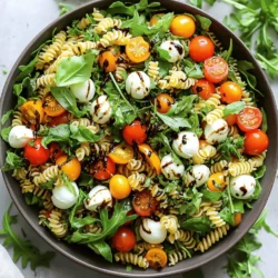 - 8 ounces fusilli or rotini pasta - 1 cup cherry tomatoes, halved - 1 cup fresh mozzarella balls (bocconcini), halved - 1 cup fresh basil leaves, roughly chopped - 1 clove garlic, minced - 3 tablespoons balsamic glaze - 4 tablespoons extra virgin olive oil - Salt, to taste - Freshly cracked black pepper, to taste - 1/4 teaspoon red pepper flakes (optional, for heat) - 1/2 cup arugula (for added freshness and flavor) When making Caprese Pasta Salad, fresh ingredients are key. The pasta should be cooked until just right. I like using fusilli or rotini for their shape and texture. They hold the dressing well and add a fun twist to each bite. Cherry tomatoes bring sweetness and color. Halving them makes it easy to pop them into your mouth. Fresh mozzarella balls add creaminess and a mild flavor. They blend well with the pasta and tomatoes. Chopped basil leaves bring a fragrant herb note that brightens the dish. For the dressing, minced garlic adds a nice kick. Balsamic glaze gives a sweet and tangy flavor. Extra virgin olive oil adds richness and ties everything together. The seasoning is simple but makes a big impact. Salt and black pepper enhance all the flavors. For those who like heat, red pepper flakes add a nice touch. Finally, arugula adds a peppery bite and extra freshness. This mix of ingredients creates a colorful and tasty salad that everyone will love. You can find the full recipe and instructions to create this delightful dish. 1. Bring a large pot of salted water to a rolling boil. 2. Add 8 ounces of fusilli or rotini pasta. 3. Cook the pasta until al dente, about 8 to 10 minutes. 4. Once cooked, drain the pasta and rinse it under cold water. This stops the cooking process and cools the pasta down. 1. In a small bowl, combine 1 clove of minced garlic, 3 tablespoons of balsamic glaze, and 4 tablespoons of extra virgin olive oil. 2. Add a pinch of salt and freshly cracked black pepper to taste. 3. Whisk these ingredients together until well blended. Set it aside to let the flavors mix. 1. In a large bowl, combine the cooled pasta, 1 cup of halved cherry tomatoes, and 1 cup of halved fresh mozzarella balls. 2. Gently fold in 1 cup of roughly chopped basil and 1/2 cup of arugula. 3. Drizzle the dressing over the salad and toss gently to coat everything evenly. This Caprese Pasta Salad is fresh and full of flavor. You can find the Full Recipe above for more details! - Serve the salad at room temperature or chilled. - Use a large, shallow bowl for an appealing look. - Garnish with whole basil leaves and a drizzle of balsamic glaze. - Let the salad sit for 10 minutes before serving. - This helps the flavors blend well. - Taste and adjust the seasoning to your liking. - Always use fresh, high-quality ingredients for the best taste. - Avoid overcooking the pasta so it stays firm. - Rinse the pasta with cold water to stop cooking. These tips will help you create a delicious Caprese pasta salad. For the full recipe, check out the detailed instructions above. {{image_4}} You can easily swap fusilli for another pasta type. Penne or rotini works well too. If you want a different cheese flavor, try feta or goat cheese. These cheeses add a tangy twist and pair nicely with the fresh basil. Want more flavor? You can add olives or roasted peppers. They give a nice salty taste. Diced cucumber or avocados can also refresh the salad. Their crunch makes each bite exciting and fun. If you need a vegan version, just omit the cheese. The salad will still taste great without it. For a gluten-free option, use pasta made from rice or corn. Both options keep the dish light and enjoyable while accommodating dietary needs. For the full recipe, check out Caprese Pasta Salad Delight. Store your Caprese pasta salad in an airtight container in the fridge. It tastes best when eaten fresh, but you can enjoy it for up to 3-5 days. Just make sure to check for any changes in smell or appearance before eating. You can freeze this salad, but it may change the texture. If you decide to freeze it, pack it tightly in a freezer-safe container. When you're ready to eat, thaw it in the refrigerator overnight. This way, you keep some of its original flavor. Before serving after storage, re-toss the salad with fresh dressing. This step brings back the flavor and makes it taste fresh again. You can also add a handful of fresh ingredients, like extra basil or cherry tomatoes, to rejuvenate it. These little touches make a big difference! To make Caprese Pasta Salad, follow these steps: 1. Cook the Pasta: Boil salted water. Add 8 ounces of fusilli or rotini pasta. Cook for 8-10 minutes until al dente. Drain and rinse it under cold water. 2. Prepare the Dressing: In a bowl, mix 1 clove of minced garlic, 3 tablespoons of balsamic glaze, and 4 tablespoons of extra virgin olive oil. Add a pinch of salt and pepper. Whisk until blended. 3. Combine Ingredients: In a large bowl, add the cooled pasta, 1 cup of halved cherry tomatoes, and 1 cup of halved fresh mozzarella balls. Toss gently. 4. Add Freshness: Fold in 1 cup of roughly chopped basil leaves and 1/2 cup of arugula. Drizzle the dressing over the salad and toss to coat. 5. Adjust Seasoning: Taste and add more salt or pepper if needed. Let it sit for 10 minutes to enhance the flavors. 6. Serve: Enjoy at room temp or chill for a refreshing treat. For a detailed guide, check out the Full Recipe. Yes, you can make this salad ahead of time. Prepare it a few hours in advance for best results. Here are some tips: - Store Ingredients Separately: Keep the dressing and salad components apart until you are ready to serve. This keeps the pasta from getting soggy. - Combine Before Serving: Mix everything just before serving to maintain freshness. - Chill: If you want a cold salad, store it in the fridge. It stays fresh for about 3-5 days. Caprese Pasta Salad pairs well with many dishes. Here are some tasty suggestions: - Grilled Chicken: Serve alongside grilled chicken for a protein boost. - Garlic Bread: This makes a nice side for a complete meal. - Antipasto Platter: A selection of cured meats, cheeses, and olives goes great with the salad. - Fresh Fruit: A fruit salad can balance the meal, adding a sweet touch. Try these pairings to elevate your Caprese Pasta Salad experience! This blog post walks you through making a delicious Caprese Pasta Salad. We covered the key ingredients, from pasta to fresh basil. I detailed step-by-step instructions for cooking the pasta, making the dressing, and mixing everything together. You learned tips for serving, enhancing flavor, and dietary adjustments. Remember to store it properly to keep it fresh. Whether you're enjoying a meal or sharing it at a gathering, this salad is a great choice. Enjoy creating this vibrant dish that’s sure to impress!