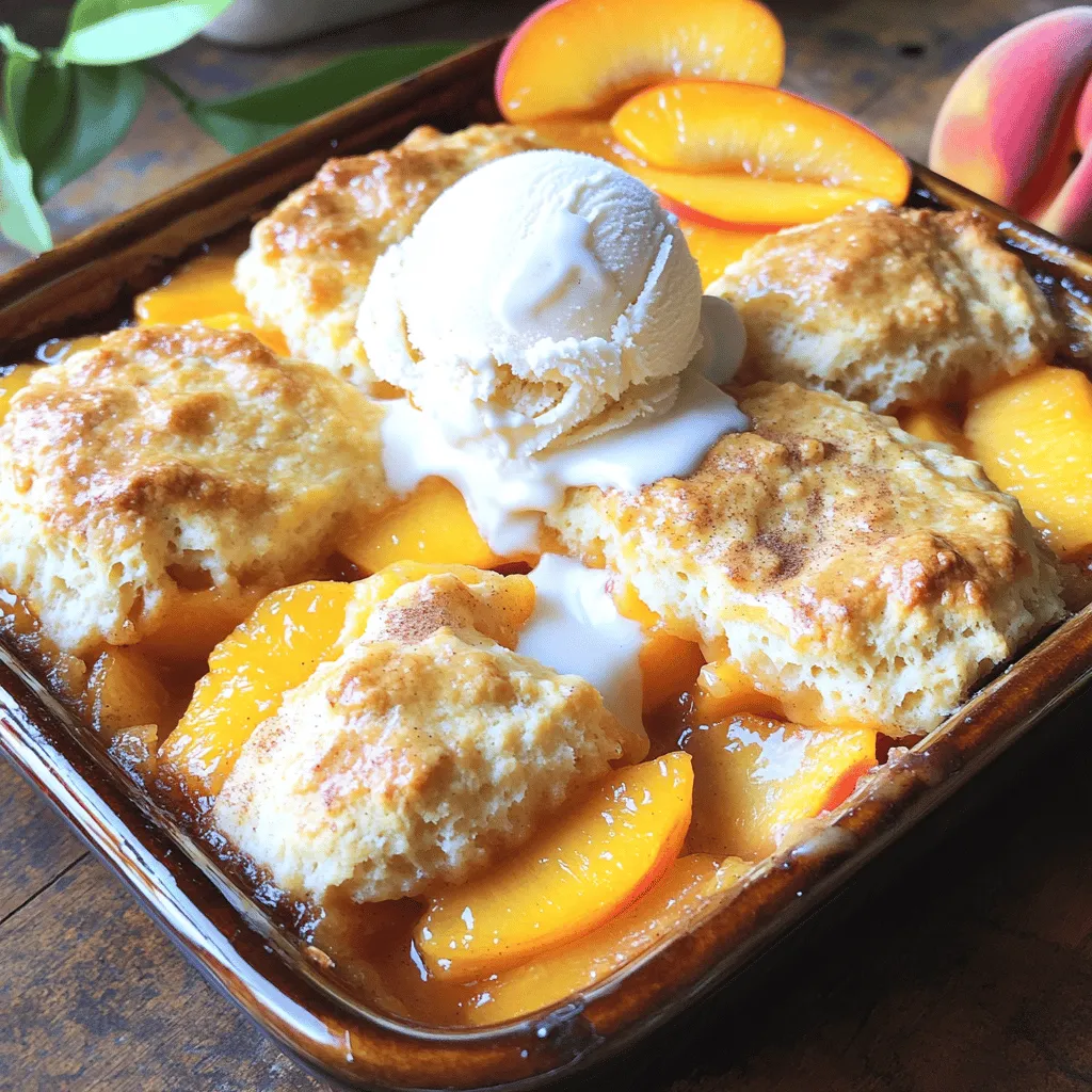 To make Peach Cobbler with Biscuit Topping, you need the following items: - 6 ripe peaches, peeled and sliced into wedges - 1 cup granulated sugar, divided into two ½ cup portions - 1 tablespoon fresh lemon juice - 1 teaspoon pure vanilla extract - 1 teaspoon ground cinnamon - 2 cups all-purpose flour - 2 tablespoons baking powder - ½ teaspoon salt - ¾ cup whole milk - ½ cup unsalted butter, melted and slightly cooled - 1 teaspoon almond extract - 1 tablespoon unsalted butter (for greasing the baking dish) Using fresh peaches makes a big difference in flavor. Look for peaches that are ripe, sweet, and slightly soft to the touch. They should smell fragrant and have a nice golden color. If fresh peaches are out of season, canned peaches can work too, but they may add extra juice. When using canned peaches, drain them well before adding to the mix. For the best taste, I recommend using peaches when they are in season, usually from late summer to early fall. This gives you the sweetest and juiciest fruit for your cobbler. Enjoy the process, and don’t hesitate to experiment with different peach varieties for unique flavors! 1. Preheat your oven to 375°F (190°C). This helps the cobbler bake evenly. 2. Take the unsalted butter and grease a 9x13 inch baking dish. Use 1 tablespoon of butter for this. Set the dish aside. 3. Slice the ripe peaches into wedges. In a large bowl, combine the peaches with ½ cup of granulated sugar. 4. Add fresh lemon juice, vanilla extract, and ground cinnamon to the peaches. Stir gently to coat the peaches well. Let them sit for about 10 minutes. This will help the flavors blend and create juices. 5. In another bowl, whisk together the flour, baking powder, salt, and the remaining ½ cup of sugar. Mix well. 6. Now, add melted butter, whole milk, and almond extract to the dry mixture. Stir until just combined. It’s okay if some lumps remain. Do not overmix the batter. 1. Pour the peach mixture, along with any juices, into the greased baking dish. Spread it out evenly. 2. Use a spoon to drop spoonfuls of the biscuit batter over the peaches. Don’t worry if it doesn’t cover everything. 3. Place the dish in the preheated oven and bake it for 35-40 minutes. You’ll know it’s done when the biscuit topping is golden brown. A toothpick should come out clean when inserted into the center. To serve, let the cobbler cool for about 10 minutes. This helps the juices set. Serve it warm with a scoop of vanilla ice cream on top. You can also sprinkle a little ground cinnamon for extra flavor. For a nice touch, garnish your plates with fresh peach slices. Enjoy this delightful dessert warm for the best taste experience! For the full recipe, check out the details provided above. To make the best biscuit topping, avoid these common mistakes: - Overmixing: This makes the topping tough. Stir just until combined. - Using cold butter: It should be melted and slightly cool for a better texture. - Ignoring the fruit: Let the peach mixture sit to release juices before baking. For tools, I suggest these: - Mixing bowls: Use two for dry and wet ingredients. - Whisk: This helps blend your dry mix well. - Spatula: A rubber spatula works great for folding the batter. To add extra spice or flavor, try these ideas: - Nutmeg: A pinch can add warmth. - Ginger: Fresh or ground ginger gives a nice kick. - Cinnamon: Use more than the recipe calls for, if you love it. For fruit alternatives, consider: - Berries: Blueberries or raspberries mix well with peaches. - Apples: Tart apples bring a crispness to the dish. - Plums: These add a sweet-tart contrast. Explore the full recipe for more tips! {{image_4}} If you need to make your peach cobbler fit special diets, don't worry! You can easily adjust the ingredients. - Gluten-free flour alternatives: Use a gluten-free all-purpose flour mix instead of regular flour. Look for blends that include rice flour or almond flour. These options will keep the texture light and tasty. - Vegan substitutions for butter and milk: Swap out the butter for coconut oil or vegan butter. For milk, use almond milk or oat milk. These changes make the cobbler vegan without losing flavor. Peach cobbler is great, but you can switch it up with other fruits too! - Using berries or apples in the recipe: Try adding blueberries, raspberries, or diced apples. Each fruit offers a new taste. Just remember that apples may need a bit more sugar than peaches. - How to adjust sugar levels for other fruits: Different fruits have varied sweetness levels. Taste your fruit mixture before baking. If the fruit is tart, you may want to add more sugar. For sweeter fruits, cut the sugar down a bit to keep balance. For the full recipe, check the details above and see how these variations can make your cobbler unique! To keep your peach cobbler fresh, refrigerate it. Place it in an airtight container. This helps keep the flavors strong and the texture nice. You can store it for up to four days. If you want to save it for longer, freeze it. To freeze the cobbler, let it cool completely. Cut it into portions and wrap each piece tightly in plastic wrap. Then, put the wrapped pieces in a freezer-safe bag. This way, you can enjoy it for up to three months. When you're ready to eat your cobbler, reheating it is easy. The best way is to use an oven. Preheat your oven to 350°F (175°C). Place the cobbler in a baking dish and cover it with foil. Heat it for about 15-20 minutes. This keeps the topping from getting too hard. If you prefer a microwave, use it with care. Heat small portions for 30 seconds at a time. Check after each time to avoid overheating. The ideal serving temperature is warm, around 120°F (49°C). This makes the flavors pop and enhances the experience. How do I tell when the cobbler is done baking? You can tell the cobbler is done when the topping turns golden brown. Stick a toothpick into the center; it should come out clean. This shows the batter cooked through. The baking time is usually 35 to 40 minutes at 375°F (190°C). Can I use frozen peaches instead of fresh ones? Yes, you can use frozen peaches. Just thaw and drain them first. This helps remove extra moisture. If you skip this step, your cobbler may become watery. Can I make the biscuit topping ahead of time? Yes, you can prepare the biscuit topping ahead. Just cover it and store it in the fridge. When you are ready to bake, drop it over the peaches as directed. What should I do if my topping is too wet? If your topping is too wet, add a bit more flour. Start with one tablespoon and mix it in. This helps absorb extra moisture and gives you a better texture. Peach cobbler is a delightful treat. We covered ingredients, prep steps, and baking tips. Remember to choose fresh peaches for the best flavor. Avoid common pitfalls like overmixing the biscuit topping. You can also explore variations with different fruits or dietary needs. Proper storage ensures your cobbler stays tasty for longer. With these insights, you can create a delicious peach cobbler that everyone will enjoy. Happy baking!