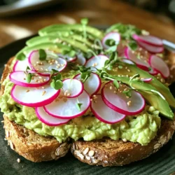 - 2 slices of whole grain bread - 1 ripe avocado - 1 cup radishes, thinly sliced - 1 tablespoon freshly squeezed lemon juice - 1 teaspoon extra virgin olive oil - Sea salt and freshly ground black pepper to taste - 1 tablespoon sesame seeds (optional) - A handful of fresh microgreens or peppery arugula for garnish Each ingredient in this recipe offers great health benefits: - Whole grain bread: Provides fiber and essential nutrients. It helps with digestion and keeps you full. - Avocado: Packed with healthy fats, it supports heart health and gives energy. It also has vitamins like E and K. - Radishes: Low in calories, radishes add crunch and are rich in vitamin C. They boost your immune system and improve digestion. - Lemon juice: Adds flavor and vitamin C. It helps keep the avocado from browning and aids in iron absorption. - Olive oil: A source of healthy fats, it can lower bad cholesterol and is good for your skin. - Sesame seeds: They add crunch and provide calcium, magnesium, and protein. - Microgreens/arugula: These greens are high in vitamins and antioxidants, enhancing your meal's nutrition and flavor. If you need different options, consider these: - Bread: Try sourdough or gluten-free bread for a different flavor or texture. - Avocado: For those allergic to avocados, use hummus for a creamy spread. - Radishes: Use thinly sliced cucumbers or bell peppers for a crunchy topping. - Lemon juice: Lime juice works well if you want a different citrus flavor. - Olive oil: Avocado oil is a good substitute, offering similar health benefits. - Sesame seeds: Chia seeds or sunflower seeds can add a different crunch. - Microgreens/arugula: Spinach or baby kale can also provide a fresh touch. This recipe for avocado toast with radish is simple yet packed with flavor and nutrition. You can find the [Full Recipe] for a step-by-step guide to make this dish. First, gather all your ingredients for the avocado toast. You will need two slices of whole grain bread, one ripe avocado, and one cup of radishes. Don't forget lemon juice, olive oil, sea salt, and pepper. The radishes add a nice crunch. Next, cut your ripe avocado in half. Remove the pit with a spoon or knife. Scoop the green flesh into a bowl. This is where the magic begins! For perfect toast, you can use a toaster or a grill. Place the slices of bread in the toaster. Toast them until they are golden brown. This usually takes about 3-5 minutes. If you use a grill, keep an eye on them. You want them crispy but not burnt. The toasted bread gives a great base for your toppings. It adds flavor and texture to every bite. To mash the avocado, grab a fork. Press down on the avocado and mix until it is creamy. You can leave some chunks if you like texture. Stir in one tablespoon of lemon juice and one teaspoon of olive oil. The lemon juice keeps the avocado green and adds flavor. Now, season your avocado mixture with sea salt and black pepper to taste. Mix again. The result should be a smooth and creamy spread. This will be the heart of your avocado toast. For the full recipe, check the section above. Enjoy your cooking! Add a burst of flavor to your avocado toast by using simple seasonings. I suggest using sea salt and freshly ground black pepper. These enhance the taste of the avocado. Consider adding a pinch of chili flakes for heat. A sprinkle of garlic powder brings depth. You can also try fresh herbs like cilantro or basil for a fresh twist. Presentation matters when serving avocado toast. Start with a slice of toasted bread as your canvas. Spread the avocado mixture evenly across the top. Neatly arrange the radish slices in a circle for a pretty look. Finish with sesame seeds on top for crunch. A few microgreens or arugula adds color and freshness. This makes your dish not just tasty, but beautiful too. Avoid these common mistakes for the best avocado toast. First, don’t use unripe avocados. They won’t mash well and taste bitter. Next, be careful not to over-toast the bread. It should be crisp but not burnt. Also, mix the avocado too much can lead to a mushy texture. Lastly, serve your toast right away. It tastes best fresh and warm. {{image_4}} You can switch up your avocado toast in fun ways. Try adding sliced tomatoes for a fresh taste. A sprinkle of feta cheese adds a salty kick. If you like spice, add crushed red pepper flakes. For a sweet touch, drizzle honey or balsamic glaze on top. Each option creates a new flavor experience. Bread choice can change your toast game. Whole grain bread is classic and healthy. Try sourdough for a tangy taste. Rye bread brings a hearty flavor. You can even use gluten-free bread if you prefer. Each type of bread adds its own unique texture and taste to your dish. Toppings can make your avocado toast shine. Consider adding a poached egg for protein. Sliced cucumbers add crunch and freshness. For a nutty flavor, sprinkle some sunflower seeds on top. Fresh herbs like cilantro or basil can brighten the dish. Each topping brings a new element to your meal. For the full recipe, check the section above. To store your leftover avocado mixture, place it in an airtight container. Add a layer of plastic wrap directly on the surface to limit air contact. This helps keep the color bright and fresh. Store it in the fridge for up to two days. The lemon juice also helps prevent browning. If you notice any browning, you can simply scrape off the top layer to reveal the green avocado beneath. Once you toast your bread, serve it right away. If you have leftover toast, wrap it in a clean kitchen towel. This keeps it from getting too soggy. However, toasted bread is best eaten fresh. If you must store it, place it in a paper bag at room temperature. Avoid plastic bags, as they trap moisture and make the toast limp. If you want to reheat your toast, use a toaster or an oven. Set the toaster to a medium setting and toast until crisp again. If you use an oven, preheat it to 350°F (175°C). Place the toast directly on the rack for about 5 minutes. This method restores the crunch without making it chewy. Always add fresh avocado mixture after reheating to keep it creamy and flavorful. Remember to enjoy your tasty avocado toast while it's fresh for the best flavor! You can find the full recipe to make this delicious dish. To make the best avocado toast, start with fresh ingredients. Use ripe avocados for a creamy texture. Toast whole grain bread until golden brown for a crunchy base. Mash the avocado with a fork, mixing in lemon juice and olive oil. This adds flavor and keeps the avocado bright. Spread the mixture on the warm toast. Top with thinly sliced radishes for crunch and color. Finish with salt, pepper, and optional sesame seeds. Enjoy while fresh! You can prepare some parts ahead. Toast the bread in advance and store it in a sealed bag. However, avoid spreading the avocado mixture on the bread until you're ready to eat. The avocado can turn brown when exposed to air. You can prepare the avocado mix and keep it in an airtight container with lemon juice on top. Use it within one day for the best taste. Many healthy toppings can enhance your avocado toast. Consider adding: - Sliced tomatoes - Cucumber ribbons - Microgreens or arugula - Crumbled feta cheese - Poached eggs - Chopped nuts for crunch These toppings add flavor, texture, and extra nutrients to your meal. For the full recipe, refer to the section above. Follow the steps to create a tasty and healthy avocado toast topped with radish. It’s simple and perfect for a quick meal! Avocado toast with radish is tasty and healthy. We covered the best ingredients, their benefits, and simple steps to make it. Also, we explored fun variations and tips for perfecting your toast. Remember, you can always mix ingredients to fit your taste. Use fresh toppings and unique breads to make your dish stand out. Enjoy your delicious avocado toast, and have fun creating your own versions!