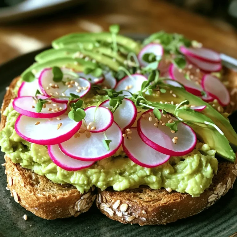 - 2 slices of whole grain bread - 1 ripe avocado - 1 cup radishes, thinly sliced - 1 tablespoon freshly squeezed lemon juice - 1 teaspoon extra virgin olive oil - Sea salt and freshly ground black pepper to taste - 1 tablespoon sesame seeds (optional) - A handful of fresh microgreens or peppery arugula for garnish Each ingredient in this recipe offers great health benefits: - Whole grain bread: Provides fiber and essential nutrients. It helps with digestion and keeps you full. - Avocado: Packed with healthy fats, it supports heart health and gives energy. It also has vitamins like E and K. - Radishes: Low in calories, radishes add crunch and are rich in vitamin C. They boost your immune system and improve digestion. - Lemon juice: Adds flavor and vitamin C. It helps keep the avocado from browning and aids in iron absorption. - Olive oil: A source of healthy fats, it can lower bad cholesterol and is good for your skin. - Sesame seeds: They add crunch and provide calcium, magnesium, and protein. - Microgreens/arugula: These greens are high in vitamins and antioxidants, enhancing your meal's nutrition and flavor. If you need different options, consider these: - Bread: Try sourdough or gluten-free bread for a different flavor or texture. - Avocado: For those allergic to avocados, use hummus for a creamy spread. - Radishes: Use thinly sliced cucumbers or bell peppers for a crunchy topping. - Lemon juice: Lime juice works well if you want a different citrus flavor. - Olive oil: Avocado oil is a good substitute, offering similar health benefits. - Sesame seeds: Chia seeds or sunflower seeds can add a different crunch. - Microgreens/arugula: Spinach or baby kale can also provide a fresh touch. This recipe for avocado toast with radish is simple yet packed with flavor and nutrition. You can find the [Full Recipe] for a step-by-step guide to make this dish. First, gather all your ingredients for the avocado toast. You will need two slices of whole grain bread, one ripe avocado, and one cup of radishes. Don't forget lemon juice, olive oil, sea salt, and pepper. The radishes add a nice crunch. Next, cut your ripe avocado in half. Remove the pit with a spoon or knife. Scoop the green flesh into a bowl. This is where the magic begins! For perfect toast, you can use a toaster or a grill. Place the slices of bread in the toaster. Toast them until they are golden brown. This usually takes about 3-5 minutes. If you use a grill, keep an eye on them. You want them crispy but not burnt. The toasted bread gives a great base for your toppings. It adds flavor and texture to every bite. To mash the avocado, grab a fork. Press down on the avocado and mix until it is creamy. You can leave some chunks if you like texture. Stir in one tablespoon of lemon juice and one teaspoon of olive oil. The lemon juice keeps the avocado green and adds flavor. Now, season your avocado mixture with sea salt and black pepper to taste. Mix again. The result should be a smooth and creamy spread. This will be the heart of your avocado toast. For the full recipe, check the section above. Enjoy your cooking! Add a burst of flavor to your avocado toast by using simple seasonings. I suggest using sea salt and freshly ground black pepper. These enhance the taste of the avocado. Consider adding a pinch of chili flakes for heat. A sprinkle of garlic powder brings depth. You can also try fresh herbs like cilantro or basil for a fresh twist. Presentation matters when serving avocado toast. Start with a slice of toasted bread as your canvas. Spread the avocado mixture evenly across the top. Neatly arrange the radish slices in a circle for a pretty look. Finish with sesame seeds on top for crunch. A few microgreens or arugula adds color and freshness. This makes your dish not just tasty, but beautiful too. Avoid these common mistakes for the best avocado toast. First, don’t use unripe avocados. They won’t mash well and taste bitter. Next, be careful not to over-toast the bread. It should be crisp but not burnt. Also, mix the avocado too much can lead to a mushy texture. Lastly, serve your toast right away. It tastes best fresh and warm. {{image_4}} You can switch up your avocado toast in fun ways. Try adding sliced tomatoes for a fresh taste. A sprinkle of feta cheese adds a salty kick. If you like spice, add crushed red pepper flakes. For a sweet touch, drizzle honey or balsamic glaze on top. Each option creates a new flavor experience. Bread choice can change your toast game. Whole grain bread is classic and healthy. Try sourdough for a tangy taste. Rye bread brings a hearty flavor. You can even use gluten-free bread if you prefer. Each type of bread adds its own unique texture and taste to your dish. Toppings can make your avocado toast shine. Consider adding a poached egg for protein. Sliced cucumbers add crunch and freshness. For a nutty flavor, sprinkle some sunflower seeds on top. Fresh herbs like cilantro or basil can brighten the dish. Each topping brings a new element to your meal. For the full recipe, check the section above. To store your leftover avocado mixture, place it in an airtight container. Add a layer of plastic wrap directly on the surface to limit air contact. This helps keep the color bright and fresh. Store it in the fridge for up to two days. The lemon juice also helps prevent browning. If you notice any browning, you can simply scrape off the top layer to reveal the green avocado beneath. Once you toast your bread, serve it right away. If you have leftover toast, wrap it in a clean kitchen towel. This keeps it from getting too soggy. However, toasted bread is best eaten fresh. If you must store it, place it in a paper bag at room temperature. Avoid plastic bags, as they trap moisture and make the toast limp. If you want to reheat your toast, use a toaster or an oven. Set the toaster to a medium setting and toast until crisp again. If you use an oven, preheat it to 350°F (175°C). Place the toast directly on the rack for about 5 minutes. This method restores the crunch without making it chewy. Always add fresh avocado mixture after reheating to keep it creamy and flavorful. Remember to enjoy your tasty avocado toast while it's fresh for the best flavor! You can find the full recipe to make this delicious dish. To make the best avocado toast, start with fresh ingredients. Use ripe avocados for a creamy texture. Toast whole grain bread until golden brown for a crunchy base. Mash the avocado with a fork, mixing in lemon juice and olive oil. This adds flavor and keeps the avocado bright. Spread the mixture on the warm toast. Top with thinly sliced radishes for crunch and color. Finish with salt, pepper, and optional sesame seeds. Enjoy while fresh! You can prepare some parts ahead. Toast the bread in advance and store it in a sealed bag. However, avoid spreading the avocado mixture on the bread until you're ready to eat. The avocado can turn brown when exposed to air. You can prepare the avocado mix and keep it in an airtight container with lemon juice on top. Use it within one day for the best taste. Many healthy toppings can enhance your avocado toast. Consider adding: - Sliced tomatoes - Cucumber ribbons - Microgreens or arugula - Crumbled feta cheese - Poached eggs - Chopped nuts for crunch These toppings add flavor, texture, and extra nutrients to your meal. For the full recipe, refer to the section above. Follow the steps to create a tasty and healthy avocado toast topped with radish. It’s simple and perfect for a quick meal! Avocado toast with radish is tasty and healthy. We covered the best ingredients, their benefits, and simple steps to make it. Also, we explored fun variations and tips for perfecting your toast. Remember, you can always mix ingredients to fit your taste. Use fresh toppings and unique breads to make your dish stand out. Enjoy your delicious avocado toast, and have fun creating your own versions!