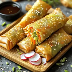 To make these crispy air fryer veggie spring rolls, you'll need: - 1 cup cabbage, finely shredded - 1 cup carrots, julienned - 1/2 cup bell peppers, thinly sliced - 1/4 cup green onions, chopped - 2 cloves garlic, minced - 1 teaspoon fresh ginger, grated - 1 tablespoon soy sauce (or tamari for gluten-free) - 1 teaspoon sesame oil - 12 spring roll wrappers - Cooking spray - Salt and black pepper to taste If you need to adjust for allergens, here are some swaps: - Soy Sauce: Use coconut aminos for a soy-free option. - Spring Roll Wrappers: Try rice paper wrappers if you're gluten-free. - Sesame Oil: Use olive oil or avocado oil for a different flavor. - Garlic and Ginger: Powdered garlic and ginger can work if fresh is not available. To ensure your spring rolls shine, pick the best veggies: - Cabbage: Look for crisp, green leaves without wilting. - Carrots: Choose firm carrots with vibrant color; avoid soft spots. - Bell Peppers: Select peppers that feel heavy for their size; they should be firm and shiny. - Green Onions: Pick green onions that are bright green and fresh-looking. - Storage: Keep vegetables in the fridge to maintain freshness until use. Using fresh ingredients makes your spring rolls taste amazing. Check out the Full Recipe for more details! To start, heat the sesame oil in a large skillet over medium heat. Once warm, add the minced garlic and grated ginger. Sauté them for about 30 seconds. You want them to smell great and turn golden. This step is key for building flavor. Next, add the finely shredded cabbage, julienned carrots, and sliced bell peppers. Stir-fry these colorful veggies for about 5-7 minutes. You want them tender but still a bit crunchy. This mix not only tastes good but also looks vibrant. Now, let’s wrap our filling! Lay a spring roll wrapper flat on a clean surface. Place about 2 tablespoons of the cooled veggie mix near one edge. Fold the bottom edge over the filling. Then, bring in the side edges to enclose it fully. Roll the wrapper tightly away from you. Repeat this with the other wrappers and filling. These steps ensure your spring rolls are packed with flavor and ready for the air fryer. Follow the full recipe for all the details to make these delightful bites! Preheating the air fryer is key. Set it to 375°F (190°C). This helps the spring rolls cook evenly. A good preheat takes about 3 to 5 minutes. You can use this time to finish wrapping your rolls. Place your spring rolls in the air fryer. Keep them in a single layer. Cook them for 10 to 12 minutes. At the halfway mark, flip them over. This step is important for even browning. The rolls should turn golden and crispy when done. To check if your spring rolls are ready, look for a nice golden color. They should feel firm to the touch. If they look pale, give them a few more minutes. This ensures every bite is crunchy and delicious. Once done, let them cool for a minute before serving. Enjoy your crispy air fryer veggie spring rolls! For the full recipe, check the detailed steps above. {{image_4}} To make your spring rolls extra crispy, use cooking spray. Spray the wrappers lightly before cooking. This helps them brown nicely. I also suggest preheating your air fryer. A hot air fryer seals in moisture and creates that perfect crunch. Flip the rolls halfway through cooking. This ensures both sides get golden and crisp. Dipping sauces can elevate your spring rolls. Soy sauce is an easy choice, but don’t stop there! Try sweet chili sauce for a hint of sweetness. Peanut sauce adds a rich flavor. For a fresh twist, mix soy sauce with lime juice and chopped cilantro. Experiment with different sauces to find your favorite! You can prepare your spring rolls in advance. Just wrap them and place them in a single layer on a baking sheet. Freeze them for about two hours. Once frozen, transfer them to a freezer-safe bag. When you are ready to cook, no need to thaw! Just air fry them straight from the freezer. This keeps them fresh and ready to enjoy. You can make your spring rolls heartier by adding protein. Tofu works great for a plant-based option. Choose firm tofu, press it, and cube it. You can also use cooked chicken or shrimp. Cook your protein in the same pan as your veggies for extra flavor. This step makes the dish satisfying and balanced. To make your spring rolls pop, add spices and herbs. Try adding a dash of chili flakes for heat. Fresh cilantro or basil adds a bright taste. You can also use five-spice powder for a unique twist. Mixing these flavors enhances the overall taste and makes your rolls stand out. Spring roll wrappers aren’t your only option. You can use rice paper for a lighter feel. Wonton wrappers also create a thicker, chewier bite. Each wrapper gives a different texture. Experimenting with wrappers can change the whole dish. Find what you like best and enjoy! For the full recipe, check out the details above. To stop spring rolls from sticking, keep them dry. Use parchment paper between layers. You can also lightly dust them with cornstarch. This keeps them from clumping. Yes, you can use frozen vegetables! Just remember to thaw and drain them first. This helps avoid extra moisture. They may not be as crunchy as fresh, but they work well. Set your air fryer to 375°F (190°C). This temperature gives a nice crisp. Cook for about 10-12 minutes. Flip them halfway for even cooking. To make gluten-free spring rolls, use tamari instead of soy sauce. Choose gluten-free wrappers. Many brands offer great options. This way, you can enjoy them without worry. This post covered everything you need for tasty spring rolls. We discussed key ingredients, swapping for allergens, and picking fresh veggies. I shared step-by-step instructions, from the flavor base to air frying for perfect rolls. We also offered helpful tips for crispiness and pairings, plus fun variations. In closing, making spring rolls is simple and fun. Explore different flavors and enjoy your meals!