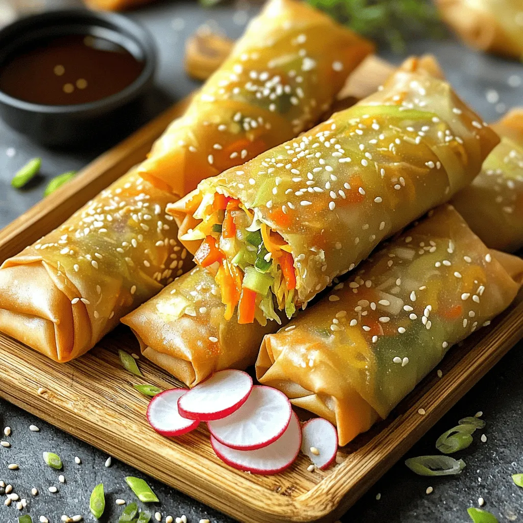 To make these crispy air fryer veggie spring rolls, you'll need: - 1 cup cabbage, finely shredded - 1 cup carrots, julienned - 1/2 cup bell peppers, thinly sliced - 1/4 cup green onions, chopped - 2 cloves garlic, minced - 1 teaspoon fresh ginger, grated - 1 tablespoon soy sauce (or tamari for gluten-free) - 1 teaspoon sesame oil - 12 spring roll wrappers - Cooking spray - Salt and black pepper to taste If you need to adjust for allergens, here are some swaps: - Soy Sauce: Use coconut aminos for a soy-free option. - Spring Roll Wrappers: Try rice paper wrappers if you're gluten-free. - Sesame Oil: Use olive oil or avocado oil for a different flavor. - Garlic and Ginger: Powdered garlic and ginger can work if fresh is not available. To ensure your spring rolls shine, pick the best veggies: - Cabbage: Look for crisp, green leaves without wilting. - Carrots: Choose firm carrots with vibrant color; avoid soft spots. - Bell Peppers: Select peppers that feel heavy for their size; they should be firm and shiny. - Green Onions: Pick green onions that are bright green and fresh-looking. - Storage: Keep vegetables in the fridge to maintain freshness until use. Using fresh ingredients makes your spring rolls taste amazing. Check out the Full Recipe for more details! To start, heat the sesame oil in a large skillet over medium heat. Once warm, add the minced garlic and grated ginger. Sauté them for about 30 seconds. You want them to smell great and turn golden. This step is key for building flavor. Next, add the finely shredded cabbage, julienned carrots, and sliced bell peppers. Stir-fry these colorful veggies for about 5-7 minutes. You want them tender but still a bit crunchy. This mix not only tastes good but also looks vibrant. Now, let’s wrap our filling! Lay a spring roll wrapper flat on a clean surface. Place about 2 tablespoons of the cooled veggie mix near one edge. Fold the bottom edge over the filling. Then, bring in the side edges to enclose it fully. Roll the wrapper tightly away from you. Repeat this with the other wrappers and filling. These steps ensure your spring rolls are packed with flavor and ready for the air fryer. Follow the full recipe for all the details to make these delightful bites! Preheating the air fryer is key. Set it to 375°F (190°C). This helps the spring rolls cook evenly. A good preheat takes about 3 to 5 minutes. You can use this time to finish wrapping your rolls. Place your spring rolls in the air fryer. Keep them in a single layer. Cook them for 10 to 12 minutes. At the halfway mark, flip them over. This step is important for even browning. The rolls should turn golden and crispy when done. To check if your spring rolls are ready, look for a nice golden color. They should feel firm to the touch. If they look pale, give them a few more minutes. This ensures every bite is crunchy and delicious. Once done, let them cool for a minute before serving. Enjoy your crispy air fryer veggie spring rolls! For the full recipe, check the detailed steps above. {{image_4}} To make your spring rolls extra crispy, use cooking spray. Spray the wrappers lightly before cooking. This helps them brown nicely. I also suggest preheating your air fryer. A hot air fryer seals in moisture and creates that perfect crunch. Flip the rolls halfway through cooking. This ensures both sides get golden and crisp. Dipping sauces can elevate your spring rolls. Soy sauce is an easy choice, but don’t stop there! Try sweet chili sauce for a hint of sweetness. Peanut sauce adds a rich flavor. For a fresh twist, mix soy sauce with lime juice and chopped cilantro. Experiment with different sauces to find your favorite! You can prepare your spring rolls in advance. Just wrap them and place them in a single layer on a baking sheet. Freeze them for about two hours. Once frozen, transfer them to a freezer-safe bag. When you are ready to cook, no need to thaw! Just air fry them straight from the freezer. This keeps them fresh and ready to enjoy. You can make your spring rolls heartier by adding protein. Tofu works great for a plant-based option. Choose firm tofu, press it, and cube it. You can also use cooked chicken or shrimp. Cook your protein in the same pan as your veggies for extra flavor. This step makes the dish satisfying and balanced. To make your spring rolls pop, add spices and herbs. Try adding a dash of chili flakes for heat. Fresh cilantro or basil adds a bright taste. You can also use five-spice powder for a unique twist. Mixing these flavors enhances the overall taste and makes your rolls stand out. Spring roll wrappers aren’t your only option. You can use rice paper for a lighter feel. Wonton wrappers also create a thicker, chewier bite. Each wrapper gives a different texture. Experimenting with wrappers can change the whole dish. Find what you like best and enjoy! For the full recipe, check out the details above. To stop spring rolls from sticking, keep them dry. Use parchment paper between layers. You can also lightly dust them with cornstarch. This keeps them from clumping. Yes, you can use frozen vegetables! Just remember to thaw and drain them first. This helps avoid extra moisture. They may not be as crunchy as fresh, but they work well. Set your air fryer to 375°F (190°C). This temperature gives a nice crisp. Cook for about 10-12 minutes. Flip them halfway for even cooking. To make gluten-free spring rolls, use tamari instead of soy sauce. Choose gluten-free wrappers. Many brands offer great options. This way, you can enjoy them without worry. This post covered everything you need for tasty spring rolls. We discussed key ingredients, swapping for allergens, and picking fresh veggies. I shared step-by-step instructions, from the flavor base to air frying for perfect rolls. We also offered helpful tips for crispiness and pairings, plus fun variations. In closing, making spring rolls is simple and fun. Explore different flavors and enjoy your meals!