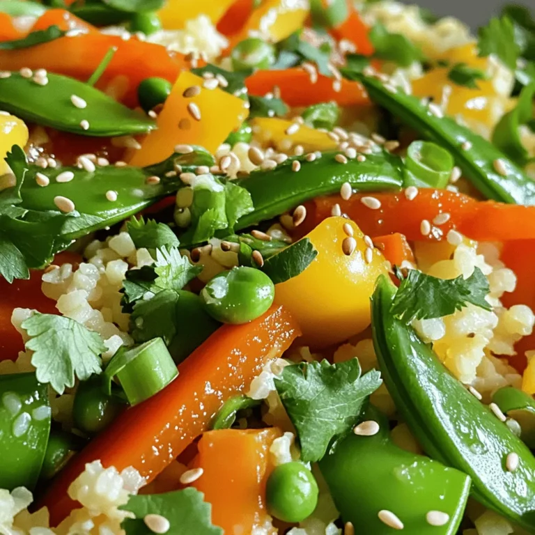 - 1 medium head of cauliflower (approximately 4 cups when riced) - 1 cup carrots, julienned - 1 cup bell peppers, thinly sliced - 1 cup snap peas, trimmed - 3 green onions, finely chopped - 2 cloves garlic, minced - 1-inch piece of fresh ginger, grated - 2 tablespoons soy sauce or tamari - 1 tablespoon rice vinegar - 1 teaspoon sriracha (optional) - 1 tablespoon sesame oil - Sesame seeds for garnish - Fresh cilantro for garnish To make this dish come alive, I focus on fresh, colorful ingredients. Cauliflower serves as the base. It’s light and healthy. I like ricing it myself. Just break it into florets and pulse until it resembles rice. You can also use a box grater if you don’t have a food processor. I love to add vibrant veggies. Carrots, bell peppers, and snap peas bring crunch and color. Green onions add a nice finish. They give the dish a pop of flavor. Flavor is key. Garlic and ginger boost the taste. They create a warm aroma. Soy sauce or tamari adds saltiness. Rice vinegar gives a tangy kick. If you like spice, add sriracha for heat. Don’t forget the sesame oil! It adds a nutty flavor. I always garnish my stir-fry with sesame seeds and fresh cilantro. They add texture and freshness. For the full recipe, check out the [Full Recipe]. - First, remove the leaves and thick stem from the cauliflower. - Next, rice the cauliflower using a food processor or box grater. This gives you small, rice-like pieces. - Heat sesame oil in a non-stick skillet or wok over medium-high heat. - Sauté minced garlic and grated ginger for 30 seconds. This adds a lovely aroma. - Add the carrots, bell peppers, and snap peas to the skillet. - Stir-fry these vegetables for 3-4 minutes. They should be tender but still crisp. After that, add the riced cauliflower. - Drizzle soy sauce, rice vinegar, and sriracha over the stir-fry. Cook for another 2 minutes to blend flavors. - Finally, fold in the chopped green onions before serving. This adds freshness and color to your dish. For more detailed steps, you can check the Full Recipe. To make cauliflower rice, start with a whole head of cauliflower. First, remove the leaves and thick stem. Then break it into florets. If you have a food processor, pulse the florets until they look like rice. If not, grab a box grater. Just grate until you achieve small, rice-sized pieces. This method works well too. For the best texture, watch the cooking time. If you like your cauliflower rice soft, stir-fry it longer. If you want some crunch, keep it a bit firmer. Want to boost the flavor? Try adding spices or herbs like cumin or basil. Fresh herbs work great here. You can also adjust the heat level. If you love spice, add more sriracha or chili flakes. Start small and taste as you go, so you can find your perfect heat. Make your stir-fry look good! Garnish with sesame seeds or fresh cilantro. This adds a nice touch and makes it pop. For serving, think about adding protein. Chicken, shrimp, or tofu pair well and make the meal more filling. {{image_4}} You can add protein to your stir-fry to make it heartier. Chicken, shrimp, and tofu are great options. If you choose chicken, cut it into small pieces and cook it for about 5-7 minutes before adding the vegetables. For shrimp, cook them for about 3-4 minutes until they turn pink. If you prefer tofu, use firm tofu, cut into cubes, and stir-fry for 5-6 minutes until golden. Adjust your cooking time to ensure everything cooks evenly. Feel free to swap out the vegetables based on what you have. Seasonal veggies like zucchini, broccoli, or asparagus work well too. You can also add leafy greens like spinach or kale for extra nutrients. Customize your stir-fry based on your tastes or any dietary needs. If you need it to be vegan, just stick to veggies and tofu. You can change the flavors with different sauces. Teriyaki or oyster sauce gives a nice twist. If you want crunch, add nuts like cashews or seeds like sunflower seeds. These options add texture and flavor to your meal. Mix and match to find your favorite combination. Enjoy creating a dish that feels personal and satisfying! To keep your leftover cauliflower rice stir-fry fresh, store it in an airtight container. This helps prevent moisture loss and keeps flavors intact. You can safely refrigerate it for up to 3 days. Always let it cool down to room temperature before sealing it in the container. Freezing is a great way to save your stir-fry for later. First, allow it to cool completely. Then, pack it in a freezer-safe container or bag, removing as much air as possible. This method keeps it fresh for up to 3 months. When you're ready to enjoy it, place it in the fridge overnight to thaw. Reheating should be gentle to maintain texture. Use a skillet over low heat and add a splash of water to create steam. This method helps keep the rice tender. If you want to boost flavors, try adding a little extra soy sauce or a dash of sesame oil while reheating. This simple trick brings the dish back to life! For more details, check out the Full Recipe. Yes, you can make this dish ahead. Cook the stir-fry and let it cool. Place it in an airtight container. Store it in the fridge for up to three days. For best taste, reheat it on the stove or in the microwave before serving. You can pair this stir-fry with many foods. Try grilled chicken, shrimp, or tofu for protein. A side of steamed broccoli or a fresh salad works well too. You can even serve it with a simple dipping sauce for extra flavor. Cauliflower rice is very healthy. It has fewer carbs and calories than regular rice. It's also high in vitamins C and K. Plus, it provides fiber, which helps digestion. Using cauliflower rice can be a great choice for a low-carb diet. Yes, frozen cauliflower rice is a great option. It cooks quickly and saves time. Just add it to the pan straight from the freezer. You may need to cook it a bit longer to remove excess moisture. This way, you still get that perfect texture. Cauliflower rice stir-fry is simple and fun to make. You can use fresh or frozen cauliflower and customize it with your favorite veggies and proteins. Remember to adjust the cooking time based on what you add. Don't forget to keep it fresh with herbs and enjoy it warm! By using these tips and tricks, you can create a dish that not only tastes good but is also healthy. You now have a delicious recipe to try, so get started!