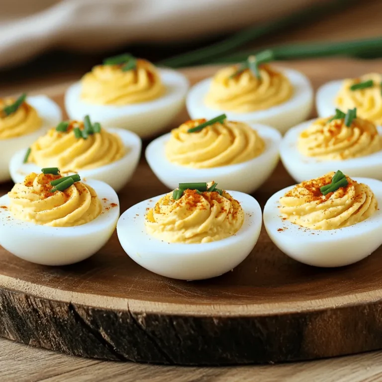 To make classic deviled eggs, you need simple ingredients that blend well together. Here’s what you’ll need: - 6 large eggs - 3 tablespoons mayonnaise - 1 teaspoon Dijon mustard - 1 teaspoon apple cider vinegar - ½ teaspoon garlic powder - Salt and freshly ground black pepper, to taste - Paprika, for garnish - Fresh chives or parsley, finely chopped (for garnish) These ingredients create a rich and creamy filling. The eggs serve as a perfect canvas. The mayonnaise adds creaminess, while the mustard gives a slight kick. Apple cider vinegar brings a nice tang. Garlic powder enhances the overall flavor. Salt and pepper balance everything out. A sprinkle of paprika adds color and a hint of spice. Finally, the chives or parsley provide a fresh touch. If you want to explore more, check out the Full Recipe for detailed steps and tips! To start, prepare your saucepan. Place the eggs in a single layer. Fill it with cold water, covering the eggs by about an inch. Heat the pot over medium-high heat. When the water boils, cover the pot and remove it from heat. Let the eggs sit for 12 minutes. Next, create an ice bath. Fill a large bowl with ice and cold water. After 12 minutes, use a slotted spoon to transfer the eggs into the ice bath. This cools the eggs quickly and makes peeling easier. Let them cool for at least 5 minutes. When the eggs are cool, it’s time to peel them. Tap each egg gently on a hard surface to crack the shell. Roll the egg to loosen the shell. Peel the shell under cool running water to help remove any stubborn bits. Now, slice each peeled egg in half lengthwise. Scoop out the yolks into a medium bowl. Now it’s time to mix the filling. Use a fork to mash the yolks until crumbly. Add mayonnaise, Dijon mustard, apple cider vinegar, garlic powder, and a pinch of salt and pepper. Stir until smooth and creamy. For filling, use a spoon, spatula, or piping bag. Generously fill the egg whites with the yolk mixture. Garnish by dusting with paprika and adding chopped chives or parsley for a fresh touch. For the full recipe, you can refer to the section above. To make great deviled eggs, start with perfect boiled eggs. For ideal boiling, place the eggs in a single layer in a pot. Cover them with cold water by about an inch. Heat on medium-high until the water boils. Once boiling, cover the pot and remove it from heat. Let the eggs sit for 12 minutes. Avoid overcooked eggs. If you cook them too long, the yolks turn green and taste bad. Cooling is also key. After 12 minutes, transfer the eggs to an ice bath. This stops the cooking and helps with peeling. Store leftover deviled eggs in the fridge. Use an airtight container to keep them fresh. They taste best within two days. If you need to store them longer, try not to fill the whites until ready to serve. This keeps the texture nice. Presentation makes your deviled eggs shine. Arrange them on a pretty platter. You can use a bed of leafy greens for color. Garnish each egg with paprika and fresh herbs. Chives or parsley look great and add flavor. This simple touch elevates your dish! {{image_4}} You can spice up classic deviled eggs in fun ways. For a kick, add sriracha to the filling. Start with a teaspoon and adjust to your taste. This gives a nice heat that pairs well with the creamy yolk. You can also mix in classic items like relish or capers. Relish adds sweetness, while capers bring a salty zing. Both options add depth to your eggs. If you follow a vegetarian or vegan diet, you can still enjoy deviled eggs. Use silken tofu instead of eggs. Blend it until smooth, then add your usual mix-ins like mayo and mustard. This gives you a creamy texture without the eggs. For gluten-free options, ensure all your ingredients are labeled gluten-free. Most common ingredients are safe, but check labels to be sure. Get creative with toppings to wow your guests! Try adding crispy bacon bits for a savory crunch. Smoked salmon also works well, giving a rich flavor. For a lighter touch, consider avocado. It adds creaminess and good fats. You can also sprinkle feta cheese on top for a tangy twist. These toppings can transform your deviled eggs into gourmet bites. To keep your deviled eggs fresh, store them in the fridge. Place them in an airtight container. They will stay good for up to two days. Make sure to cover the eggs well. This helps keep them from drying out. If you have leftovers, try to eat them soon. The taste is best fresh. Many people think you can freeze deviled eggs. However, freezing is not a good idea. The texture changes when frozen. Instead, make only what you need. If you have filling left over, store it in the fridge. Use it within two days for good flavor. To serve fresh deviled eggs, prepare them close to your meal time. If you make them early, keep them in the fridge. Before serving, place them on a chilled platter. This keeps them cool and tasty. You can also add garnishes right before serving. This way, they stay bright and colorful. For added appeal, arrange them on a bed of greens. Enjoy your delicious creation! To make traditional deviled eggs, follow these steps: 1. Boil the Eggs: Place six large eggs in a pot. Cover them with water, about one inch above the eggs. Heat until boiling. Once boiling, turn off the heat and cover the pot. Let the eggs sit for 12 minutes. 2. Cool the Eggs: Fill a bowl with ice and cold water. After 12 minutes, transfer the eggs into the ice bath. Let them cool for at least 5 minutes. 3. Peel the Eggs: Tap each egg on a hard surface to crack it. Roll the egg gently to loosen the shell, then peel it under running water. 4. Prepare the Filling: Cut the peeled eggs in half. Separate the yolks from the whites. Place the yolks in a bowl. 5. Mix the Ingredients: Mash the yolks with a fork. Add mayonnaise, Dijon mustard, apple cider vinegar, garlic powder, salt, and pepper. Mix until smooth. 6. Fill the Egg Whites: Spoon or pipe the yolk mixture into the egg whites. 7. Garnish: Dust with paprika and sprinkle with chopped chives or parsley. This process makes the perfect classic deviled eggs, a simple and flavorful delight. You can use several alternatives to mayonnaise in deviled eggs. Some popular options include: - Greek Yogurt: This adds creaminess and a tangy flavor. - Avocado: Mashed avocado gives a smooth texture and healthy fats. - Hummus: This adds a unique taste and is great for plant-based diets. - Sour Cream: This adds a rich flavor but is a bit thicker. Each of these options will change the taste slightly. Greek yogurt makes it lighter. Avocado adds a fresh twist. Hummus gives a nice depth. Yes, you can prepare deviled eggs ahead of time. Here’s how: - Boil and peel the eggs a day before serving. - Store the egg whites and yolks separately in airtight containers in the fridge. - Mix the yolk filling just before serving. This keeps the eggs fresh and prevents sogginess. If stored properly, deviled eggs can last up to two days in the fridge. Deviled eggs should not be left out for long. Follow these guidelines: - One Hour Rule: Keep deviled eggs at room temperature for no more than one hour. This helps avoid bacterial growth. - Chill When Possible: Serve deviled eggs chilled. Use ice trays or cold packs under your serving tray. By following these tips, you ensure your deviled eggs are safe and tasty for all to enjoy. Making deviled eggs is simple and fun. We covered the ingredients, cooking steps, and tips for perfect results. You learned how to create unique variations and store your eggs safely. Remember, fresh eggs yield the best flavor, and the right garnishes make your dish shine. Enjoy experimenting with flavors and adding your twist. Deviled eggs can be a hit at any gathering. Now, grab those eggs and start creating your tasty treats!