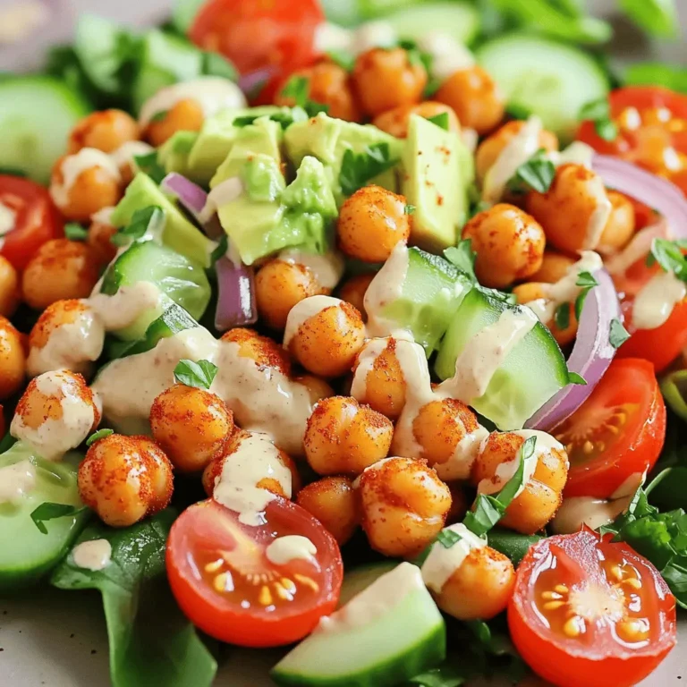 - 1 can (15 oz) chickpeas, thoroughly drained and rinsed - 2 tablespoons extra virgin olive oil - 1 teaspoon smoked paprika - 1/2 teaspoon garlic powder - 1/2 teaspoon ground cumin - Sea salt and freshly cracked black pepper, to taste - 1 cup cherry tomatoes, cut in half - 1 medium cucumber, diced - 1/4 medium red onion, finely chopped - 2 cups mixed salad greens - 1 ripe avocado, diced - 2 tablespoons freshly squeezed lemon juice - 2 tablespoons tahini (sesame seed paste) - 1 tablespoon cool water - Fresh parsley, finely chopped (for garnish) Chickpeas are the star of this salad. They add protein and fiber, making it filling. Olive oil gives a rich taste and helps the spices stick to the chickpeas. Smoked paprika, garlic powder, and cumin bring warmth and depth to the dish. The fresh veggies add crunch and color. Cherry tomatoes burst with flavor, while cucumbers provide a refreshing bite. Red onion gives a slight kick, and mixed greens round out the salad with a crisp base. Avocado adds creaminess and healthy fats. The tahini dressing ties everything together with its nutty flavor. Fresh lemon juice brightens the dish, making it zesty. This salad is a perfect blend of flavors and textures. You can easily customize it to suit your taste. For the full recipe, check the section above. Each serving packs around 300 calories. Here's a breakdown of the key nutrients: - Protein: Chickpeas are high in protein, making this salad a great vegetarian option. - Fiber: Both chickpeas and veggies help you feel full and aid digestion. - Healthy Fats: Avocado and olive oil provide good fats that support heart health. Chickpeas also contain vitamins and minerals. They are rich in folate, iron, and magnesium. Together, these ingredients create a nutritious meal that is both tasty and satisfying. - Preheat the oven to 400°F (200°C). - In a bowl, mix the drained chickpeas with olive oil, smoked paprika, garlic powder, and cumin. - Add sea salt and pepper to taste. Toss well to coat the chickpeas. - Spread the seasoned chickpeas out on a baking sheet. - Roast them in the oven for 25-30 minutes until crispy. - Shake the pan halfway through to ensure they cook evenly. - In a large bowl, combine halved cherry tomatoes, diced cucumber, red onion, and mixed greens. - Toss gently to mix everything together. - In a small bowl, whisk tahini with lemon juice and water until smooth. - Once the chickpeas are roasted, let them cool slightly. - Add the crispy chickpeas and diced avocado to the salad. - Drizzle the tahini dressing over the salad and toss gently. - Garnish with fresh parsley before serving. For the full recipe, check out the detailed instructions provided earlier. Enjoy this delightful dish! To get crispy chickpeas, start by drying them well. After draining, pat them dry with a towel. This removes extra moisture. The less water on the chickpeas, the crispier they will get. For seasoning, mix smoked paprika, garlic powder, and cumin. These spices add great flavor. Use sea salt and freshly cracked pepper to taste. Toss the chickpeas until they are fully coated with the spices. This step is key to a tasty crunch. You can try different dressings for your salad. A simple vinaigrette works well. Just mix olive oil, lemon juice, and a pinch of salt. You can also blend tahini with lemon juice and water. This gives a creamy texture. Want a kick? Add some hot sauce or chili flakes. Each dressing can change the salad's flavor. Feel free to mix and match based on what you like! This salad pairs well with proteins like grilled chicken or shrimp. It makes a great side for a barbecue or picnic. You can also serve it as a light lunch. For special occasions, present it on a colorful platter. Add some nuts or seeds for extra crunch. This salad is not just a dish; it’s a way to impress your guests. Enjoy this colorful and nutritious salad as a light lunch or a delicious side dish! {{image_4}} You can change the veggies in your salad. Try using bell peppers, radishes, or carrots. These add crunch and color. You can also swap chickpeas for black beans, kidney beans, or lentils. Each type of bean gives a unique taste and texture. This salad is vegan and gluten-free. For more vegan flair, add nutritional yeast for a cheesy taste. You can also use gluten-free grains like quinoa or brown rice in place of chickpeas. This adds bulk and keeps the salad filling. Spices can change the whole dish! Add curry powder, chili flakes, or fresh herbs like basil or cilantro. Fruits like diced apples or pomegranate seeds can add sweetness. Nuts or seeds, such as sunflower seeds or walnuts, add crunch and healthy fats. For the complete dish, check out the Full Recipe. To keep your crispy chickpea salad fresh, store it in an airtight container. This prevents moisture from making the salad soggy. Place the salad in the fridge right away. For the dressing, store it separately in a small jar. This way, your salad stays crunchy and tasty. If you want to reheat the chickpeas, use an oven or air fryer. Heat them at 350°F (175°C) for about 10 minutes. This keeps them crispy. Avoid microwaving, as it can make them soft and chewy. In the fridge, your salad stays fresh for about 3 days. Look for signs of spoilage like an off smell or wilted greens. If you see these signs, it’s best to toss the salad. Enjoy your crispy chickpea salad while it’s at its best! To make crispy chickpea salad, follow these key steps: - Preheat your oven to 400°F (200°C). - Rinse and drain one can of chickpeas. - Toss chickpeas with olive oil, smoked paprika, garlic powder, cumin, salt, and pepper. - Spread them on a baking sheet and roast for 25-30 minutes. - While the chickpeas roast, mix cherry tomatoes, cucumber, red onion, and salad greens in a bowl. - For the dressing, whisk lemon juice, tahini, and water until smooth. - Once chickpeas are crispy, add them to the salad with diced avocado. - Drizzle the tahini dressing, toss gently, and garnish with parsley. This process makes a crunchy, healthy salad. Yes, you can prepare this salad in advance. For meal prep: - Roast chickpeas ahead of time and store them in an airtight container. - Chop veggies and mix them in a bowl without dressing. - Keep the tahini dressing in a separate container. When ready to eat, combine everything. This keeps the salad fresh and crunchy. If you have allergies or can't find tahini, consider these options: - Use peanut butter for a nutty flavor. - Greek yogurt adds creaminess without nuts. - Sunflower seed butter is a great nut-free choice. These alternatives give you a tasty dressing while keeping it safe for all diets. Yes, this salad is great for meal prep. To make it last longer: - Store crispy chickpeas separately from the salad. - Keep veggies and greens in a sealed container. - Add dressing just before serving to prevent sogginess. Following these tips helps maintain the salad's fresh taste and texture. This blog post covered everything you need to make a delicious crispy chickpea salad. We discussed the key ingredients, gave step-by-step instructions, and shared helpful tips for best results. You learned how to customize flavors and keep the salad fresh for later. Remember, this salad is not only tasty but also packed with nutrients. Try it out and enjoy all its benefits. Happy cooking!