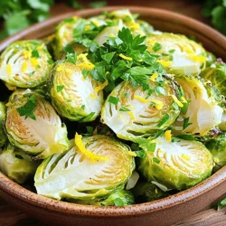 To make Lemon Garlic Roasted Brussels Sprouts, you need simple, fresh ingredients. Each part plays a role in creating bold flavors. - Brussels sprouts and their preparation - 1 lb Brussels sprouts, trimmed and halved. Buy firm sprouts and avoid yellow leaves. Halve them for even cooking and more surface area for flavor. - Garlic and seasoning essentials - 4 cloves garlic, finely minced. Fresh garlic adds a strong taste. You can adjust the amount to fit your taste. - 1 teaspoon sea salt. This enhances the natural flavor of the sprouts. - ½ teaspoon freshly ground black pepper. This adds a mild heat without being overwhelming. - ¼ teaspoon red pepper flakes (optional for a spicy kick). Use if you enjoy a bit of heat. - Oils, acids, and optional ingredients - 3 tablespoons extra virgin olive oil. This oil adds richness and helps the sprouts crisp up. - Zest of 1 fresh lemon. The zest gives a strong lemon flavor. - 2 tablespoons freshly squeezed lemon juice. This adds brightness and acidity. - 1 teaspoon honey (optional for a hint of sweetness). This balances the tartness of the lemon. - Fresh parsley, finely chopped, for a bright garnish. This adds color and freshness to the dish. Using these ingredients, you will create a tasty side dish. They come together to make a dish that is both vibrant and satisfying. For the full recipe, refer to the section above. Enjoy your cooking! First, set your oven to 400°F (200°C). This temperature helps the sprouts roast evenly. While the oven heats up, grab your Brussels sprouts. Trim the ends and cut them in half. Place them in a large mixing bowl. Add four cloves of finely minced garlic to the bowl. The garlic will add a rich flavor to your dish. In a smaller bowl, mix together three tablespoons of olive oil, the zest of one lemon, and two tablespoons of lemon juice. If you like a hint of sweetness, add one teaspoon of honey. Sprinkle in one teaspoon of sea salt, half a teaspoon of black pepper, and if you want some heat, add a quarter teaspoon of red pepper flakes. Whisk these ingredients together. This sauce will coat the Brussels sprouts and give them a vibrant flavor. Pour the sauce over the Brussels sprouts and garlic. Use your hands or a spatula to toss them together. Make sure each sprout is well coated. Now, line a baking sheet with parchment paper. Spread the seasoned sprouts in a single layer on the sheet. Roast them in the oven for 25 to 30 minutes. Stir them halfway through to ensure they brown nicely. When they are golden brown and crispy, they are ready. Garnish with freshly chopped parsley before serving. Enjoy this tasty side dish! For the full recipe, check here. To get the best flavor, choose fresh Brussels sprouts. Look for firm and bright green ones. Trim the ends and cut them in half. This helps them cook evenly. Spread the sprouts out on the baking sheet. Make sure they are in a single layer. Crowding them can lead to steaming instead of roasting. Stir them halfway through cooking for even browning. Avoid using old or wilted Brussels sprouts. They will taste bitter and mushy. Don’t skip the seasoning either. The lemon and garlic are key for flavor. If you forget to toss them in the sauce, they will lack zest. Also, don’t roast them for too long. Watch closely to prevent burning. They should be golden brown and crispy, not charred. For a stunning dish, use a nice bowl or platter. Line it with parchment paper for style. Garnish with fresh parsley to add color. A drizzle of lemon juice on top makes it pop. You can also add lemon wedges around the dish. This adds brightness and invites people to dig in. For the full recipe, check out the detailed steps above. {{image_4}} To change the flavor, try different spices. You can use paprika for a smoky touch. Cumin adds warmth, while Italian herbs boost freshness. Lemon zest shines in every option, so keep it! You can add more ingredients for a flavor boost. Try crispy bacon bits for a savory crunch. Toss in grated Parmesan for a cheesy finish. Nuts like walnuts or almonds give a nice texture and taste. If you need swaps, here are some great ideas. For a vegan option, skip honey and use agave syrup. You can also replace olive oil with avocado oil for a different flavor. Need gluten-free? This recipe is naturally gluten-free, so you’re good to go! For the complete cooking process, check out the Full Recipe. After enjoying your Lemon Garlic Roasted Brussels Sprouts, store any leftovers in the fridge. Place them in an airtight container. This helps keep them fresh. Make sure to store them within two hours of cooking. They will last for about three to four days. If you want to keep them longer, consider freezing them. To reheat your Brussels sprouts, use the oven or an air fryer. Preheat your oven to 375°F (190°C). Spread the sprouts on a baking sheet. Heat them for about 10 to 15 minutes. This will help them regain their crispiness. Avoid using the microwave, as it can make them soggy. Choose glass or BPA-free plastic containers for storing your Brussels sprouts. These materials keep the sprouts fresh and prevent odors. Look for containers with tight seals to keep air out. This way, you can enjoy your tasty side dish later without losing flavor. For the full recipe, check out the complete guide on making these delicious sprouts! Yes, you can use frozen Brussels sprouts. Thaw them first and pat them dry. This helps them roast better. Frozen sprouts may take a bit longer to cook. Keep an eye on them to ensure they get crispy. Lemon Garlic Roasted Brussels Sprouts pair well with many dishes. Here are some ideas: - Grilled chicken or fish - Quinoa or brown rice - A fresh salad with lemon vinaigrette - Pasta dishes with light sauces - Roasted meats like pork or beef These options will make a colorful and tasty meal. To make this recipe vegan, simply leave out the honey. You can use maple syrup instead. It adds a nice sweetness without animal products. The rest of the recipe is already vegan-friendly. Enjoy this tasty side dish with your favorite vegan mains. For the full recipe, check out the earlier sections! You now know how to make delicious, lemon garlic roasted Brussels sprouts. We covered ingredients, step-by-step cooking, and helpful tips. Avoid common mistakes and try unique variations for new flavors. Always store leftovers wisely to enjoy later. With these easy skills, you can make a tasty dish that impresses anyone at your table. Enjoy cooking and serving your Brussels sprouts!