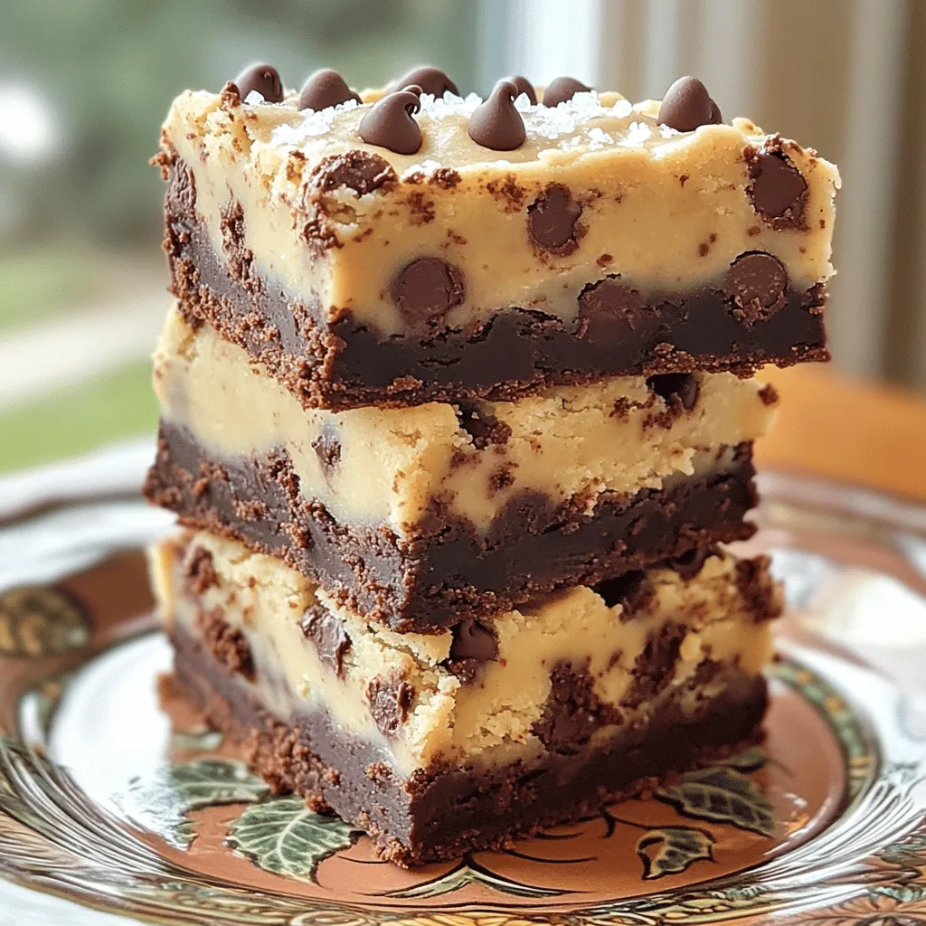 - 1 cup unsalted butter, melted - 1 cup granulated sugar - 1 cup packed brown sugar - 4 large eggs - 1 teaspoon vanilla extract - 1 cup all-purpose flour - 1/2 cup unsweetened cocoa powder - 1/2 teaspoon salt - 1 cup semi-sweet chocolate chips - 1/2 cup unsalted butter, softened - 1/2 cup granulated sugar - 1 cup packed brown sugar - 2 tablespoons milk - 1 teaspoon vanilla extract - 1 1/2 cups all-purpose flour - 1/2 teaspoon salt - 1/2 cup mini chocolate chips The brownie layer needs rich, deep flavors. We start with melted unsalted butter for a soft base. Then, add both granulated and brown sugars to create a sweet, caramel-like taste. The eggs give us a smooth texture. Don't forget the vanilla extract for that warm, inviting aroma. Next, we mix in the dry ingredients. All-purpose flour and cocoa powder combine to give the brownies their structure and chocolatey goodness. Finally, toss in semi-sweet chocolate chips for those melty pockets of joy. For the cookie dough layer, we use softened unsalted butter, so it creams well with the sugars. We want a fluffy mix, which helps the dough stay soft. Adding milk keeps the dough moist. The flour here creates that classic cookie dough texture. Mini chocolate chips provide bursts of chocolate in every bite. These simple ingredients come together for a delightful treat. You will find the full recipe for all the steps later. Enjoy the process of mixing and baking. It’s a fun way to create something special! - Set oven temperature to 350°F (175°C). - Prepare a 9x13 inch baking dish. - Combine melted butter, granulated sugar, and packed brown sugar. - Mix in eggs and vanilla extract thoroughly. - Fold in the dry ingredients alongside semi-sweet chocolate chips. I love making the brownie layer first. The warm melted butter combines well with the sugars. It creates a sweet, rich base. Mixing in the eggs and vanilla adds depth to the flavor. When you fold in the dry ingredients, do it gently. This keeps the brownies soft and fudgy. Adding chocolate chips makes it extra special! - Pour and spread the brownie batter in the prepared dish. - Bake for 25-30 minutes and cool completely. Once the batter is in the dish, spread it evenly. This step is key for even baking. After baking, let it cool completely. This way, the brownie layer won’t melt the cookie dough. - Cream together butter, granulated sugar, and brown sugar until fluffy. - Mix in milk and vanilla; then stir in flour and mini chocolate chips. The cookie dough layer is just as fun to make! Creaming the butter and sugars creates a light texture. When you add milk and vanilla, it becomes even smoother. Stir in flour and mini chocolate chips for that classic cookie taste. - Spread the cookie dough layer evenly on the cooled brownie layer. When the brownie layer is cool, take the cookie dough. Spread it evenly on top. This creates a lovely contrast between the brownie and cookie dough. - Refrigerate for at least 30 minutes, then cut into squares. Chilling the brownies helps set the cookie dough. After 30 minutes, cut them into squares. You can serve them chilled or at room temperature. They stay delightful either way! For more details, check the Full Recipe. - Check for doneness with a toothpick. Insert it in the center. If it comes out with moist crumbs, you're good to go. - Avoid overmixing the batter for fudgy brownies. Stir gently until just combined for the best texture. - Serve chilled or at room temperature. Both options offer a tasty treat. - Enhance presentation with melted chocolate drizzle and sea salt. This adds flair and flavor. - Do not skip cooling the brownie layer before adding cookie dough. This step is key for layers to stick. - Avoid using cold butter in the cookie dough layer. Softened butter mixes better and creates a smoother texture. {{image_4}} To make these treats gluten-free, swap out regular flour for gluten-free all-purpose flour. This change works great and keeps the texture just right. You won't miss the gluten at all! You can enhance the flavor by adding nuts or extra chocolate chunks. Chopped walnuts or pecans add a nice crunch. Extra chocolate chunks create a richer taste. Mix them into your cookie dough for a delightful surprise. For a fun twist, drizzle caramel on top or add colorful sprinkles. Caramel adds a sweet, gooey layer, while sprinkles bring a festive touch. Both options make your brownies even more appealing, so get creative! Keep your Chocolate Chip Cookie Dough Brownies in an airtight container at room temperature. This helps them stay fresh and tasty. Avoid direct sunlight to keep them from drying out. You can store the brownies in the refrigerator for up to one week. This keeps them moist and delicious. Just remember to seal them tightly so they don’t absorb any fridge odors. If you want to save some for later, freeze them! Place the brownies in a freezer-safe container. They can stay good for up to two months. When you’re ready to enjoy, let them thaw at room temperature before serving. Yes, they can be made a day in advance and stored in the refrigerator. Regular chocolate chips can be used as a substitute. They work just fine. Insert a toothpick; it should come out with moist crumbs, not wet batter. Yes, margarine can be used, but it may alter the flavor slightly. Absolutely, they are a crowd-pleaser and easy to serve! For the complete recipe, refer to the section on preparations. These loaded brownies combine rich chocolate with sweet cookie dough. You learned how to make both brownie and cookie layers, then assemble them perfectly. Remember to cool the brownies before adding the cookie layer to avoid mushiness. You can customize these treats with flavors and toppings to fit any occasion. Store leftovers in an airtight container for freshness. Try making these for your next gathering. They are sure to impress everyone! Enjoy baking and savoring your delicious creation.