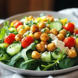 To make a great crispy chickpea salad, gather these fresh ingredients: - 1 can (15 oz) chickpeas, thoroughly drained and rinsed - 4 cups mixed greens (spinach, arugula, romaine) - 1 cup cherry tomatoes, halved - 1 medium cucumber, diced - 1/2 medium red onion, thinly sliced - 1/4 cup feta cheese (optional for vegan option) The right seasonings and dressing bring everything together. You will need: - 1 tablespoon extra-virgin olive oil - 1 teaspoon smoked paprika - 1/2 teaspoon garlic powder - 1/2 teaspoon ground cumin - Salt and freshly ground black pepper, to taste - 2 tablespoons tahini - 1 tablespoon freshly squeezed lemon juice - Fresh parsley, chopped for garnish Gathering these ingredients is the first step to making your crispy chickpea salad. Make sure to use fresh greens and ripe tomatoes for the best flavor. For a vegan option, simply skip the feta cheese. You can find the full recipe in the previous sections. Happy cooking! 1. Preheat the oven to 400°F (200°C). This step is key for crispiness. 2. In a large bowl, combine the chickpeas with olive oil and your spices. Add smoked paprika, garlic powder, cumin, salt, and pepper. Mix well until all chickpeas are coated. 3. Spread the seasoned chickpeas on a baking sheet. Use parchment paper for easy cleanup. 1. Roast the chickpeas for 25-30 minutes. Remember to shake the pan halfway through. This step helps them cook evenly. 2. Check for a golden brown and crispy texture. You want them crunchy, not burnt. 1. In a big bowl, combine mixed greens, cherry tomatoes, cucumber, and red onion. Toss gently to mix all the fresh ingredients. 2. For the dressing, whisk together tahini and lemon juice. Add a little water if it’s too thick. Season with salt to taste. 1. Once your chickpeas are warm and crispy, add them to the salad mixture. 2. Drizzle the tahini dressing over the salad and toss gently. This ensures every bite is full of flavor. 3. If you like, garnish with feta cheese and fresh parsley. Serve right away for the best taste. Check out the [Full Recipe] for more details! To make your chickpeas crispy, start by drying them well. Drain and rinse the can of chickpeas, then pat them dry with a towel. This step is crucial. Moisture will make them soggy instead of crispy. After drying, spread them on a baking sheet lined with parchment paper. This helps with even roasting and makes cleanup easy. For a beautiful presentation, serve your salad in large, shallow bowls. This allows the colors to shine and the flavors to mix well. To add a pop of color and flavor, place lemon wedges around the salad. Guests can squeeze the lemon on their servings for a zesty touch. Feel free to switch up the greens. You can use kale, romaine, or even baby spinach. Seasonal vegetables like bell peppers or radishes also work great. If you want a vegan dressing, swap tahini with hummus or a simple olive oil and vinegar mix. This keeps the salad fresh and exciting every time you make it. {{image_4}} You can change the flavor of your crispy chickpea salad in fun ways. - For a spicy kick, add cayenne pepper. It brings heat and boldness. - Try a Mediterranean twist with olives and sun-dried tomatoes. This adds a lovely salty taste. These variations make the salad unique and exciting each time you make it. Adding protein to your salad makes it filling and nutritious. - Grilled chicken or shrimp can be great toppings. They make the salad heartier and satisfying. - You can also mix in quinoa or farro. These grains add texture and extra nutrients. These options keep your meal balanced and delicious. Changing up the dressing can enhance your salad’s flavor. - Swap the tahini dressing for a lemon vinaigrette. The bright taste of lemon is refreshing. - A yogurt-based dressing adds creaminess. This works well with the crispy chickpeas. Experimenting with dressings can lead to new favorites. For the full recipe, check out the details above. Store any leftover salad in an airtight container. Keep it in the fridge. This helps keep your salad fresh for up to three days. Avoid mixing the chickpeas with the greens until you eat it. This keeps the greens crisp and tasty. To maintain crispy chickpeas, place them in a separate container. Store them at room temperature. Keeping them away from moisture helps them stay crunchy. Prep your ingredients ahead of time for easy meals. You can rinse and drain the chickpeas a day before. Chop the veggies and store them in the fridge. This makes assembly quick and easy. When you are ready to eat, toss your salad together. Add the crispy chickpeas last to keep them crunchy. This way, your salad will taste fresh and vibrant. You can freeze the chickpeas if you have leftovers. Just let them cool first. Place them in a freezer-safe bag and remove all air. They can last up to three months in the freezer. When you want to eat them, thaw them in the fridge overnight. To reheat, pop them in the oven at 400°F until warm. This helps restore their crispiness. Avoid freezing the salad once it has dressing; fresh salads taste best! To make chickpeas crispy, start by drying them well after rinsing. Wet chickpeas will steam instead of roast. Use a clean towel for drying. Then, toss them with olive oil and your favorite spices. Smoke paprika and cumin work great! Spread them in a single layer on a baking sheet lined with parchment paper. Roast at 400°F (200°C) for 25-30 minutes. Shake the pan halfway through to help them cook evenly. The goal is golden brown and crunchy chickpeas. Yes, you can prepare this salad in advance. Cook the chickpeas and store them in an airtight container. You can also chop the veggies and mix them together. Keep the dressing separate to prevent sogginess. When you’re ready to eat, combine everything. This method keeps your salad fresh and crisp. If you need a substitute for tahini, consider using almond butter or sunflower seed butter. These options provide a creamy texture and nutty flavor. Another great choice is a simple dressing made from yogurt and lemon juice. This will give you a nice tang without the sesame taste. Yes, this salad is great for meal prep. Store the chickpeas, veggies, and dressing separately. Assemble your salad when you are ready to eat. This way, you’ll keep everything fresh and crunchy. Use glass containers for storage to avoid staining and make reheating easy. Leftovers will typically last for about 3 days in the fridge. Make sure to store the chickpeas separately from the veggies. This helps maintain their crispness. If the chickpeas lose their crunch, you can reheat them in the oven for a few minutes to restore their texture. Enjoy your delicious, fresh salad! This crunchy chickpea salad is easy to make and packed with flavor. You learned how to prepare, roast, and serve chickpeas. I shared tips to keep them crispy and ideas to customize your salad. Remember, you can switch dressings and add proteins for variety. Enjoy this healthy meal anytime you want a fresh, tasty dish!