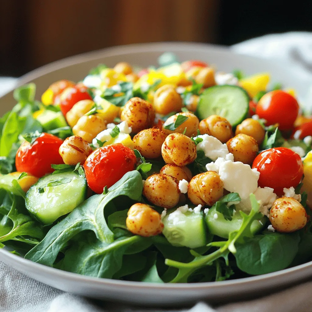 To make a great crispy chickpea salad, gather these fresh ingredients: - 1 can (15 oz) chickpeas, thoroughly drained and rinsed - 4 cups mixed greens (spinach, arugula, romaine) - 1 cup cherry tomatoes, halved - 1 medium cucumber, diced - 1/2 medium red onion, thinly sliced - 1/4 cup feta cheese (optional for vegan option) The right seasonings and dressing bring everything together. You will need: - 1 tablespoon extra-virgin olive oil - 1 teaspoon smoked paprika - 1/2 teaspoon garlic powder - 1/2 teaspoon ground cumin - Salt and freshly ground black pepper, to taste - 2 tablespoons tahini - 1 tablespoon freshly squeezed lemon juice - Fresh parsley, chopped for garnish Gathering these ingredients is the first step to making your crispy chickpea salad. Make sure to use fresh greens and ripe tomatoes for the best flavor. For a vegan option, simply skip the feta cheese. You can find the full recipe in the previous sections. Happy cooking! 1. Preheat the oven to 400°F (200°C). This step is key for crispiness. 2. In a large bowl, combine the chickpeas with olive oil and your spices. Add smoked paprika, garlic powder, cumin, salt, and pepper. Mix well until all chickpeas are coated. 3. Spread the seasoned chickpeas on a baking sheet. Use parchment paper for easy cleanup. 1. Roast the chickpeas for 25-30 minutes. Remember to shake the pan halfway through. This step helps them cook evenly. 2. Check for a golden brown and crispy texture. You want them crunchy, not burnt. 1. In a big bowl, combine mixed greens, cherry tomatoes, cucumber, and red onion. Toss gently to mix all the fresh ingredients. 2. For the dressing, whisk together tahini and lemon juice. Add a little water if it’s too thick. Season with salt to taste. 1. Once your chickpeas are warm and crispy, add them to the salad mixture. 2. Drizzle the tahini dressing over the salad and toss gently. This ensures every bite is full of flavor. 3. If you like, garnish with feta cheese and fresh parsley. Serve right away for the best taste. Check out the [Full Recipe] for more details! To make your chickpeas crispy, start by drying them well. Drain and rinse the can of chickpeas, then pat them dry with a towel. This step is crucial. Moisture will make them soggy instead of crispy. After drying, spread them on a baking sheet lined with parchment paper. This helps with even roasting and makes cleanup easy. For a beautiful presentation, serve your salad in large, shallow bowls. This allows the colors to shine and the flavors to mix well. To add a pop of color and flavor, place lemon wedges around the salad. Guests can squeeze the lemon on their servings for a zesty touch. Feel free to switch up the greens. You can use kale, romaine, or even baby spinach. Seasonal vegetables like bell peppers or radishes also work great. If you want a vegan dressing, swap tahini with hummus or a simple olive oil and vinegar mix. This keeps the salad fresh and exciting every time you make it. {{image_4}} You can change the flavor of your crispy chickpea salad in fun ways. - For a spicy kick, add cayenne pepper. It brings heat and boldness. - Try a Mediterranean twist with olives and sun-dried tomatoes. This adds a lovely salty taste. These variations make the salad unique and exciting each time you make it. Adding protein to your salad makes it filling and nutritious. - Grilled chicken or shrimp can be great toppings. They make the salad heartier and satisfying. - You can also mix in quinoa or farro. These grains add texture and extra nutrients. These options keep your meal balanced and delicious. Changing up the dressing can enhance your salad’s flavor. - Swap the tahini dressing for a lemon vinaigrette. The bright taste of lemon is refreshing. - A yogurt-based dressing adds creaminess. This works well with the crispy chickpeas. Experimenting with dressings can lead to new favorites. For the full recipe, check out the details above. Store any leftover salad in an airtight container. Keep it in the fridge. This helps keep your salad fresh for up to three days. Avoid mixing the chickpeas with the greens until you eat it. This keeps the greens crisp and tasty. To maintain crispy chickpeas, place them in a separate container. Store them at room temperature. Keeping them away from moisture helps them stay crunchy. Prep your ingredients ahead of time for easy meals. You can rinse and drain the chickpeas a day before. Chop the veggies and store them in the fridge. This makes assembly quick and easy. When you are ready to eat, toss your salad together. Add the crispy chickpeas last to keep them crunchy. This way, your salad will taste fresh and vibrant. You can freeze the chickpeas if you have leftovers. Just let them cool first. Place them in a freezer-safe bag and remove all air. They can last up to three months in the freezer. When you want to eat them, thaw them in the fridge overnight. To reheat, pop them in the oven at 400°F until warm. This helps restore their crispiness. Avoid freezing the salad once it has dressing; fresh salads taste best! To make chickpeas crispy, start by drying them well after rinsing. Wet chickpeas will steam instead of roast. Use a clean towel for drying. Then, toss them with olive oil and your favorite spices. Smoke paprika and cumin work great! Spread them in a single layer on a baking sheet lined with parchment paper. Roast at 400°F (200°C) for 25-30 minutes. Shake the pan halfway through to help them cook evenly. The goal is golden brown and crunchy chickpeas. Yes, you can prepare this salad in advance. Cook the chickpeas and store them in an airtight container. You can also chop the veggies and mix them together. Keep the dressing separate to prevent sogginess. When you’re ready to eat, combine everything. This method keeps your salad fresh and crisp. If you need a substitute for tahini, consider using almond butter or sunflower seed butter. These options provide a creamy texture and nutty flavor. Another great choice is a simple dressing made from yogurt and lemon juice. This will give you a nice tang without the sesame taste. Yes, this salad is great for meal prep. Store the chickpeas, veggies, and dressing separately. Assemble your salad when you are ready to eat. This way, you’ll keep everything fresh and crunchy. Use glass containers for storage to avoid staining and make reheating easy. Leftovers will typically last for about 3 days in the fridge. Make sure to store the chickpeas separately from the veggies. This helps maintain their crispness. If the chickpeas lose their crunch, you can reheat them in the oven for a few minutes to restore their texture. Enjoy your delicious, fresh salad! This crunchy chickpea salad is easy to make and packed with flavor. You learned how to prepare, roast, and serve chickpeas. I shared tips to keep them crispy and ideas to customize your salad. Remember, you can switch dressings and add proteins for variety. Enjoy this healthy meal anytime you want a fresh, tasty dish!