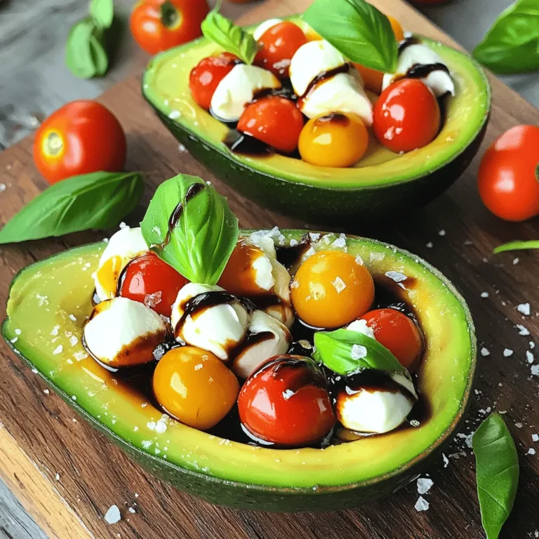 - Ripe avocados - Cherry tomatoes - Fresh mozzarella balls (bocconcini) - Fresh basil leaves - Balsamic glaze - Extra virgin olive oil - Salt and pepper How to properly measure balsamic glaze To measure balsamic glaze, use a tablespoon. Pour the glaze in slowly to avoid spills. You want two tablespoons for this recipe. This gives it a sweet and tangy kick. Tips for selecting fresh mozzarella When choosing mozzarella, look for soft, plump balls. Check the packaging for a recent date. Fresh mozzarella should smell mild and creamy. This adds a rich taste to your dish. Choosing the right avocados Pick avocados that yield slightly to gentle pressure. They should feel firm but not hard. If they are too soft, they may be overripe. Use two ripe avocados for the best flavor. For the full recipe, check out the Caprese Stuffed Avocados section. To start, slice each avocado in half lengthwise. Use a knife to cut around the pit, then twist to open. Gently pull out the pit with a spoon or your fingers. Next, scoop out a small amount of the avocado flesh from the center. This creates extra space for stuffing. You can save that avocado flesh for another dish, like guacamole. In a medium bowl, combine the halved cherry tomatoes, halved mozzarella balls, and torn basil leaves. This mix brings bright colors and fresh flavors together. Drizzle the olive oil and balsamic glaze over the mixture. Add salt and pepper to taste. Stir gently with a spoon. Make sure the basil evenly coats the tomatoes and mozzarella. Now, take your prepared avocado halves. Fill each one generously with the Caprese mixture. Press it down lightly to pack it in well. For an extra flavor boost, drizzle any leftover balsamic glaze over the top of the filled avocados. Enjoy the vibrant colors and fresh tastes of this dish. For the full recipe, check out the details above. To keep avocados fresh, store them at room temperature. Once ripe, put them in the fridge. This slows down the ripening process. If you want to eat them later, do this right after they ripen. Serve the stuffed avocados right away for the best taste. If you prepare them in advance, chill them briefly. This helps the flavors blend well. Adding spices can boost your dish's flavor. Try a pinch of garlic powder or red pepper flakes. These spices bring a nice kick. For cheese lovers, consider mixing in feta or goat cheese. These options give a different taste and texture to your dish. You can also sprinkle some fresh herbs on top for extra flavor. These simple additions can make your Caprese stuffed avocados even better. For the full recipe, check the details above. {{image_4}} You can make Caprese stuffed avocados even more fun by adding seasonal vegetables. Try diced bell peppers or thinly sliced zucchini. These veggies not only add flavor but also color. You can also use seasonal herbs like dill or chives for a twist. If you want a vegan-friendly version, swap the mozzarella for vegan cheese. There are great options that melt and taste similar. For gluten-free needs, this dish is already safe! Just ensure your balsamic glaze is gluten-free. You can enjoy this dish without worries. For the full recipe, check out [Full Recipe]. To store filled avocados, place them in an airtight container. Cover them tightly to keep air out. If you have leftover stuffing, store it separately. This helps keep the avocados fresh. Avocados can brown quickly. Look for signs of freshness in storage. The flesh should stay green and firm. If it turns brown, it may not taste good anymore. Can you reheat stuffed avocados? It's not the best idea. They taste best fresh. If you have to reheat them, do it gently. Use a microwave at low power for a short time. Enjoying leftovers cold can also be great! The flavors often blend nicely when chilled. You can also add a fresh drizzle of balsamic glaze for extra taste when serving. You can get creative with your Caprese stuffed avocados. Here are some fun ideas: - Pine nuts: Add a crunchy texture. - Olives: Black or green olives give a salty kick. - Prosciutto: For a savory flavor, add thin slices. - Roasted red peppers: They will add some sweetness. - Spinach: Fresh spinach can boost the nutrients. Mix and match these options to fit your taste! Yes, you can prep these avocados ahead of time, but keep some tips in mind: - Prep the filling: Mix the tomatoes, mozzarella, and basil. - Store separately: Keep the avocado halves and filling apart. - Assemble later: Fill the avocados just before serving. - Chill: If you want, chill the filling for 30 minutes. This way, your dish stays fresh and tasty! Choosing ripe avocados is easy once you know what to look for. Here are the signs: - Color: Look for dark green to almost black skin. - Feel: Gently squeeze; it should feel soft but not mushy. - Stem test: If the stem comes off easily and is green underneath, it's ripe. Avoid avocados that are too hard or have dark spots. A perfect avocado makes your dish shine! In this blog post, we explored how to create delicious Caprese stuffed avocados. We covered the fresh ingredients you need and tips for measuring them correctly. You learned step-by-step instructions on preparing, mixing, and assembling your dish. We also shared valuable tips for freshness and flavor enhancements. By using seasonal ingredients and adjusting for dietary needs, you can make this dish your own. Remember to store leftovers properly for the best taste. Enjoy this fresh and tasty meal that’s easy to prepare!