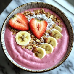 - 1 ripe banana - 1 cup fresh strawberries - 1/2 cup Greek yogurt (or dairy-free alternative) - 1/2 cup almond milk (or plant-based milk) - 1 tablespoon honey or maple syrup (optional) - 1 tablespoon chia seeds - 1/4 teaspoon pure vanilla extract The main ingredients in this smoothie bowl create a creamy, delicious base. A ripe banana adds natural sweetness and a smooth texture. Fresh strawberries bring a burst of flavor and vibrant color. Greek yogurt gives it a creamy consistency, while almond milk keeps it light. Chia seeds add nutrition and a fun texture. The optional sweetener lets you adjust the flavor to your liking. Finally, pure vanilla extract enhances the overall taste, making each spoonful delightful. - Sliced banana - Quartered strawberries - Crunchy granola - Shredded coconut - Chopped nuts Toppings elevate your smoothie bowl. Sliced bananas and quartered strawberries add freshness and color. Crunchy granola offers a satisfying crunch and texture contrast. Shredded coconut adds a tropical twist and a bit of chewiness. Chopped nuts bring protein and healthy fats, making this treat even more satisfying. For the full recipe, you can find it in the recipe section. Experiment with toppings to find your perfect mix! Blending Ingredients First, add the ripe banana, fresh strawberries, Greek yogurt, almond milk, chia seeds, and vanilla extract into a blender. Blend on high speed until smooth. Scrape the sides of the blender if needed. This ensures all the ingredients mix well. Adjusting Sweetness Before serving, taste your smoothie. If you want it sweeter, add honey or maple syrup. Blend for a few seconds to mix in the sweetener. This step helps you get the perfect flavor for your taste. Pouring and Swirling Pour the smoothie into a bowl. Use the back of a spoon to create a gentle swirl in the center. This adds a nice touch and makes it look fancy. Arranging the Toppings for Presentation Now, it’s time for toppings! Start with sliced bananas and quartered strawberries. Add a handful of crunchy granola, a sprinkle of shredded coconut, and some chopped nuts. Arrange them in a way that looks colorful and inviting. Each topping adds its own flavor and crunch, making your bowl even more delightful. For the full recipe, check the details above and enjoy your fresh and flavorful treat! To get the best texture for your smoothie bowl, use a high-speed blender. I recommend starting on a low setting. Gradually increase to high speed for about 30 seconds. This helps blend all the ingredients smoothly. If your mixture is too thick, add a splash more almond milk. The temperature of your ingredients matters, too. Use cold fruits and yogurt for a refreshing smoothie. If you want a thicker texture, chill your bowl in the fridge before serving. This keeps your smoothie cold and creamy. You can customize the sweetness based on your taste. If you like it sweeter, add more honey or maple syrup. Blend again briefly to mix it in well. Remember, you can always add more, but you can't take it out! For alternatives, try using maple syrup instead of honey for a vegan option. You can swap Greek yogurt for coconut yogurt to keep it dairy-free. Each choice changes the flavor slightly, so experiment to find what you love most. {{image_4}} You can make your smoothie bowl even more fun by adding other fruits. Try mixing in berries like blueberries or raspberries. They add color and a punch of flavor. You can also blend in greens like spinach or kale. This gives you a healthy boost and makes your bowl look vibrant. The greens mix well with the strawberries and bananas, adding a nice twist. To change the taste, think about adding cocoa or matcha. Cocoa can give a rich, chocolatey flavor. Matcha adds a nice earthy note. Both pair well with the fruity base. You can also use different yogurt flavors. For example, try vanilla, coconut, or even strawberry yogurt. This small switch can change the whole vibe of your smoothie bowl. Explore these ideas to make your strawberry banana smoothie bowl unique and delicious. For the full recipe, check out the details above. After making your strawberry banana smoothie bowl, you may want to store any leftovers. To keep it fresh, place the smoothie in an airtight container. This helps prevent air from changing its taste. Store it in the fridge for up to 24 hours. When you’re ready to eat, stir it well. Sometimes, a little separation happens, but that’s normal. If you want to save your smoothie bowl for later, freezing is a great choice. Pour the smoothie into freezer-safe containers. Leave some space at the top, as liquids expand when frozen. Your smoothie bowl can stay fresh in the freezer for about a month. To enjoy it later, transfer it to the fridge overnight to thaw. If you’re in a hurry, you can also thaw it at room temperature for a couple of hours. After thawing, give it a good stir and add fresh toppings. This will help revive its flavor and texture. Check out the Full Recipe for tips on creating this delicious treat! A smoothie bowl is a thick smoothie served in a bowl. It has a creamy texture, often topped with fruits, nuts, and seeds. You can use many flavors and colors to make it fun and tasty. This dish lets you enjoy your smoothie with a spoon instead of a straw. The bowl's toppings add crunch and color, making each bite exciting. Yes, you can use frozen fruit. Using frozen fruit helps make your smoothie bowl colder and thicker. It also gives you a great texture. Plus, frozen fruit stays fresh longer, so it’s perfect for quick meals. Just blend the frozen fruit straight from the freezer. Your smoothie bowl will taste just as good, if not better! To make a smoothie bowl vegan, swap out dairy products. Use dairy-free yogurt instead of Greek yogurt. You can also pick plant-based milk, like almond or oat milk. For sweetness, use maple syrup instead of honey. These simple changes keep your smoothie bowl tasty and vegan-friendly. You can enjoy a fresh and healthy treat without any animal products. In this blog post, we explored how to create the perfect smoothie bowl. We covered main ingredients like ripe bananas and Greek yogurt, plus tasty toppings. You learned how to blend, sweeten, and present your dish beautifully. Tips for texture and flavor made the recipe even better. You can customize it with fruits or different yogurts. Storing your creations properly ensures they last longer. Enjoy experimenting with your smoothie bowls and have fun with flavors!