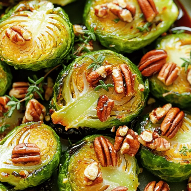 - 1 pound Brussels sprouts, trimmed and halved - 3 tablespoons extra virgin olive oil - 1/4 cup pure maple syrup - 2 tablespoons balsamic vinegar - 1 teaspoon garlic powder - 1/2 teaspoon fine sea salt - 1/4 teaspoon freshly ground black pepper - Optional ingredients: 1/4 cup chopped pecans, fresh thyme leaves for garnish Brussels sprouts are the star of this dish. Their natural sweetness shines when roasted. The olive oil helps them crisp up nicely, while the garlic powder adds a savory touch. Maple syrup brings a sweet glaze, and balsamic vinegar adds a tangy depth. I love adding pecans for a nutty crunch. The fresh thyme leaves give a lovely aroma and color. You can skip them if you want a simpler dish. This recipe is easy to follow and results in a flavorful side. For the full recipe, refer to the beginning. - Preheat the oven to 425°F (220°C). - Trim and halve the Brussels sprouts. First, you want to get your oven nice and hot. Preheating ensures that your Brussels sprouts roast evenly. While the oven warms, take a moment to trim the ends of the Brussels sprouts. Halving them helps them cook faster and get crispy edges. - Combine Brussels sprouts with olive oil and seasonings. - Ensure thorough coating before roasting. In a large bowl, toss the halved Brussels sprouts with olive oil, garlic powder, salt, and pepper. The oil helps them roast and brown nicely. Make sure every sprout gets a good coating. You want them to be flavorful and ready for the oven! - Arrange sprouts on a baking sheet. - Initial roasting time and stirring halfway through. Spread the coated sprouts on a baking sheet in a single layer. This allows them to crisp up without steaming. Roast them for about 20 minutes. Halfway through, take them out and give them a good stir. This helps them cook evenly and get that nice golden color. - Making the glaze with maple syrup and balsamic vinegar. - Reducing the glaze until thick. While the Brussels sprouts roast, let’s make the glaze. In a small saucepan, mix maple syrup and balsamic vinegar. Heat it over medium heat. Stir it occasionally until it thickens. This will take about five minutes. The sweet and tangy flavors will really shine in the end. - Drizzling the glaze and additional roasting. - Adding pecans and garnishing options. Once the sprouts are out of the oven, drizzle your thick glaze over them. Stir gently to coat every sprout. Put them back in the oven for another 10 minutes. If you like, add chopped pecans during the last five minutes. They will toast and add a nice crunch. For extra flair, garnish with fresh thyme leaves before serving. This adds a pop of color and flavor! For the full recipe, check out the section above. To make the glaze just right, focus on its thickness. Aim for a syrupy texture. If it’s too thin, simmer it longer. For a thicker glaze, let it bubble gently. This adds depth to the flavor. Balance the sweetness with tanginess. You can add more balsamic vinegar for a sharper taste. Adjust the maple syrup if you like it sweeter. Spacing your Brussels sprouts matters. Place them in a single layer on the baking sheet. This helps them roast evenly. If they touch, they might steam instead of roast. Look for a golden-brown color to know they’re done. Tender sprouts with crispy edges show they have roasted well. Pair these maple glazed Brussels sprouts with roasted chicken or pork. They also go well with quinoa for a veggie meal. For presentation, serve them in a rustic bowl. Drizzle glaze over the top for a shiny finish. Scatter fresh thyme leaves to add color and flavor. This makes your dish pop! For the full recipe, check out the details above. {{image_4}} You can change the glaze to suit your taste. Using honey or agave syrup works well. Both sweeteners add a distinct flavor. Honey gives a floral note, while agave has a milder sweetness. You can also add spices for a new twist. Try a pinch of cinnamon or smoked paprika. These spices bring warmth and depth to the dish. Different nuts can enhance the dish's texture and flavor. Walnuts have a rich taste, while almonds add a nice crunch. You can also explore herbs for a fresh touch. Fresh rosemary or parsley can brighten up the plate. These simple changes can make your Brussels sprouts even more exciting. You can easily make this dish vegan. Replace the maple syrup with a plant-based sweetener, if needed. For gluten-free options, ensure your balsamic vinegar is gluten-free. Most brands are safe, but check the label to be sure. These adjustments keep your dish flavorful while meeting dietary needs. To store leftover maple glazed Brussels sprouts, place them in an airtight container. You want to keep them fresh and tasty. Store them in the fridge for up to three days. If you plan to eat them soon, this method works best. When reheating, you want to keep the sprouts crispy. I recommend using the oven. Preheat it to 350°F (175°C). Place the sprouts on a baking sheet and heat for about 10 minutes. This way, they won't get soggy. You can also use a skillet over medium heat for about five minutes, stirring gently. Can you freeze maple glazed Brussels sprouts? Yes, you can! However, I suggest freezing them before adding the glaze. Place the unglazed sprouts in a freezer-safe bag. They will last for about two months. When ready to eat, thaw them in the fridge overnight. Then, roast and glaze them fresh for the best flavor. Roasting Brussels sprouts takes about 30 minutes for great results. Start with 20 minutes at 425°F (220°C). After that, toss them and roast for another 10 minutes. This method gives them a crispy texture. Yes, you can use frozen Brussels sprouts. First, thaw them completely. Then, pat them dry to remove excess moisture. This helps them crisp up nicely. They may need a few extra minutes in the oven, so check for doneness. To reduce bitterness, try these tips: - Roast them until crispy for a sweeter flavor. - Toss in a bit of salt to balance the taste. - Add the maple glaze to enhance the sweetness. These methods can make your sprouts more enjoyable. Yes, maple glazed Brussels sprouts are healthy! They are low in calories and high in vitamins. Brussels sprouts provide fiber and antioxidants. Just remember to use the glaze in moderation. This keeps the dish healthy but still tasty. This post shared a simple recipe for maple glazed Brussels sprouts. You learned how to prepare and roast them for great flavor. We covered tips for perfecting the glaze and serving ideas. These sprouts can fit many diets with some adjustments. Try these steps to make a delicious dish. You will impress family and friends with your cooking. Enjoy this tasty vegetable in new ways!