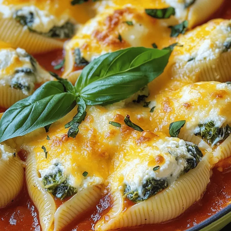 To make Cheesy Spinach Stuffed Shells, you need the following items: - 20 jumbo pasta shells - 2 cups ricotta cheese - 1 cup shredded mozzarella cheese, divided - 1/2 cup grated Parmesan cheese - 2 cups fresh spinach, finely chopped - 1/2 teaspoon garlic powder - 1/2 teaspoon onion powder - 1/4 teaspoon nutmeg - Salt and pepper to taste - 2 cups marinara sauce - Fresh basil leaves for garnish You can swap some ingredients for others. Here are some ideas: - Use cottage cheese instead of ricotta for a lighter option. - Swap mozzarella with provolone or gouda for a different flavor. - If you don’t have fresh spinach, frozen spinach works well. Just thaw and drain it first. - For a vegan version, use tofu or a plant-based cheese. Each serving of Cheesy Spinach Stuffed Shells offers a tasty balance of nutrients. Here’s a quick look: - Calories: About 400-450 per serving - Protein: 20g - Carbohydrates: 45g - Fat: 20g - Fiber: 4g - Calcium: Significant from cheese and spinach This meal gives you protein, vitamins, and a fulfilling taste. Check the full recipe for more details on serving sizes and preparation. First, preheat your oven to 375°F (190°C). This step warms up the oven so your stuffed shells bake evenly. Next, boil a large pot of salted water. Add 20 jumbo pasta shells and cook them until they are al dente. This usually takes about 8-10 minutes. Once ready, drain the shells and rinse them under cold water. This stops the cooking process and helps keep them from sticking. In a big mixing bowl, add 2 cups of ricotta cheese, 1 cup of shredded mozzarella (save some for later!), and 1/2 cup of grated Parmesan. Also, add 2 cups of finely chopped spinach, 1/2 teaspoon of garlic powder, 1/2 teaspoon of onion powder, and 1/4 teaspoon of nutmeg. Season with salt and pepper to taste. Mix everything together until it’s nice and creamy. Now it’s time to fill the shells! Use a spoon or a small spatula to carefully stuff each shell with the spinach mixture. Don’t overfill them; just make the filling level with the edge of the shell. Take a 9x13 inch baking dish and spread about 1 cup of marinara sauce on the bottom. Place the stuffed shells in a single layer on top of the sauce. Pour the rest of the marinara sauce over the shells. Lastly, sprinkle the remaining mozzarella cheese on top. This will make your dish extra cheesy. Cover the dish with aluminum foil and bake for 20 minutes. After that, take off the foil and bake for another 10-15 minutes. This will melt the cheese and give it a nice golden-brown top. Once done, let it cool for a few minutes. Garnish with fresh basil leaves for a pretty touch and serve! If you want the full recipe, check out the [Full Recipe]. To make perfect stuffed shells, start by cooking them just right. Use a large pot of salted water. Bring it to a boil before adding the shells. Cook them for about 8-10 minutes, or until they are al dente. This means they should still have a slight bite to them. After cooking, drain the shells. Rinse them under cold water to stop the cooking. This helps keep them firm and prevents them from breaking. Preventing the shells from sticking together is easy. After cooking, make sure to rinse them with cold water right away. You can also add a bit of oil to the water before cooking. This helps to keep the shells from clumping. If they still stick, try using a non-stick baking dish. This will help them slide out easily once baked. You can boost the flavor of your Cheesy Spinach Stuffed Shells in many ways. Adding fresh herbs like basil or parsley can brighten the dish. Feel free to mix in some red pepper flakes for a little heat. You can also try using different cheeses. A mix of feta or goat cheese can add a nice tang. For a richer taste, consider adding cooked sausage or ground meat to the filling. These simple changes can transform the dish into something special. {{image_4}} You can easily make Cheesy Spinach Stuffed Shells vegetarian-friendly. Just focus on fresh veggies. Try adding chopped mushrooms, bell peppers, or zucchini to the filling. These veggies add taste and texture. You can also swap out the marinara sauce for a creamy Alfredo sauce. This creates a rich flavor that pairs well with the cheese. If you want a heartier dish, consider adding meat. Ground beef, turkey, or sausage works great. Cook the meat before mixing it with the cheese and spinach. This gives the filling a savory depth. You can even use shredded rotisserie chicken for a quick option. Just make sure to adjust the seasoning to match the meat. For a gluten-free version, use gluten-free pasta shells. They are easy to find in most stores now. Be sure to check the label for gluten-free certification. You can also make your own pasta if you want to get creative. For the sauce, choose a gluten-free marinara. This way, you can enjoy your cheesy, delicious meal without any worries. These variations let you customize your dish to fit your taste. With these ideas, you can make Cheesy Spinach Stuffed Shells your own! For the full recipe, check out the details above. Store leftover cheesy spinach stuffed shells in an airtight container. They stay fresh for about 3 to 5 days in the fridge. Make sure to let them cool before sealing. This helps keep the shells firm. If you have extra marinara sauce, store it separately. To reheat, take the shells out of the fridge. Preheat your oven to 350°F (175°C). Place the shells in an oven-safe dish. Pour a little marinara sauce on top to keep them moist. Cover with foil and heat for about 20 minutes. Check that they are heated through before serving. You can freeze cheesy spinach stuffed shells if you want to save some for later. Assemble the dish but do not bake it. Wrap it tightly in plastic wrap and aluminum foil. It can stay in the freezer for up to 3 months. When ready to eat, thaw it overnight in the fridge. Bake as directed in the full recipe, adding a few extra minutes to the cooking time. You can prepare Cheesy Spinach Stuffed Shells a day in advance. Cook the pasta and make the filling. Stuff the shells and place them in your baking dish. Cover the dish with foil and store it in the fridge. When ready to bake, just add a few extra minutes to the cooking time. I love serving a fresh salad with Cheesy Spinach Stuffed Shells. A simple green salad with a light vinaigrette pairs nicely. Garlic bread also makes a great side. You can add roasted vegetables for a healthy touch. These sides balance the meal and add flavor. Absolutely! Feel free to mix and match cheeses. You can use goat cheese for a tangy taste. Cream cheese adds richness. Feta can give a Mediterranean twist. Just keep the overall texture in mind. You want a creamy filling that holds well in the shells. Your stuffed shells are done when the cheese is melted and bubbly. The top should be slightly golden. You can check by gently lifting a shell with a fork. If the filling is hot throughout, they are ready. Let them cool for a few minutes before serving. In this post, we explored ingredients, cooking steps, tips, variations, and storage for Cheesy Spinach Stuffed Shells. You now know how to choose the right ingredients and avoid common mistakes. These delicious shells can fit many diets, too. With these insights, you’re ready to impress your family and friends. I hope your cooking brings joy and good meals to your table. Enjoy every bite!