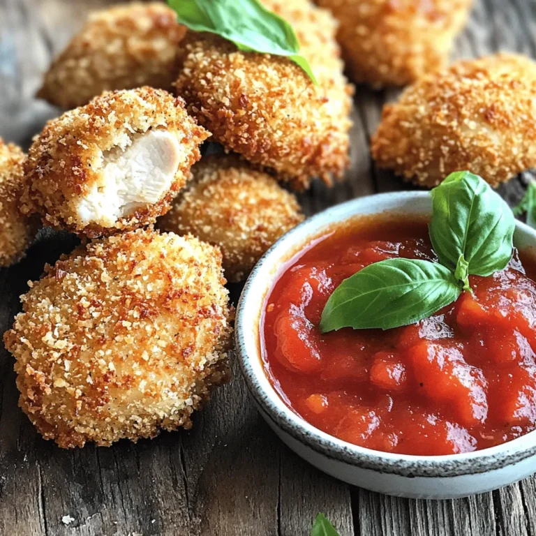 - Boneless, skinless chicken breasts - All-purpose flour, panko breadcrumbs, and Parmesan cheese - Marinara sauce for dipping The main star of this dish is the chicken. I like using boneless, skinless chicken breasts. They are easy to cut and cook evenly. Cut them into bite-sized pieces so they cook quickly. Next, panko breadcrumbs add great crunch. Combine them with grated Parmesan cheese for a rich taste that really shines. - Garlic powder and Italian seasoning - Salt and pepper to enhance flavors Seasoning is key. I always add garlic powder for that warm, savory flavor. Italian seasoning brings a mix of herbs that makes every bite more exciting. Remember to sprinkle in salt and pepper, too. These simple seasonings will boost the overall taste of your chicken bites. - Fresh basil leaves and olive oil spray For a pop of color and flavor, fresh basil leaves work wonders. I love tearing them and scattering them over the finished dish. A quick spray of olive oil before baking gives the bites a crispy, golden finish. This small step makes a big difference in texture and taste. You can find the full recipe [here]. Start by cutting your boneless chicken breasts into bite-sized pieces. Make sure each piece is about the same size for even cooking. Next, preheat your oven to 400°F (200°C). This temperature helps achieve a crispy finish. While it's heating, line a baking sheet with parchment paper. This prevents the chicken from sticking. Now it's time for the fun part—coating the chicken! First, prepare your flour mixture. In a shallow bowl, mix the all-purpose flour, garlic powder, salt, and pepper. This mixture adds great flavor. In another bowl, beat the two eggs until they are smooth. This egg wash helps the coating stick. For the third bowl, combine panko breadcrumbs, finely grated Parmesan cheese, and Italian seasoning. This mix will give your bites that extra crunch and flavor. Take a piece of chicken and coat it in the flour mixture. Make sure it is fully covered and shake off any extra flour. Then, dip it into the egg wash, letting the excess drip off. Finally, roll it in the breadcrumb and Parmesan mix. Press lightly to ensure the coating sticks well. Lay all the coated chicken pieces on the prepared baking sheet, leaving space between them. Lightly spray the tops with olive oil spray to help them get crispy. Bake the bites for 15 to 20 minutes. Flip them halfway through to get an even golden-brown color. Enjoy these crispy chicken parmesan bites hot with marinara sauce for dipping. Check out the Full Recipe for more details! To get the best crunch, always use panko breadcrumbs. Panko gives a light and airy texture. Regular breadcrumbs can make the bites dense and chewy. For the crispiest finish, lightly spray the chicken with olive oil before baking. This helps the coating brown evenly. It also adds a nice golden hue that makes these bites tempting. Serve your crispy chicken parmesan bites with warm marinara sauce. This dip adds a rich flavor that pairs perfectly with the chicken. For a great look, use a small bowl for the sauce. Place it in the center of a colorful platter. Add some torn basil leaves and extra Parmesan around the bites for a vibrant touch. Use a sturdy baking sheet lined with parchment paper. This will help the bites cook evenly and prevent sticking. A non-stick baking mat also works well. For the coating process, have shallow bowls ready for each layer. This makes coating the chicken quick and easy. A pair of tongs is helpful for transferring the bites from one bowl to another. For the full recipe, refer to the detailed instructions above. {{image_4}} You can make Crispy Chicken Parmesan Bites even more exciting with flavor tweaks. Add a pinch of cayenne or paprika for some heat. This small change can give your bites a bold kick. If you want a twist, try different cheeses. Mozzarella or provolone can make the bites creamier and richer. Each cheese will give a unique taste and texture. If you need gluten-free options, swap all-purpose flour for almond flour or gluten-free breadcrumbs. This way, everyone can enjoy these tasty bites. For a low-carb option, just use chicken breast and cheese. This keeps the flavor high and the carbs low, perfect for those watching their intake. These bites can shine as a main dish too. Pair them with a fresh salad or a side of pasta. This makes a delightful meal that’s both filling and flavorful. You can also serve them as a snack for game day or a party. They fit well on any table and will surely impress your guests. For the full recipe, check the earlier section to get started! To keep your crispy chicken parmesan bites fresh, store them in the fridge. Place them in an airtight container. This helps prevent moisture, which can make them soggy. If you want to save them for later, freezing is a great option. Wrap each bite in plastic wrap, then place them in a freezer bag. This keeps them safe from freezer burn. How long do crispy chicken parmesan bites last in the fridge? They stay good for about 3 to 4 days. If you freeze them, they can last up to 2 months. Check for freshness by looking for any off smells or changes in texture. If they smell strange or feel slimy, it’s best to toss them out. To reheat, use an oven for the best results. Preheat your oven to 350°F (175°C). Place the chicken bites on a baking sheet. Bake for about 10-15 minutes until heated through. This method keeps them crispy. Avoid the microwave, as it can make them soggy. For a quick fix, you can also use an air fryer. This method will help maintain their crunchy texture. Yes, you can use chicken thighs. They add more flavor and stay juicy. Thighs have more fat, which keeps them moist during cooking. If you prefer dark meat, thighs are a great choice. Just ensure they are boneless and skinless for easy cooking. Cut them into bite-sized pieces, just like the breasts. Bake the chicken bites for 15-20 minutes. Preheat your oven to 400°F (200°C) for best results. Flip the bites halfway through to ensure even cooking. Check for a golden brown color to know they are done. They should also be crispy on the outside while remaining juicy inside. Besides marinara, try ranch dressing or garlic aioli. These dips add a tasty twist to your bites. You can also use spicy buffalo sauce for a kick. Honey mustard or barbecue sauce can bring a sweet and tangy flavor. Experiment with different sauces to find your favorite. Serve these bites with a fresh salad or steamed veggies. Pasta with a light sauce pairs well too. You can also add garlic bread for a complete meal. For a fun twist, serve them in a slider bun with lettuce and tomato. These bites are perfect for any gathering! Crispy chicken parmesan bites offer tasty layers of flavor and texture. We discussed key ingredients, like chicken breasts and panko breadcrumbs, needed for the perfect crunch. I shared steps to prep, coat, and bake these bites until golden. You also learned tips for maximum crispiness and fun serving suggestions. Consider trying variations to make this dish your own. With simple storage and reheating methods, leftovers can shine again. Enjoy experimenting with flavors and making these bites a favorite in your home!