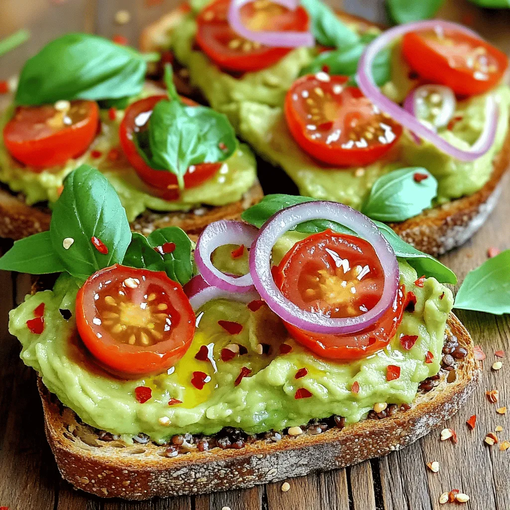 For a great avocado toast, start with these simple ingredients: - 2 ripe avocados - 4 slices of multigrain or sourdough bread - 1 cup cherry tomatoes, halved - 1 small red onion, thinly sliced - 1 tablespoon olive oil - 1 tablespoon lemon juice - Salt and pepper to taste Want to elevate your toast? Try these optional ingredients: - Crumbled feta cheese or smoked salmon - Fresh herbs for garnish, like basil or cilantro - Chili flakes for heat Avocados are not just tasty; they are healthy too. A serving of avocado toast can have around 300-400 calories. Avocados provide good fats, fiber, and vitamins. They help keep your heart healthy and your skin glowing. Enjoying this meal can give you energy and help you feel full. To start, you need to toast your bread. Sourdough or multigrain works great. I recommend using a toaster or a skillet. If using a skillet, heat it over medium. Toast the bread for about 5 to 7 minutes. Look for a golden brown color. This gives you that nice crunch. For optimal crispiness, be patient. Let the bread cool for a minute after toasting. This helps keep it crisp. Now, let's make the avocado spread. First, cut the ripe avocados in half. Remove the pit and scoop the flesh into a bowl. You can mash the avocados smooth or leave them chunky. I like a mix of both for texture. Add lemon juice for freshness. Season with salt and pepper to taste. This simple blend makes the perfect base for your toast. When it comes to toppings, be creative! Start by layering the avocado spread on your toasted bread. Next, spoon the marinated tomatoes and onions on top. This adds a burst of flavor. To layer effectively, place the toppings gently to avoid a mess. You can also add optional toppings like feta or poached eggs for extra fun. Fresh herbs like basil or cilantro can brighten the dish. Enjoy your Avocado Toast Delight with your favorite toppings! [Full Recipe] When you choose avocados, look for ones that feel slightly soft. Press gently; if it gives a bit, it’s ripe. Dark green or black skin often means they are ready to eat. Avoid avocados that feel mushy or have dark spots. Those signs show they are overripened. Unripe avocados can take a few days to ripen at home. Place them in a brown paper bag to speed up the process. You can toast your bread in a skillet or a toaster. Each method has its perks. A skillet gives a nice golden crust and a warm, fresh taste. A toaster is quick and easy, perfect for busy mornings. Choose multigrain or sourdough bread for the best flavor. Homemade bread can add a special touch if you have the time. Store-bought bread works well, too, especially if you are short on time. For a beautiful plate, arrange your toast on a large platter. This makes everything look inviting. Use colorful toppings like cherry tomatoes and fresh herbs for pops of color. Drizzle some olive oil on top for a shiny finish. To garnish, add thin radish slices or crumbled feta to create contrast. Simple touches like these make your avocado toast look gourmet. {{image_4}} For a delightful twist, try Mediterranean avocado toast. This version brings sunny flavors from Greece right to your kitchen. Ingredients: - 2 ripe avocados - 4 slices of multigrain or sourdough bread - 1 cup cherry tomatoes, halved - 1 small cucumber, diced - 1/2 cup crumbled feta cheese - 1 tablespoon olive oil - 1 tablespoon lemon juice - Salt and pepper to taste - Fresh basil for garnish To prepare, start by toasting your bread until golden. While it toasts, mash the avocados in a bowl. Mix in lemon juice, salt, and pepper for flavor. In another bowl, combine cherry tomatoes, cucumber, olive oil, and a pinch of salt. Once your toast is ready, spread the avocado on each slice. Top with the tomato and cucumber mix, then sprinkle with feta and fresh basil. This toast is fresh, vibrant, and perfect for lunch or brunch. If you crave something sweet, consider a sweet and savory twist. This combo uses fruits to elevate your avocado toast. Ingredients: - 2 ripe avocados - 4 slices of multigrain or sourdough bread - 1 banana, sliced - 1/2 cup strawberries, sliced - 2 tablespoons honey or maple syrup - 1 tablespoon lemon juice - A sprinkle of cinnamon Toast the bread until crisp. Mash the avocados and mix in lemon juice. Layer the mashed avocado on the toast. Top with banana and strawberry slices. Drizzle honey or maple syrup over the fruit, and finish with a sprinkle of cinnamon. This toast is a sweet treat that still feels healthy. For those with dietary restrictions, you can easily adapt this recipe. Here’s how to make a vegan and gluten-free avocado toast. Ingredients: - 2 ripe avocados - 4 slices of gluten-free bread - 1 small carrot, grated - 1/4 cup hummus - 1 tablespoon lemon juice - Salt and pepper to taste - Fresh herbs for garnish Toast your gluten-free bread until it’s crisp. Mash the avocados with lemon juice, salt, and pepper. Spread a layer of hummus on each slice. Top with the mashed avocado and sprinkle grated carrot on top. Garnish with fresh herbs for a burst of flavor. This version is hearty, satisfying, and perfect for all diets. To keep leftover avocado toast fresh, place it in an airtight container. This helps seal in moisture and flavor. If you have extra slices, avoid stacking them. Instead, store them flat to prevent sogginess. To stop the avocado from browning, sprinkle some lemon juice on top before covering. Lemon juice works well because it slows down oxidation. When you want to reheat your toast, aim to keep it crispy. The best way is to use a toaster. Just pop it back in until it’s warm and crunchy. You can also use an oven. Preheat it to 350°F (175°C) and heat the toast for about 5-10 minutes. Avoid using a microwave, as it can make the bread chewy. For the best taste, store your toppings separately. Keep extra avocado spread in a small container with a lid. Add a little lemon juice to help keep it green. For toppings like tomatoes and onions, store them in a different container. This keeps everything fresh longer. When you’re ready to eat, simply assemble your toast with fresh ingredients. This way, every bite tastes great! Yes, you can prep for avocado toast ahead of time. You can choose to prepare the avocado spread in advance. Just mash the avocados and mix in lemon juice to keep them fresh. Store the mix in an airtight container. Slice the bread and keep it in a sealed bag. You can toast the bread right before serving. This way, you have all components ready without losing flavor. The best bread for avocado toast is multigrain or sourdough. Multigrain bread gives a nutty flavor and extra fiber. Sourdough has a tangy taste and a chewy texture. Both options pair well with creamy avocado. You can also try rye bread for a unique twist. Each bread type adds its own taste, so explore and find your favorite! To make your avocado toast more filling, add protein and fiber. You can top it with a poached egg for rich protein. Add smoked salmon for a savory twist. For a fiber boost, sprinkle some chia seeds or hemp seeds on top. You can also layer in crunchy veggies like cucumbers or radishes. These additions not only fill you up but also add more flavor. Yes, you can freeze avocado toast, but with care. Freeze the bread slices in a sealed bag. For the avocado spread, mash it and store it in an airtight container. When you want to enjoy it, toast the bread straight from the freezer. Thaw the avocado in the fridge overnight and spread it on top. This keeps your toast fresh and delicious! Avocado toast is easy and fun to make. We covered essential ingredients, like ripe avocados and fresh toppings. You learned step-by-step methods for toasting bread and making a tasty spread. I shared tips on selecting the best avocados and creative variations to try. Remember, presentation matters too! With these insights, you can enjoy delicious avocado toast your way. Get creative, and make it your own!