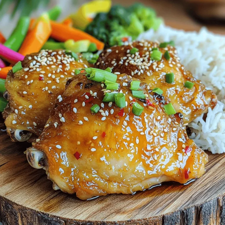 - 4 bone-in, skin-on chicken thighs - 1/4 cup honey - 4 cloves garlic, minced - 2 tablespoons low-sodium soy sauce - 1 tablespoon fresh ginger, finely grated - 1 tablespoon apple cider vinegar - 1 teaspoon sesame oil - Salt and freshly ground black pepper to taste - 2 green onions, finely chopped (for garnish) - Toasted sesame seeds (for garnish) Honey garlic chicken thighs are a treat. You need simple ingredients to make this dish shine. The star of the show is the chicken thighs. Their rich flavor and juicy texture make them perfect for this recipe. Honey adds sweetness. Garlic brings depth. Together, they create a mouthwatering glaze that coats the chicken. The soy sauce adds a savory note, while ginger gives it a fresh kick. Apple cider vinegar balances the sweetness. Finally, sesame oil rounds it all out with a hint of nuttiness. Don’t forget the seasonings! Salt and pepper enhance the flavors. Green onions and sesame seeds are great for garnishing. They add color and crunch to the dish. You can find the full recipe [here](#). You will love how easy it is to prepare and how delicious it tastes! - Preheat the Oven Start by preheating your oven to 375°F (190°C). This step is key for cooking the chicken evenly. - Prepare the Sauce In a medium bowl, mix together the honey, minced garlic, low-sodium soy sauce, grated ginger, apple cider vinegar, and sesame oil. Add a pinch of salt and pepper. Whisk until smooth. This sauce will give your chicken a sweet and savory flavor. - Season the Chicken Pat the chicken thighs dry with paper towels. This helps the skin get crispy. Season both sides with salt and pepper. Don’t be shy with the seasoning; it makes a big difference! - Sear the Chicken Heat a drizzle of olive oil in a large, oven-safe skillet over medium-high heat. Once the oil is hot, place the chicken thighs skin-side down. Sear for about 5-7 minutes until the skin turns golden brown. This step adds great flavor! - Add the Sauce After searing, flip the chicken thighs skin-side up. Pour the honey garlic sauce over the chicken, coating each thigh well. This sauce will caramelize as it cooks, creating a rich glaze. - Bake the Chicken Carefully move the skillet to the preheated oven. Bake for 25-30 minutes until the chicken reaches 165°F (74°C). This ensures the chicken is safe to eat and juicy. - Rest the Chicken Once done, take the skillet from the oven. Let the chicken rest in the sauce for a few minutes. This allows the flavors to soak in and keeps the chicken moist. - Garnish and Serve Just before serving, sprinkle chopped green onions and toasted sesame seeds over the chicken. This adds a nice crunch and fresh flavor. Arrange the chicken on a platter, drizzling the sauce on top for a beautiful presentation. You can serve it with rice or veggies for a complete meal. For the full recipe, check out the details above! - Achieving Crispy Skin: Pat the chicken thighs dry. This helps the skin crisp up. Sear them skin-side down in a hot skillet. This step adds flavor and texture. - Ensuring Chicken is Fully Cooked: Use a meat thermometer. Insert it into the thickest part of the thigh. The chicken should reach 165°F (74°C) to be safe to eat. - Alternatives for Honey: If you need a substitute, try maple syrup or agave nectar. Both will add sweetness. - Soy Sauce Options: You can use tamari for a gluten-free choice. Coconut aminos also work if you want a lighter taste. - Meal Pairing Ideas: Serve with fluffy rice or roasted vegetables. This will balance the sweet and savory flavors. - Presentation Tips: Use a large platter for a nice display. Drizzle extra sauce over the chicken. Top with green onions and sesame seeds for a pop of color. {{image_4}} You can change the taste of honey garlic chicken thighs with a few easy tweaks. Adding spicy elements like chili flakes can bring heat and excitement. If you crave a citrus twist, try orange juice or zest. The sweet honey pairs well with a little zing from citrus. You don’t have to bake the chicken to enjoy it! A slow cooker version works well too. Just blend the sauce and chicken, then let it cook on low for hours. For a smoky flavor, consider grilling the chicken. The grill adds a nice char and deep flavor. If you need gluten-free options, use tamari instead of soy sauce. This keeps the dish tasty while meeting dietary needs. For those watching carbs, try a low-carb alternative with cauliflower rice. It's a great way to enjoy your meal without extra carbs. Check out the Full Recipe for more details! After enjoying Honey Garlic Chicken Thighs, let them cool down to room temperature. Place the chicken thighs in an airtight container. Store them in the fridge for up to three days. This keeps them fresh and tasty for your next meal. If you want to save some for later, freezing is a great option. Wrap each chicken thigh tightly in plastic wrap. Then, place them in a freezer-safe bag. They can stay in the freezer for up to three months. When you’re ready to eat, just thaw them in the fridge overnight. To enjoy your leftovers, you can reheat them in two ways. The oven method gives the best results. Preheat your oven to 350°F (175°C). Place the chicken on a baking sheet and cover it with foil. Bake for about 15-20 minutes until heated through. If you're short on time, the microwave works too. Place the chicken on a microwave-safe plate. Cover it with a damp paper towel to keep it moist. Heat for 1-2 minutes, checking halfway through. Enjoy the same great flavor, even when reheating! You can serve Honey Garlic Chicken Thighs with many sides. I love pairing them with fluffy rice. Steamed vegetables also work great. Roasted potatoes add a nice touch too. You can even try a fresh salad for a crunchy contrast. Cooking chicken thighs in the oven takes about 25 to 30 minutes. This time ensures they cook through and stay juicy. Always check the internal temperature to be sure. Yes, you can make these chicken thighs ahead of time. Cook them as usual and let them cool. Then, store them in the fridge for a few days. You can reheat them when you're ready to eat. Chicken thighs should reach an internal temperature of 165°F (74°C). This temperature ensures they are safe to eat. Use a meat thermometer for the best results. You can use skinless chicken thighs, but the skin adds flavor and crispiness. If you use skinless thighs, adjust the cooking time to avoid drying them out. Enjoy the dish with the same great honey garlic sauce! Honey garlic chicken thighs use simple ingredients to create delicious meals. We explored key components like chicken, honey, and garlic. I shared steps for preparing, cooking, and enhancing your dish. With tips on variations and storage, there's something for everyone. As you try this recipe, remember it’s all about flavor and fun. Enjoy making this dish your own!