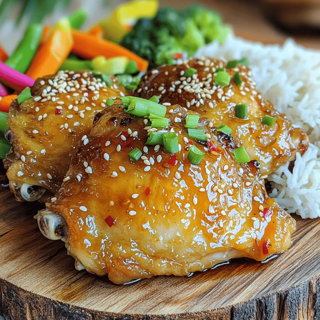 - 4 bone-in, skin-on chicken thighs - 1/4 cup honey - 4 cloves garlic, minced - 2 tablespoons low-sodium soy sauce - 1 tablespoon fresh ginger, finely grated - 1 tablespoon apple cider vinegar - 1 teaspoon sesame oil - Salt and freshly ground black pepper to taste - 2 green onions, finely chopped (for garnish) - Toasted sesame seeds (for garnish) Honey garlic chicken thighs are a treat. You need simple ingredients to make this dish shine. The star of the show is the chicken thighs. Their rich flavor and juicy texture make them perfect for this recipe. Honey adds sweetness. Garlic brings depth. Together, they create a mouthwatering glaze that coats the chicken. The soy sauce adds a savory note, while ginger gives it a fresh kick. Apple cider vinegar balances the sweetness. Finally, sesame oil rounds it all out with a hint of nuttiness. Don’t forget the seasonings! Salt and pepper enhance the flavors. Green onions and sesame seeds are great for garnishing. They add color and crunch to the dish. You can find the full recipe [here](#). You will love how easy it is to prepare and how delicious it tastes! - Preheat the Oven Start by preheating your oven to 375°F (190°C). This step is key for cooking the chicken evenly. - Prepare the Sauce In a medium bowl, mix together the honey, minced garlic, low-sodium soy sauce, grated ginger, apple cider vinegar, and sesame oil. Add a pinch of salt and pepper. Whisk until smooth. This sauce will give your chicken a sweet and savory flavor. - Season the Chicken Pat the chicken thighs dry with paper towels. This helps the skin get crispy. Season both sides with salt and pepper. Don’t be shy with the seasoning; it makes a big difference! - Sear the Chicken Heat a drizzle of olive oil in a large, oven-safe skillet over medium-high heat. Once the oil is hot, place the chicken thighs skin-side down. Sear for about 5-7 minutes until the skin turns golden brown. This step adds great flavor! - Add the Sauce After searing, flip the chicken thighs skin-side up. Pour the honey garlic sauce over the chicken, coating each thigh well. This sauce will caramelize as it cooks, creating a rich glaze. - Bake the Chicken Carefully move the skillet to the preheated oven. Bake for 25-30 minutes until the chicken reaches 165°F (74°C). This ensures the chicken is safe to eat and juicy. - Rest the Chicken Once done, take the skillet from the oven. Let the chicken rest in the sauce for a few minutes. This allows the flavors to soak in and keeps the chicken moist. - Garnish and Serve Just before serving, sprinkle chopped green onions and toasted sesame seeds over the chicken. This adds a nice crunch and fresh flavor. Arrange the chicken on a platter, drizzling the sauce on top for a beautiful presentation. You can serve it with rice or veggies for a complete meal. For the full recipe, check out the details above! - Achieving Crispy Skin: Pat the chicken thighs dry. This helps the skin crisp up. Sear them skin-side down in a hot skillet. This step adds flavor and texture. - Ensuring Chicken is Fully Cooked: Use a meat thermometer. Insert it into the thickest part of the thigh. The chicken should reach 165°F (74°C) to be safe to eat. - Alternatives for Honey: If you need a substitute, try maple syrup or agave nectar. Both will add sweetness. - Soy Sauce Options: You can use tamari for a gluten-free choice. Coconut aminos also work if you want a lighter taste. - Meal Pairing Ideas: Serve with fluffy rice or roasted vegetables. This will balance the sweet and savory flavors. - Presentation Tips: Use a large platter for a nice display. Drizzle extra sauce over the chicken. Top with green onions and sesame seeds for a pop of color. {{image_4}} You can change the taste of honey garlic chicken thighs with a few easy tweaks. Adding spicy elements like chili flakes can bring heat and excitement. If you crave a citrus twist, try orange juice or zest. The sweet honey pairs well with a little zing from citrus. You don’t have to bake the chicken to enjoy it! A slow cooker version works well too. Just blend the sauce and chicken, then let it cook on low for hours. For a smoky flavor, consider grilling the chicken. The grill adds a nice char and deep flavor. If you need gluten-free options, use tamari instead of soy sauce. This keeps the dish tasty while meeting dietary needs. For those watching carbs, try a low-carb alternative with cauliflower rice. It's a great way to enjoy your meal without extra carbs. Check out the Full Recipe for more details! After enjoying Honey Garlic Chicken Thighs, let them cool down to room temperature. Place the chicken thighs in an airtight container. Store them in the fridge for up to three days. This keeps them fresh and tasty for your next meal. If you want to save some for later, freezing is a great option. Wrap each chicken thigh tightly in plastic wrap. Then, place them in a freezer-safe bag. They can stay in the freezer for up to three months. When you’re ready to eat, just thaw them in the fridge overnight. To enjoy your leftovers, you can reheat them in two ways. The oven method gives the best results. Preheat your oven to 350°F (175°C). Place the chicken on a baking sheet and cover it with foil. Bake for about 15-20 minutes until heated through. If you're short on time, the microwave works too. Place the chicken on a microwave-safe plate. Cover it with a damp paper towel to keep it moist. Heat for 1-2 minutes, checking halfway through. Enjoy the same great flavor, even when reheating! You can serve Honey Garlic Chicken Thighs with many sides. I love pairing them with fluffy rice. Steamed vegetables also work great. Roasted potatoes add a nice touch too. You can even try a fresh salad for a crunchy contrast. Cooking chicken thighs in the oven takes about 25 to 30 minutes. This time ensures they cook through and stay juicy. Always check the internal temperature to be sure. Yes, you can make these chicken thighs ahead of time. Cook them as usual and let them cool. Then, store them in the fridge for a few days. You can reheat them when you're ready to eat. Chicken thighs should reach an internal temperature of 165°F (74°C). This temperature ensures they are safe to eat. Use a meat thermometer for the best results. You can use skinless chicken thighs, but the skin adds flavor and crispiness. If you use skinless thighs, adjust the cooking time to avoid drying them out. Enjoy the dish with the same great honey garlic sauce! Honey garlic chicken thighs use simple ingredients to create delicious meals. We explored key components like chicken, honey, and garlic. I shared steps for preparing, cooking, and enhancing your dish. With tips on variations and storage, there's something for everyone. As you try this recipe, remember it’s all about flavor and fun. Enjoy making this dish your own!