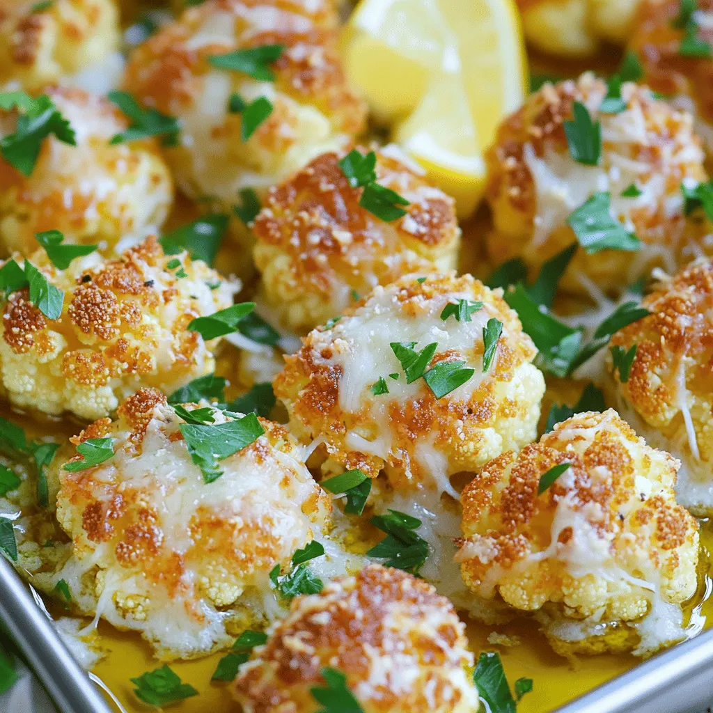 - 1 medium head of cauliflower, cut into bite-sized florets - 4 tablespoons extra virgin olive oil - 4 cloves garlic, finely minced - 1 cup freshly grated Parmesan cheese - 1 teaspoon smoked paprika - 1 teaspoon sea salt - 1/2 teaspoon freshly ground black pepper - 1 tablespoon fresh parsley, finely chopped (for garnish) - Lemon wedges (for serving) When I make Garlic Parmesan Roasted Cauliflower, I love to use fresh ingredients. A medium head of cauliflower works best. Cutting it into bite-sized florets helps them roast evenly. I drizzle four tablespoons of extra virgin olive oil on the florets. This adds flavor and helps the spices stick. Next, I finely mince four cloves of garlic. The garlic gives a nice punch to the dish. I also add one cup of freshly grated Parmesan cheese. It melts beautifully and creates a savory crust. For seasoning, I use one teaspoon of smoked paprika, one teaspoon of sea salt, and half a teaspoon of freshly ground black pepper. These spices enhance the taste of the cauliflower. Finally, I chop one tablespoon of fresh parsley to garnish the dish. Don't forget the lemon wedges! They add a bright, zesty flavor when squeezed over the roasted cauliflower. For the full recipe, check out the details. - Preheat oven to 425°F (220°C). - In a large mixing bowl, toss cauliflower florets with olive oil, garlic, smoked paprika, salt, and pepper. - Transfer to a lined baking sheet. Starting with the oven, you want a hot space for roasting. Preheating ensures even cooking. I like to use a large bowl. Toss your cauliflower florets with olive oil, garlic, smoked paprika, salt, and pepper. Make sure each piece gets a nice coat of oil and spices. This step is key for great flavor. After mixing, lay the florets flat on a baking sheet lined with parchment paper. This helps them roast well without sticking. - Roast for 25-30 minutes, flipping halfway for even cooking. - Add Parmesan cheese and roast for an additional 5 minutes until cheese is melted and bubbly. Now, it’s time to roast. Place the baking sheet in the oven and set the timer for 25-30 minutes. Halfway through, flip the florets. This helps them brown evenly and get crispy. After they are tender and golden, sprinkle the Parmesan cheese over the top. Return the baking sheet to the oven for just 5 more minutes. The cheese melts and gets bubbly, adding a rich flavor. - Remove from the oven and let cool slightly. - Garnish with parsley and serve with lemon wedges. Once the cheese is bubbly, take the baking sheet out of the oven. Let the cauliflower cool for a couple of minutes. Garnish with fresh parsley for a burst of color. Serve the dish with lemon wedges. A squeeze of lemon brightens the flavors even more. For the full recipe, check out the detailed instructions above. - Use fresh ingredients for the best flavor. Fresh garlic and crisp cauliflower make a big difference. - Spread florets evenly on the baking sheet to avoid steaming. This helps them roast nicely. - Adjust cooking time based on your oven's performance. Every oven cooks a bit differently, so keep an eye on it. - Add red pepper flakes for heat. A pinch can really spice things up. - Substitute nutritional yeast for a vegan option. It gives a cheesy flavor without dairy. - Pair with grilled meats or fish. The flavors complement each other well. - Serve as a savory snack or side dish for gatherings. Everyone loves a tasty veggie dish! For more details, check out the Full Recipe. Enjoy your cooking! {{image_4}} You can switch up the cheese for this dish. Use mozzarella if you want a milder taste. Feta cheese adds a nice tang. Mixing different cheeses can also add depth. Blend Parmesan with mozzarella or feta for a creamy texture and flavor. Herbs can change the flavor of your roasted cauliflower. Try rosemary or thyme for a lovely aroma. These herbs add warmth and earthiness. You can also use lemon zest. This brightens the dish and makes it more refreshing. Do not hesitate to add more veggies! Broccoli or Brussels sprouts can work well. They roast nicely and add more color. Nuts or seeds can give extra crunch. Consider adding pine nuts or sunflower seeds for added nutrition. Store leftovers in an airtight container for up to 3 days. This keeps the flavors fresh. When you want to enjoy them again, just take them out of the fridge. Reheat in the oven for best texture. This method helps the cauliflower stay crispy. You can also use the microwave, but it may make the dish soft. If you choose the microwave, heat it in short bursts. Freezing is not recommended due to texture changes after thawing. The cauliflower may become mushy. Instead, make small batches for fresh servings as needed. This way, you can enjoy this tasty dish without losing its great taste. For the full recipe, check out the Garlic Parmesan Roasted Cauliflower section. Roast for about 25-30 minutes, flipping halfway. This gives the cauliflower a nice golden color and a tender texture. The florets should be soft but still hold their shape. Yes, you can prepare and roast the cauliflower and reheat it later. Just let it cool before storing. When you’re ready, warm it in the oven. This keeps the texture nice and crispy. It pairs well with grilled proteins and salads. Try it next to chicken, steak, or a fresh green salad. The flavors blend wonderfully, making your meal exciting. Fresh cauliflower is preferred for texture, but frozen can be used if thawed and patted dry. This helps keep the dish from being watery. Just remember, fresh gives the best crunch and flavor. For the full recipe, check out the details above. Garlic Parmesan Roasted Cauliflower is a simple dish with big flavor. You learned about the best ingredients, easy steps, and some tips for great results. Roasting brings out the natural sweetness of cauliflower, while the cheese adds rich taste. Remember, you can change things up by adding other seasonings or herbs. Enjoy this dish as a side or snack, and share it with friends. Happy cooking!