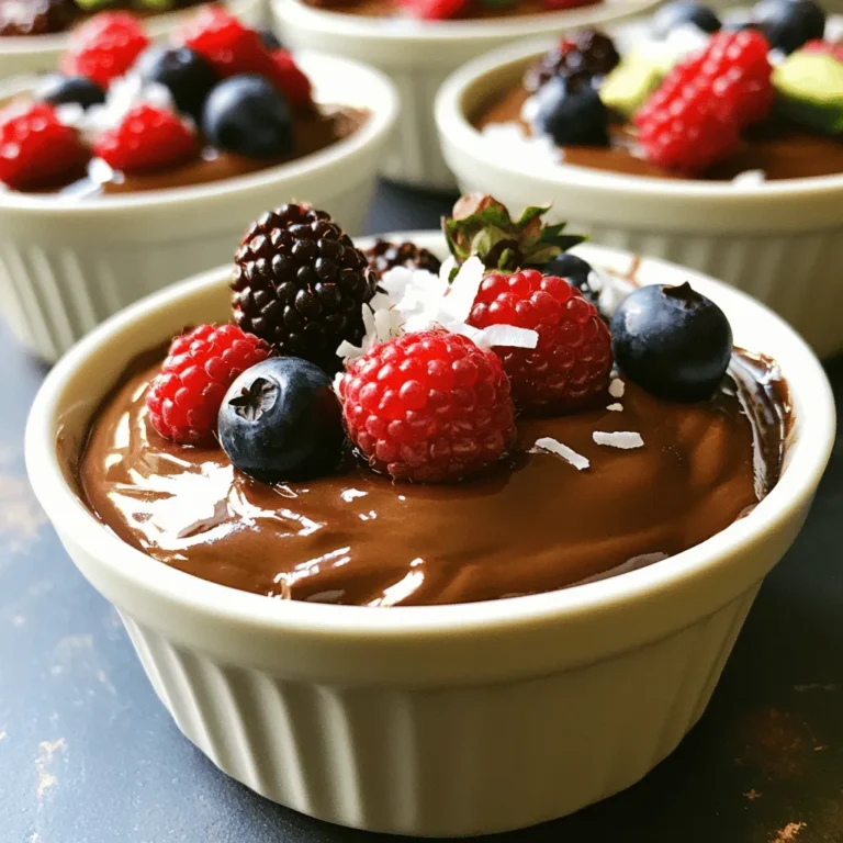 Here’s what you need for the Dairy-Free Chocolate Avocado Mousse: - 2 ripe avocados, pitted and peeled - 1/2 cup unsweetened cocoa powder - 1/4 cup maple syrup (or agave syrup) - 1/4 cup almond milk (or other dairy-free milk) - 1 teaspoon vanilla extract - A pinch of sea salt - Optional: 1/4 cup coconut cream - Optional toppings: fresh berries, shredded coconut, sea salt Each ingredient plays a key role. The avocados give a creamy base. Cocoa powder adds rich chocolate flavor. Maple syrup or agave sweetens it naturally. Almond milk keeps it light and dairy-free. Vanilla extract boosts the overall taste. A pinch of sea salt enhances all the flavors perfectly. If you want a creamier texture, coconut cream blends in smoothly. For toppings, fresh berries add a pop of color and flavor. Shredded coconut brings a nice crunch, while sea salt gives that extra zing. Don’t skip the chill time! It makes the mousse set nicely and melds the flavors. For the full recipe, be sure to check out the complete guide. To start, you need ripe avocados. Ripe avocados are soft to the touch. Cut them in half, and remove the pit. I recommend using a sharp knife for safety. Scoop the green flesh into a food processor. Blend until it is smooth. This is key to a creamy mousse. Next, add the unsweetened cocoa powder and a pinch of sea salt. Pulse the mixture. This helps blend the dry ingredients with the avocados. Make sure you get a uniform smoothness. Stop and scrape down the sides if needed. Now, pour in your maple syrup, almond milk, and vanilla extract. For a richer taste, add coconut cream. Blend for about 30 seconds. This creates a luscious texture. Pause to taste the mousse. If it needs more sweetness, add more maple syrup. Blend again until it is perfectly combined. Transfer the mousse into small bowls. Cover them and place in the fridge. Chilling for at least 30 minutes is important. This helps the mousse firm up. It also allows the flavors to blend well. When ready to serve, take the mousse out of the fridge. Decorate each bowl with fresh berries or shredded coconut. A light sprinkle of sea salt adds a great touch. Serve it in clear cups to show off the rich color. You can even add a mint leaf for a fresh look. For the full recipe, check out the detailed instructions above. Enjoy your smooth delight! To make the best mousse, start with ripe avocados. Ripe avocados are creamy and smooth, giving the mousse a buttery texture. You can tell if an avocado is ripe by gently pressing on its skin. If it gives slightly, it is ready to use. Avoid hard avocados, as they will make the mousse chunky. Sweetness is key for balancing flavors. I suggest starting with the recipe's maple syrup. Blend it in, then taste. If you want it sweeter, add more syrup a little at a time. This way, you can control the sweetness to fit your taste. Remember, chocolate can be intense, so don’t overdo it. Feel free to get creative! You can add optional ingredients to change the flavor. Consider a pinch of cinnamon for warmth or a dash of cayenne for heat. Nut butters like almond or peanut can add richness, too. Each addition brings a new twist to the classic mousse. {{image_4}} You can make this mousse even better! Try adding spices like cinnamon for warmth. A dash of cayenne pepper can add a fun kick. If you love nutty flavors, mix in your favorite nut butter. Almond butter or cashew butter works great. Both add creaminess and depth. If you need nut-free options, use oat milk instead of almond milk. You can also try sunflower seed butter instead of nut butter. For those who want less sugar, use a sugar-free sweetener. Stevia or erythritol can work well here, keeping the mousse sweet with fewer calories. You can easily adjust the recipe for more or fewer servings. If you need to serve six, just multiply the ingredients by 1.5. For a smaller treat, halve the amounts. This way, you can enjoy this delicious mousse anytime. Check the full recipe for exact measurements. To keep your mousse fresh, use airtight containers. This helps lock in moisture and flavor. A well-sealed container prevents air from spoiling the mousse. Glass or plastic containers both work well. Just make sure they close tightly. The mousse lasts about five days in the fridge. Keep it covered to prevent it from absorbing other odors. Check for signs of spoilage. If it smells off or changes color, it's best to toss it. Fresh mousse should have a rich, chocolatey aroma. You can freeze the mousse for later. Portion it into small containers or ice cube trays. Make sure to leave room for expansion as it freezes. When you're ready to enjoy it, thaw it in the fridge overnight. Stir well before serving to restore its creamy texture. This way, you can savor a delightful chocolate treat anytime! For the full recipe, check out the details above. No, you cannot taste the avocado. The chocolate hides the flavor well. The rich cocoa makes the mousse taste like a dessert, not avocado. You’ll enjoy a smooth, creamy treat without any green taste. Yes, this recipe is vegan-friendly. It uses avocados and dairy-free milk. There are no animal products, so it fits perfectly in a vegan diet. Enjoy the mousse without worry! To check if your avocado is ripe, gently squeeze it. A ripe avocado should feel slightly soft but not mushy. You can also remove the small stem. If it’s green underneath, it’s ripe. If it’s brown, it’s overripe. You can use many toppings for the mousse. Fresh berries like raspberries or strawberries add a nice touch. Shredded coconut adds texture. A sprinkle of sea salt enhances the chocolate flavor. Get creative with your favorite toppings! Yes, you can use another sweetener. Agave syrup is a great choice for lower glycemic options. You can also use dates or coconut sugar. Just adjust the amount to match your taste. This blog post covered making a rich chocolate mousse with ripe avocados. We discussed key ingredients, step-by-step instructions, and important tips for a great texture. Exploring flavor variations and storage methods gives you options to enjoy this treat longer. You now have the tools to create a delicious dessert that is healthy and simple. Remember, every ingredient matters. Experiment and find what you love! Enjoy your cooking journey and share your tasty results.