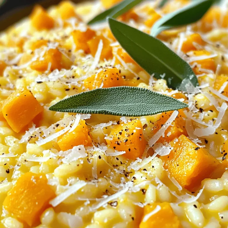 To make a delicious butternut squash risotto, you need fresh, quality ingredients. Here’s what you will need: - 1 medium butternut squash, peeled and diced into small cubes - 1 cup Arborio rice - 4 cups vegetable broth - 1 small onion, finely chopped - 2 cloves garlic, minced - 1 cup grated Parmesan cheese (or a vegan alternative) - 2 tablespoons olive oil - 1 tablespoon butter (or plant-based butter) - Salt and pepper to taste - Fresh sage leaves for garnish - A pinch of freshly grated nutmeg (optional) Using the right ingredients makes the dish creamy and flavorful. Butternut squash adds a sweet taste and vibrant color. Arborio rice gives the risotto its creamy texture. Vegetable broth brings depth to the flavor. Onion and garlic create a lovely base. Parmesan cheese adds richness, while olive oil and butter enhance the creaminess. For seasoning, salt and pepper are essential. The fresh sage leaves bring an aromatic touch that pairs well with the squash. If you want a bit of warmth, add nutmeg; it’s a simple way to elevate the dish. This list of ingredients is key to creating my Butternut Bliss Risotto. For the full recipe, check out the details above. Happy cooking! 1. Preparing the butternut squash: Start by peeling the squash. Cut it in half and scoop out the seeds. Dice the squash into small cubes. This will help them cook evenly and quickly. 2. Chopping onion and mincing garlic: Take a small onion and chop it finely. Mince two cloves of garlic. This adds a lot of flavor to the risotto. 3. Heating the vegetable broth: In a separate pot, pour 4 cups of vegetable broth. Heat it over low heat. Keep it warm as you cook the risotto. This helps the rice cook better. 1. Sautéing the onion and garlic: In a large pot, heat 2 tablespoons of olive oil and 1 tablespoon of butter over medium heat. Add the chopped onion. Cook it for about 5 minutes until it turns soft. Then, add the minced garlic and stir for another minute. 2. Adding the butternut squash: Toss in the diced butternut squash. Stir it often for 5 to 7 minutes. You want it tender but not mushy. 3. Cooking the Arborio rice: Add 1 cup of Arborio rice to the pot. Stir the rice for about 2 minutes. This helps it absorb flavors. The rice should look a bit clear around the edges. 4. Gradual broth addition and stirring technique: Start adding the warm vegetable broth. Use one ladle at a time. Stir often and let the rice soak up the broth before adding more. This process should take about 18 to 20 minutes. The risotto should be creamy and slightly firm. 1. Incorporating cheese and seasoning: Once the rice is just right, stir in 1 cup of grated Parmesan cheese. Season with salt and pepper to taste. For an extra touch, add a pinch of freshly grated nutmeg. 2. Letting the risotto rest: Remove the pot from the heat. Cover it and let it sit for about 2 minutes. This helps all the flavors mix well. 3. Serving suggestions: Serve the risotto warm in bowls. Garnish with fresh sage leaves and a bit more grated cheese. Enjoy your creamy and flavorful dish! Check out the [Full Recipe] for more details. To make your risotto creamy, you must stir often. Stirring helps release the starch from the rice. This starch makes the dish rich and smooth. The right consistency is key. You want your risotto to be creamy but not runny. When you lift a spoon, it should flow slowly. If it’s too thick, add more broth. You can add more depth with a few extra ingredients. Try adding sautéed mushrooms or spinach for a twist. A splash of white wine gives it a nice kick, too. For spices, fresh herbs shine best. Use sage, thyme, or rosemary to elevate your dish. A pinch of chili flakes can add a kick if you like heat. One common mistake is overcooking the rice. If you cook it too long, it turns mushy. Aim for al dente, where the rice is tender but still has a bite. Another mistake is not using warm broth. Cold broth shocks the rice and slows cooking. Always keep your broth warm to ensure even cooking and creaminess. For the full recipe, check out Butternut Bliss Risotto. {{image_4}} To make butternut squash risotto vegan, you can use plant-based cheese. Look for brands that melt well. You can also skip the cheese altogether for a lighter taste. For butter, swap it with plant-based butter. This keeps the dish creamy without dairy. Want to add protein? You can mix in cooked chicken or sausage. This makes the dish heartier and more filling. For a vegetarian option, try adding legumes like chickpeas or lentils. They provide protein and a nice texture. You can explore using other squash varieties. Acorn or spaghetti squash can work well in this dish. You can also swap in seasonal vegetables. Think about adding spinach, peas, or mushrooms. Each choice brings new flavors and colors to your risotto. For the complete recipe, check out the Full Recipe. After you enjoy your Butternut Squash Risotto, store any leftovers in the fridge. Use airtight containers to keep it fresh. Glass or plastic containers with tight lids work best. Make sure to eat it within three days for the best taste. When reheating, you want to keep the risotto creamy. For the best results, use the stovetop. Add a splash of broth or water to help it stay moist. Heat over low heat and stir until warm. If you use the microwave, cover the bowl and heat in short bursts. Stir between each burst to avoid hot spots. You can freeze risotto, but it may change texture. Let it cool completely before putting it in a freezer-safe bag. Press out as much air as possible. It can last up to three months in the freezer. When it's time to eat, thaw it overnight in the fridge. Reheat on the stovetop as mentioned before, adding broth as needed to bring back the creaminess. For the complete cooking process and ingredient list, check out the Full Recipe. The best rice for risotto is Arborio rice. It has a high starch content. This starch gives risotto its creamy texture. You can also use Carnaroli or Vialone Nano for great results. These rice types absorb flavors well and cook evenly. Choose one of these for the best creamy risotto. Yes, you can make Butternut Squash Risotto ahead of time. However, it is best served fresh. If you want to prepare it early, cook it and let it cool. Store it in an airtight container in the fridge for up to two days. When ready to eat, reheat it slowly on the stove. Add a splash of broth to restore creaminess. To make risotto without dairy, simply skip the cheese and butter. Use plant-based butter and nutritional yeast for a cheesy flavor. You can also add a splash of coconut milk for creaminess. This will give you a rich texture without using dairy. Follow the same steps in the recipe for a delicious vegan option. Yes, you can use other types of squash. Acorn squash or pumpkin work well too. Each type adds a different flavor and texture. Just make sure to adjust cooking times based on the squash you choose. Experiment with different varieties to find your favorite twist on Butternut Squash Risotto. For the full recipe, check out Butternut Bliss Risotto. This blog post covered how to make Butternut Squash Risotto from start to finish. We looked at the key ingredients, step-by-step cooking tips, and tasty variations. Remember to stir often for a creamy texture. You can add proteins or explore vegan options to suit your taste. Storing and reheating properly will keep your risotto fresh. Enjoy this dish as a warm comfort food that’s both healthy and delicious. I hope you feel inspired to try this recipe soon!