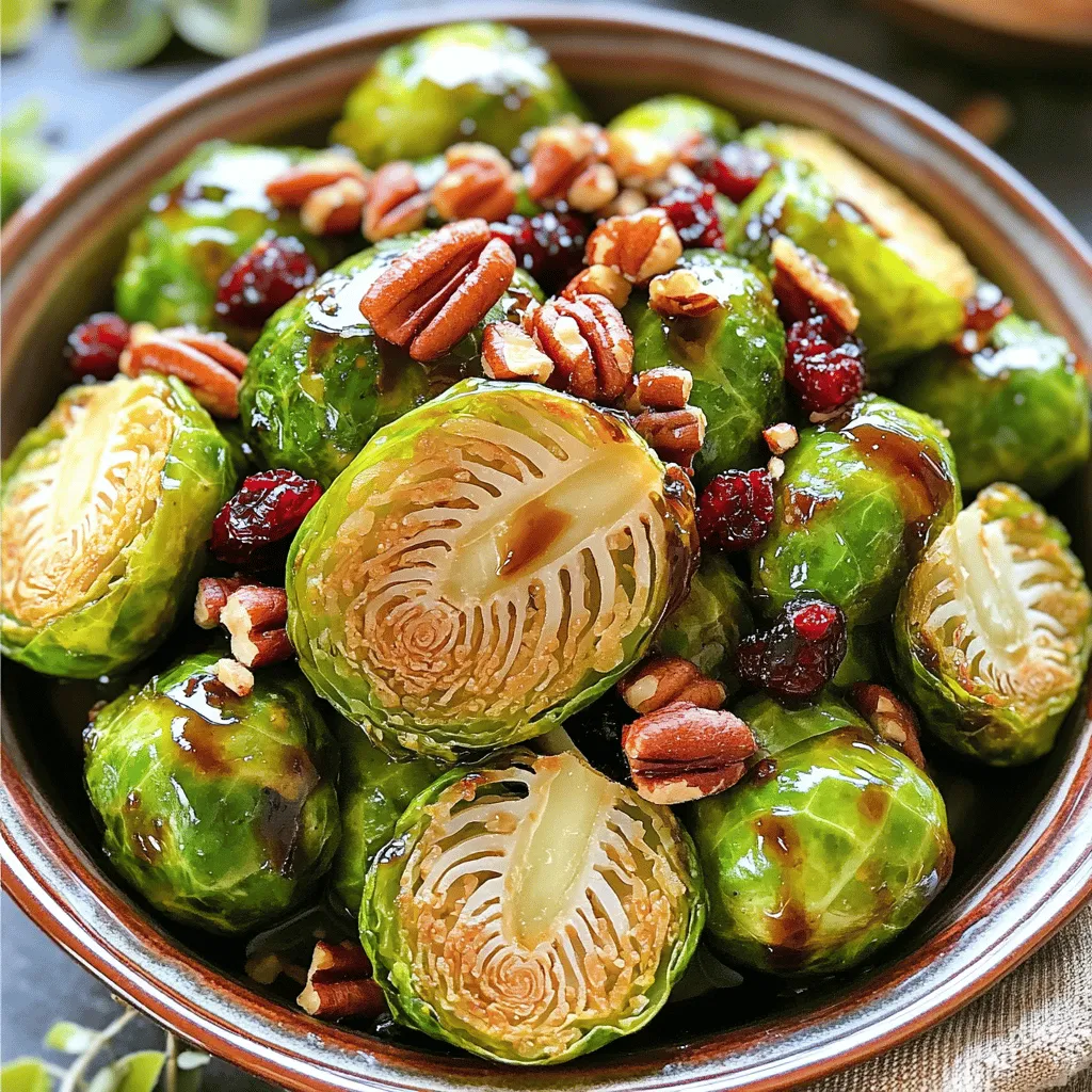 - 1 lb Brussels sprouts, trimmed and halved - 3 tablespoons balsamic vinegar - 2 tablespoons honey - 2 tablespoons extra virgin olive oil - 1 teaspoon garlic powder - 1/2 teaspoon salt - 1/4 teaspoon black pepper - 1/4 cup pecans, roughly chopped - 1/4 cup dried cranberries I love making balsamic glazed Brussels sprouts. They are simple and so tasty. The key ingredients bring out the natural sweetness of the sprouts. First, you need fresh Brussels sprouts. Trim and halve them for even cooking. The balsamic vinegar and honey create a perfect glaze that is both sweet and tangy. Next, seasonings add depth. Garlic powder gives a nice kick. Salt boosts the flavor, while black pepper adds a touch of heat. For a little extra crunch and flavor, consider adding pecans and dried cranberries. They provide a great texture contrast against the Brussels sprouts. If you want to dive into the full recipe, check out the [Full Recipe]. Happy cooking! - Preheat your oven to 400°F (200°C). Line a baking sheet with parchment paper for easy cleanup. - Toss the halved Brussels sprouts with olive oil, garlic powder, salt, and black pepper. Make sure each sprout gets a nice coat of seasoning. - Spread the Brussels sprouts on the baking sheet in a single layer. This helps them roast evenly. - Roast them for about 20 minutes. Stir halfway through to ensure they cook well. - In a small saucepan, combine balsamic vinegar and honey. This mix will add sweetness and depth. - Cook over medium heat until the mixture thickens slightly. Stir often to avoid burning. - Once the Brussels sprouts are roasted, drizzle the balsamic glaze over them. This adds a rich, tangy flavor. - Add chopped pecans and dried cranberries, tossing gently to combine. These give a nice crunch and sweetness. - Return the Brussels sprouts to the oven for another 5 minutes. This helps the glaze set perfectly. - Allow a few minutes to cool before serving. This makes them easier to handle and enhances the taste. For the full recipe and more details, check out the Full Recipe. - Space Brussels sprouts evenly for optimal caramelization. This helps them cook well. - Stir halfway through to promote even cooking. This step makes all the difference. - Adjust sweetness by adding more or less honey to the glaze. Taste as you go. - Experiment with garlic or onion powder for added depth. Small changes create big flavors. - Serve in a shallow bowl garnished with extra cranberries and pecans. This makes it look fancy. - Drizzle with any remaining balsamic glaze before serving. It adds a nice touch. These tips will help you make perfect balsamic glazed Brussels sprouts every time. For the full recipe, check the recipe section above! {{image_4}} If you want a vegan option, just swap honey for maple syrup. Maple syrup adds a nice sweetness. It keeps the glaze rich and tasty. This change makes the dish perfect for everyone. For a nut-free version, you can skip the pecans. Instead, use sunflower seeds for a nice crunch. They add texture and flavor without any nuts. This way, those with nut allergies can enjoy the dish too. If you love cheese, try crumbling feta or goat cheese on top. This adds a creamy texture and a tangy taste. It really boosts the overall flavor of the Brussels sprouts. You’ll get a delightful mix of sweet, savory, and creamy in every bite. For more ideas, check out the Full Recipe and explore endless ways to enjoy Brussels sprouts! Store any leftovers in an airtight container in the fridge. They will stay fresh for up to 3 days. Keeping them sealed helps maintain their taste and texture. When you’re ready to enjoy the sprouts again, reheat them in the oven. This will help keep them crispy. If you're in a hurry, you can use the microwave for quicker reheating. Just remember, they won’t be as crispy. If you want to save leftovers for later, freeze them in a freezer-safe container. They can be stored for up to 2 months. Make sure to thaw them before reheating. This way, you’ll enjoy the same great flavor when you serve them again. For the full recipe, check out the earlier section. They're done when tender and caramelized, typically around 20-25 minutes of roasting. You can check by piercing one with a fork. If it slides in easily, they are cooked. The outer layers should be crispy and brown, adding flavor. Fresh Brussels sprouts are best, but frozen can be used; adjust cooking time as necessary. Frozen sprouts may need a little longer to cook. Thaw them first, then follow the same steps. This will help them roast well. These pair well with roasted meats, quinoa, or as part of a festive holiday spread. They add a nice balance to rich dishes. Try them with chicken, pork, or even a nutty grain salad. You can mix and match for your meal. Yes, all ingredients are gluten-free, making this a safe option for those with gluten sensitivities. You can enjoy this dish without worry. Always check the labels on your ingredients to be sure. This recipe is both tasty and safe for everyone. In this blog post, we explored how to make delicious balsamic glazed Brussels sprouts. You learned about the needed ingredients, easy step-by-step instructions, and helpful tips. These sprouts can be roasted to perfection, enhanced with tasty add-ins, and even customized for different diets. Try these recipes for a healthy side dish that impresses. With a few simple steps, you can enjoy a dish that's both tasty and nutritious. Don't hesitate to share this recipe with friends and family!