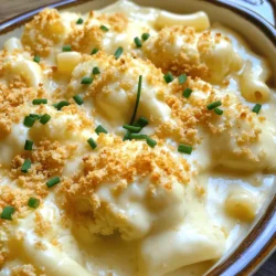 Cauliflower Mac and Cheese is a creamy and comforting dish. It combines tender cauliflower and rich cheese. This recipe is perfect for a family meal or a cozy night in. You can find the full recipe below. - 1 medium head of cauliflower, cut into bite-sized florets - 2 cups elbow macaroni (or gluten-free pasta of your choice) - 1 cup sharp cheddar cheese, freshly shredded - ½ cup mozzarella cheese, freshly shredded - ½ cup cream cheese, softened at room temperature - 1 cup milk (or your preferred non-dairy alternative) - 2 tablespoons unsalted butter - 2 cloves garlic, finely minced - ½ teaspoon onion powder - ½ teaspoon mustard powder - Salt and freshly cracked black pepper to taste - ½ cup breadcrumbs (optional, for a crunchy topping) - Fresh chives or parsley, finely chopped for garnish The sharp cheddar cheese gives a strong taste. The mozzarella adds creaminess. The cream cheese makes it extra smooth. Garlic and spices add depth to the dish. Using fresh ingredients enhances the flavor further. For gluten-free, use gluten-free pasta. For a dairy-free option, try plant-based cheese and non-dairy milk. You can still enjoy a rich and tasty dish without dairy. Just ensure to check the labels for any hidden gluten in processed items. 1. Preheating the oven: Start by preheating your oven to 350°F (175°C). This step is key for baking. A warm oven helps the dish cook evenly. 2. Cooking pasta and steaming cauliflower: In a big pot, bring salted water to a boil. Add 2 cups of elbow macaroni. Cook until al dente, which means it should be firm but not hard. After cooking, drain the pasta and set it aside. While pasta cooks, take a steamer basket and steam 1 medium head of cauliflower cut into florets. Steam for about 5-7 minutes. The florets should be tender but not mushy. 1. Melting butter and sautéing garlic: In a large saucepan, melt 2 tablespoons of unsalted butter over medium heat. Once it melts, add 2 cloves of finely minced garlic. Sauté for about 1 minute. This step adds great flavor to your sauce. 2. Incorporating cream cheese and other cheeses: Stir in ½ cup of softened cream cheese. Keep stirring until it melts into the butter. Gradually pour in 1 cup of milk, whisking until smooth. Now, add 1 cup of sharp cheddar cheese and ½ cup of mozzarella cheese. Stir constantly to blend everything well. Finally, mix in ½ teaspoon of onion powder and ½ teaspoon of mustard powder. Add salt and black pepper to taste. 1. Mixing pasta, cauliflower, and cheese sauce: In a large bowl, mix the cooked macaroni, steamed cauliflower, and cheese sauce. Make sure everything is well-coated in cheesy goodness. 2. Baking the dish to achieve perfect texture: Pour the mixture into a greased 9x13-inch baking dish. If you like, sprinkle ½ cup of breadcrumbs on top for a crunchy finish. Place the dish in the preheated oven and bake for 25-30 minutes. You want the dish to be bubbly and the top to be golden brown. For the full recipe, check the [Full Recipe]. To make a great cheese sauce, avoid common mistakes. Here are key points to keep in mind: - Use Fresh Cheese: Always shred cheese just before use. Pre-shredded cheese often has additives that can affect melting. - Control the Heat: Cook your sauce on low to medium heat. High heat can cause cheese to clump or separate. - Add Cheese Gradually: Stir in cheese a little at a time. This helps it melt smoothly into the sauce. To achieve a creamy and velvety sauce, follow these steps: - Start with a Roux: Melt butter and add flour to create a roux. This adds thickness and richness. - Whisk Constantly: When adding milk, whisk continuously. This helps prevent lumps. - Incorporate Cream Cheese: This ingredient adds creaminess. Mix it in early for a smooth texture. When you serve Cauliflower Mac and Cheese, think about sides and garnishes. Here are some great ideas: - Best Sides: Pair it with a fresh salad or roasted vegetables. These options balance the richness of the dish. - Garnishes: Top with fresh herbs like chives or parsley. They add color and a burst of flavor. - Crunchy Topping: For added texture, sprinkle breadcrumbs on top before baking. This gives a nice crunch. These tips will help you create a perfect dish every time. For the complete recipe, check out the Full Recipe. {{image_4}} For those who need gluten-free meals, you can still enjoy this dish. Use gluten-free pasta as your base. Many brands offer tasty options that mimic traditional pasta. Look for ones made from rice or quinoa. These choices cook well and provide a great texture. Next, adapt the cheese sauce. Most cheese sauces use flour for thickening. Instead, try cornstarch or arrowroot powder. Mix one tablespoon with a little cold water before adding it to the sauce. This keeps it creamy and rich without gluten. If you want a vegan version, plant-based cheese substitutes work great. Look for brands that melt well. Nutritional yeast also adds a cheesy flavor. You can mix it right into the cheese sauce for a tasty boost. For the milk, use non-dairy options. Almond, soy, or oat milk are all good choices. Just make sure to pick unsweetened versions. This way, you keep the dish savory and rich. Enjoy experimenting with these variations! For more details, check the Full Recipe. To keep your Cauliflower Mac and Cheese fresh, store it in an airtight container. This helps prevent moisture loss and keeps flavors intact. Place the dish in the fridge within two hours of cooking. It will last for about 3 to 5 days in the refrigerator. If you want to enjoy it later, consider freezing it. When reheating, the goal is to maintain that creamy texture. I recommend using the oven for the best results. Preheat your oven to 350°F (175°C) and place the dish in for about 20 minutes. Cover it with foil to trap moisture. You can also use the microwave, but heat it in short bursts. Stir in between to keep it creamy. If you decide to freeze it, wrap the dish tightly in plastic wrap and foil. This prevents freezer burn. It can last up to three months in the freezer. When you're ready to eat, thaw it in the fridge overnight before reheating. Enjoy every cheesy bite! For the complete recipe, check out the Full Recipe section. How do I prevent the cheese from separating? To stop cheese from separating, use low heat when making the sauce. Stir it gently and add cheese slowly. If you notice separation, try adding a bit more milk to help it blend. This method keeps the sauce creamy and smooth. Can I use different types of cheese? Absolutely! You can mix and match cheeses. Try gouda, fontina, or pepper jack for a twist. Each cheese adds a unique flavor. Just remember to use some cheese that melts well for the best results. Is Cauliflower Mac and Cheese healthier than traditional mac and cheese? Yes, it is generally healthier. Cauliflower adds fiber and vitamins while reducing carbs. Traditional mac and cheese is often high in calories and fat. Cauliflower helps make a lighter version that still tastes great. What are the nutritional benefits of using cauliflower? Cauliflower is low in calories and high in nutrients. It's rich in vitamin C, K, and folate. It also provides antioxidants that help fight disease. Using cauliflower boosts the dish's health profile while keeping it tasty. Can I add vegetables to the dish? Yes, you can add many vegetables! Spinach, broccoli, or peas work well. Just cook them before mixing in. This extra step ensures they soften and blend well with the mac and cheese. How can I make it spicier or more flavorful? Add spices like cayenne pepper or red pepper flakes for heat. You can also mix in mustard or hot sauce for extra flavor. Experiment with herbs like thyme or rosemary for a fresh taste. These tweaks make your dish unique and exciting! [Full Recipe] This blog post covered a simple way to make delicious Cauliflower Mac and Cheese. We discussed key ingredients, cooking steps, and tips for great cheese sauce. You learned about gluten-free and vegan options, plus how to store and reheat leftovers. Experiment with this recipe to make it your own. Enjoy pairing it with tasty sides or adding your favorite ingredients. Cooking is all about fun and creativity. Now, you have the tools to make your dish amazing. Enjoy your cooking journey!