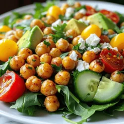 To make a crispy chickpea salad, gather these great ingredients: - 1 can (15 oz) chickpeas, thoroughly drained and rinsed - 2 tablespoons high-quality olive oil - 1 teaspoon smoked paprika - 1 teaspoon garlic powder - Fresh sea salt and cracked black pepper to taste - 4 cups of mixed salad greens - 1 cup cherry tomatoes, halved - 1 cucumber, diced - 1 bell pepper, diced - 1 ripe avocado, sliced - ¼ cup feta cheese, crumbled (optional) - 2 tablespoons fresh lemon juice - 1 tablespoon balsamic vinegar - Fresh herbs, such as parsley or cilantro, chopped Fresh ingredients make a big difference in taste. When using fresh greens, your salad will taste crisp and bright. Fresh vegetables add color and nutrients. If you use wilted greens or old veggies, your salad will lack flavor and crunch. Always choose the freshest options for the best results. Chickpeas are a great source of protein and fiber. They help keep you full and satisfied. Plus, they are low in fat. Vegetables like tomatoes, cucumbers, and peppers add vitamins and minerals. They also bring antioxidants that fight disease. Eating this salad gives you energy and supports your health. You can find the full recipe to enjoy this delightful dish. To start, preheat your oven to 400°F (200°C). This heat will make the chickpeas crispy. Drain and rinse the canned chickpeas well. Spread them out on a clean baking sheet. Drizzle 2 tablespoons of olive oil over the chickpeas. Sprinkle 1 teaspoon of smoked paprika, 1 teaspoon of garlic powder, sea salt, and black pepper on top. Toss them until all the chickpeas get coated well. This step is key for that crispy texture. While the chickpeas bake, grab a large bowl. Add 4 cups of mixed salad greens, such as baby spinach and crunchy romaine. Toss in 1 cup of halved cherry tomatoes and 1 diced cucumber for freshness. Don’t forget to add 1 diced bell pepper for color. Gently fold in 1 sliced avocado. This will keep the slices nice and pretty. In a small bowl, whisk together 2 tablespoons of fresh lemon juice and 1 tablespoon of balsamic vinegar. Add a pinch of salt and pepper. Mix until it is smooth. This dressing will add bright flavor to your salad. Set it aside for now while the chickpeas finish baking. Once the chickpeas are golden and crispy, take them out of the oven. Let them cool for a few minutes before adding them to the salad. Gently stir the chickpeas into the salad mix. Drizzle the dressing over everything. Toss it all together carefully so that each bite is packed with flavor. If you like, sprinkle ¼ cup of crumbled feta cheese and some fresh herbs on top for a lovely finishing touch. For the full recipe, be sure to check out the detailed instructions provided. To get crispy chickpeas, start with a good rinse. Drain and dry them well. Any moisture will make them soggy. Use a single layer on the baking sheet. This allows hot air to circulate around them. Toss them in oil and spices before baking. I like using smoked paprika and garlic powder for great flavor. Bake at 400°F (200°C) until golden, about 20-25 minutes. Shake the pan halfway through for even cooking. Let them cool slightly for the best crunch. This salad shines with a mix of fresh veggies. I love using baby spinach, arugula, and romaine. For sweetness, add halved cherry tomatoes. Diced cucumbers give a refreshing crunch. A bell pepper adds color and flavor. You can also toss in sliced avocado for creaminess. If you like cheese, crumbled feta takes it to the next level. Fresh herbs like parsley or cilantro can add a nice touch too. For a beautiful presentation, use wide, shallow bowls. This lets the colors pop. Start with a base of greens, then layer on the other veggies. Sprinkle the crispy chickpeas on top. This way, they stay crunchy. Drizzle the dressing just before serving. Add extra herbs on top for a final touch. This makes the salad look lovely and appetizing. For the full recipe, check out the Crispy Chickpea Salad Delight. {{image_4}} You can add protein to your crispy chickpea salad for a heartier meal. Grilled chicken works well, bringing a juicy texture. Simply slice it and mix it in. If you prefer a plant-based option, try tofu. Firm tofu, cubed and sautéed, adds protein and a nice chew. You can even use tempeh for a nutty flavor. The right dressing can elevate your salad. A creamy tahini dressing adds richness. For a spicy kick, mix in some sriracha. You could also try a yogurt-based dressing for a tangy taste. Experiment with different herbs and spices to create your own signature dressing. Using seasonal ingredients keeps your salad fresh and exciting. In summer, add juicy peaches or strawberries for sweetness. In fall, roasted pumpkin or sweet potatoes provide warmth. Winter calls for hearty greens like kale, while spring is perfect for fresh peas or radishes. Swap ingredients based on what’s in season for the best flavors. For the full recipe, check out the Crispy Chickpea Salad Delight. To keep your salad fresh, store it in an airtight container. This helps prevent sogginess. Make sure to separate the crispy chickpeas from the salad greens. This way, the chickpeas stay crunchy. You can store the salad in the fridge for up to three days. Enjoy it fresh for the best taste. If you have leftover chickpeas, you can reheat them. Spread them out on a baking sheet. Preheat your oven to 350°F (175°C). Bake for about 10 minutes or until they are hot and crispy again. Avoid using a microwave, as it will make them soft. Most salad ingredients last a while. Chickpeas can last in the fridge for about three days. Greens should be eaten within two days for freshness. Avocado will brown quickly, so eat it the same day. Cherry tomatoes and cucumbers stay fresh for about three days too. Always check for any signs of spoilage before eating. To make chickpeas crispy, start by preheating your oven to 400°F (200°C). Drain and rinse your chickpeas well. Spread them on a baking sheet in a single layer. Drizzle with olive oil and sprinkle with spices like smoked paprika and garlic powder. Toss to coat evenly. Bake for 20 to 25 minutes, shaking the pan halfway through. You want them golden and crunchy. Yes, you can use canned chickpeas. They are convenient and save time. Just drain and rinse them before using. This helps remove excess sodium and improves the taste. Canned chickpeas work great in the salad and still get crispy when baked. You can add many healthy toppings to your salad. Here are some ideas: - Sliced almonds for crunch - Chopped walnuts for healthy fats - Sliced radishes for a peppery kick - Grated carrots for sweetness - Diced apple for a fruity touch These toppings can enhance flavor and texture. Yes, this salad is gluten-free. All the ingredients, like chickpeas, vegetables, and dressing, do not contain gluten. You can enjoy this dish worry-free if you avoid gluten. It’s a great option for those with gluten sensitivities or celiac disease. For a complete recipe and more details, check out the Full Recipe for Crispy Chickpea Salad Delight. This blog post covered how to make a crispy chickpea salad. We discussed key ingredients, their freshness, and the health benefits of chickpeas. I shared easy steps to prep, assemble, and dress your salad. You learned tips for crispiness and pairing, plus ideas for presentation and variations. Finally, I covered storage tips and answered common questions. This salad is a quick, tasty meal you can customize. Enjoy exploring different flavors!