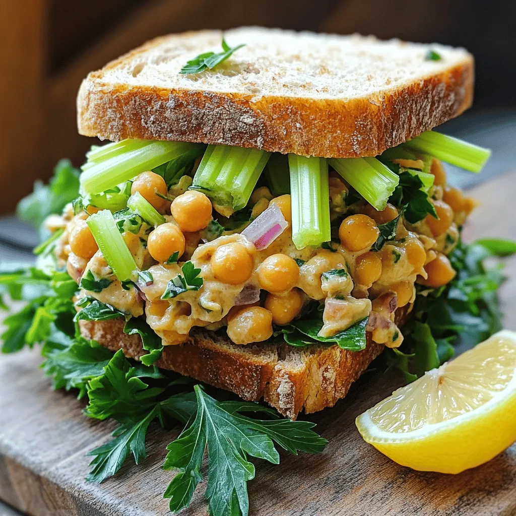 Here’s what you need for a tasty chickpea salad sandwich: - 1 can (15 oz) chickpeas, rinsed and thoroughly drained - 1/4 cup plain Greek yogurt (or a vegan alternative such as plant-based yogurt) - 1 tablespoon Dijon mustard - 1 tablespoon fresh lemon juice - 1/2 teaspoon garlic powder - 1/2 teaspoon smoked paprika - 1/4 teaspoon ground cumin - Salt and freshly cracked pepper, to taste - 1/2 cup diced celery - 1/4 cup finely diced red onion - 1/4 cup chopped fresh parsley - 4 slices whole-grain bread - Leafy greens of your choice (e.g., fresh spinach or arugula) for serving You can easily swap some ingredients. If you want a vegan option, use plant-based yogurt. For a creamier texture, try avocado instead of yogurt. You can also change the mustard. Use yellow mustard for a milder taste. If you don't like cumin, try curry powder for a different twist. This sandwich packs a punch! Each serving is rich in protein and fiber from the chickpeas. You get healthy fats from yogurt and greens, making it a balanced meal. Each sandwich has about 350 calories, 15 grams of protein, and 10 grams of fiber. It’s a smart choice for a quick lunch or snack. For the full recipe, check out the Chickpea Delight Sandwich. First, gather all your ingredients. You will need a can of chickpeas, yogurt, mustard, and spices. Rinse and drain the chickpeas well. This step helps remove excess salt and improves taste. In a large bowl, use a fork to mash the chickpeas. Aim for a chunky mix. Leave some whole chickpeas for texture. This adds a nice bite to your sandwich. Next, add the yogurt, Dijon mustard, fresh lemon juice, and spices. Mix everything well. You want it creamy but still chunky. It's important to taste as you go. Adjust the seasonings to fit your style. A little extra lemon juice can brighten the flavors. For this recipe, cooking is not needed. The magic happens in mixing. Use a fork for mashing. A fork allows you to control the texture better. If you have a potato masher, you can use that too. Just be careful not to over-mash. You want some chunks to remain. When you mix in the diced celery, red onion, and parsley, fold gently. This keeps the mix light and fresh. Be sure everything is evenly mixed. You want every bite to have flavor. To mash chickpeas well, start with dry chickpeas if you prefer. Soak them overnight, then cook until tender. Canned chickpeas are quick and easy, but you can use dried ones for a fresher taste. When mashing, focus on the center of the bowl. This helps keep the mix contained. If you want a smoother texture, you can use a food processor. Just pulse it a few times. This way, you maintain some chunkiness. Enjoy your chickpea salad mixture on bread with leafy greens. This simple method makes a fresh and tasty meal. For the full recipe, check out the Chickpea Delight Sandwich! To make a great chickpea salad sandwich, start with fresh bread. Whole-grain bread gives a nice, nutty flavor. Lay a generous amount of leafy greens first. This keeps the bread from getting soggy. Next, spread the chickpea mix all the way to the edges. This ensures every bite is full of flavor. Finally, press down gently on the top slice to hold it all together. To boost the taste, use fresh herbs like basil or dill. They add a bright note that shines through. You can also try different spices, like curry powder or chili flakes. A sprinkle of lemon zest brightens the dish too. If you want a creamier texture, swap in avocado for the yogurt. This adds richness and healthy fats. For a beautiful plate, cut the sandwiches diagonally. This makes them look inviting and easy to handle. Serve on a rustic wooden board or a colorful plate. Adding a few lemon wedges beside the sandwiches makes them pop. You can sprinkle extra parsley on top for a fresh touch. This not only looks nice but also adds flavor. For the full recipe and more tips, check out the Chickpea Delight Sandwich. {{image_4}} To make a vegan chickpea salad sandwich, swap the Greek yogurt for plant-based yogurt. This change keeps the salad creamy and tasty. You can also use mashed avocado for a rich texture. Add fresh herbs like dill or basil for extra flavor. You can enjoy this vegan twist without missing out on deliciousness. For a gluten-free chickpea salad sandwich, choose gluten-free bread. Many stores offer tasty gluten-free options that work well. You can also use lettuce wraps instead of bread. This keeps it light and fresh. If you want a heartier base, try using gluten-free tortillas. They are great for wrapping the chickpea salad. You can customize your chickpea salad with fun add-ins. Try adding diced bell peppers for crunch and color. Chopped pickles or capers give a tangy kick. For a spicy twist, mix in diced jalapeños. Top your sandwich with sliced tomatoes or avocado for creaminess. A sprinkle of sunflower seeds or nuts adds a nice crunch, too. For the full recipe, check out the Chickpea Delight Sandwich 🥪. Enjoy creating your own tasty variations! Store leftover chickpea salad in an airtight container. This helps keep the salad fresh. Place it in the fridge right away. It will stay good for about three days. The flavors will mix and taste even better over time. If you notice excess liquid, just drain it before serving again. You can freeze chickpea salad, but texture may change. To freeze, place it in a freezer-safe container. Leave some space at the top since it will expand. Label it with the date. Use within one month for best quality. When you are ready to eat it, thaw in the fridge overnight. Mix well before serving. Use glass or plastic containers with tight lids. This keeps the salad fresh and prevents odors. Look for containers that are easy to stack. That way, you save space in your fridge. For freezing, use freezer bags or containers made for freezing. They help keep the salad safe from freezer burn. You can find the full recipe for the chickpea salad sandwich [Full Recipe]. To make a chickpea salad sandwich vegan, replace Greek yogurt with plant-based yogurt. Use any unsweetened variety you like. You can also add mashed avocado for creaminess. This swap keeps the texture rich while making it dairy-free. Enjoy the same great flavors without animal products. Yes, canned chickpeas are perfect for this recipe. They save time and work well. Just rinse them well under cold water to remove excess sodium. Drain them thoroughly to avoid a watery salad. Using canned chickpeas makes this meal quick and easy. You can serve a variety of sides with your chickpea salad sandwich. Here are some great options: - Fresh vegetable sticks, like carrots and cucumbers - A simple green salad with vinaigrette - Crispy baked sweet potato fries - A bowl of creamy tomato soup These sides add balance and flavor, making your meal more enjoyable. Check out the Full Recipe for more tips! This blog post gives you all you need for a tasty chickpea salad sandwich. You learned about key ingredients, substitutions, and nutrition. We covered clear cooking steps and tips for the best mash. Helpful tricks for flavor and looks can make your sandwich shine. You explored fun variations like vegan and gluten-free options. Plus, we shared smart storage tips for your leftovers. Making this sandwich is easy and fun. Enjoy creating your own version today!