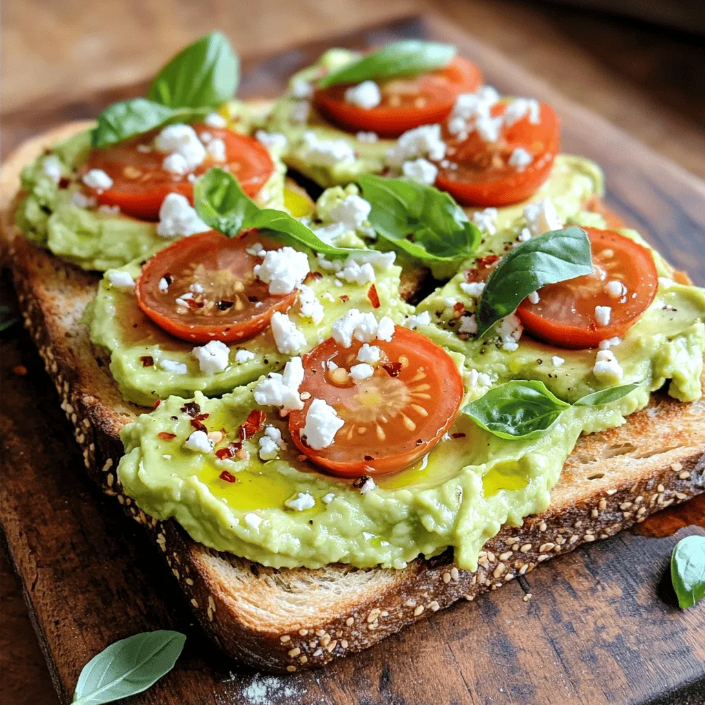 - Ripe avocados - Whole grain or sourdough bread - Cherry tomatoes - Feta cheese - Olive oil - Lemon juice - Garlic powder - Fresh herbs - Red pepper flakes - Additional toppings For this delicious avocado toast, you need simple yet vibrant ingredients. Start with ripe avocados that feel slightly soft when you press them. They are key for a creamy spread. Choose whole grain or sourdough bread for toasting. The crunch pairs well with the smooth avocado. Next, you will add halved cherry tomatoes. They burst with flavor and add color to your toast. Crumbled feta cheese brings a salty and creamy touch that complements the avocado perfectly. For seasoning, olive oil adds richness. Fresh lemon juice brightens the dish. Garlic powder gives it an extra kick. Fresh herbs like basil or parsley add freshness and color. If you like a bit of heat, consider red pepper flakes as an optional topping. You can also add other toppings like radishes or poached eggs for more fun flavors. For the full recipe, check the detailed instructions to bring this tasty dish to life! - First, take two ripe avocados. Cut them in half and remove the pits. - Scoop the green flesh into a medium bowl using a spoon. - Add one tablespoon of fresh lemon juice. This keeps the avocado bright green. - Sprinkle in some garlic powder and a pinch of salt and pepper. - Now, grab a fork and gently mash the avocado until it's creamy but still slightly chunky. This adds great texture. - Next, choose your method for toasting. You can use a toaster or a skillet. - If you use a skillet, heat it on medium. Place the bread slices in the pan. - Toast until they turn a lovely golden brown. This usually takes about 3-4 minutes. The crispy bread makes the toast special. - Now, it's time to build your toast. Spread a generous layer of the mashed avocado on each slice of toasted bread. - Make sure to cover the edges for full flavor. - Next, add the halved cherry tomatoes on top. You can use fresh or sautéed, depending on your taste. - Finally, sprinkle the crumbled feta cheese over the tomatoes. This adds a creamy, salty flavor that pairs perfectly. For the complete details, refer to the Full Recipe. To make great avocado toast, you need the right texture. Avoid over-mashing your avocados. You want some chunks for a nice bite. Use ripe avocados for the best flavor. They should yield slightly when pressed. If they feel hard, they are not ready. You can use fresh tomatoes or sauté them. Sautéing gives a warm flavor, while fresh tomatoes add brightness. For fresh tomatoes, choose vibrant, firm ones. Look for ones that smell sweet. This means they are ripe and full of flavor. How you plate your toast matters! Arrange the toasts on a nice board for a rustic look. You can also use white plates for a clean contrast. Add a small bowl of extra cherry tomatoes and a side salad. This creates a lovely brunch spread. For extra flair, cut the toast diagonally before serving. This makes it look even more inviting. Feel free to check out the Full Recipe for more details! {{image_4}} You can swap out the feta cheese for goat cheese or ricotta. Both add creaminess. If you like a stronger taste, try blue cheese. For bread, use rye or gluten-free bread. Each type gives a new taste and texture. Spices can really boost your avocado toast. Try adding smoked paprika for a warm flavor. A sprinkle of cumin also works well. You can add thin slices of cucumber or radish for crunch. These add freshness and color. For a vegan option, skip the feta and use nutritional yeast. It gives a cheesy flavor. You can also use hummus as a spread. For gluten-free, use gluten-free bread. This way, everyone can enjoy this tasty dish. Try the [Full Recipe] for all the details! To keep your avocado toast fresh, store it in an airtight container. This helps to keep moisture in and air out. However, it’s best to store the ingredients separately. Store the bread in one container and the avocado spread in another. This keeps the bread from getting soggy. When reheating, use a toaster or skillet. This method restores the crispiness of the bread. Avoid using a microwave, as it can make the toast chewy. If you have leftover toppings, sprinkle them on after reheating. This keeps flavors bright and fresh. Ripe avocados can last about 2-3 days in the fridge once cut. Keep them in a container with lemon juice to slow browning. Cherry tomatoes stay fresh for about a week when stored in a cool place. Feta cheese can last up to a month in the fridge, as long as it stays sealed in its brine. Check the date on the package for freshness. To make this dish, follow these steps: 1. Prepare the Avocado: Scoop out 2 ripe avocados into a bowl. Add 1 tablespoon lemon juice, 1 teaspoon garlic powder, and salt and pepper. Mash it until creamy but still chunky. 2. Toast the Bread: Take 4 slices of whole grain or sourdough bread. Toast them until golden brown. 3. Sauté the Tomatoes (optional): Heat 1 tablespoon olive oil in a pan. Add 1 cup halved cherry tomatoes. Cook for 2-3 minutes. Set aside. 4. Assemble the Toast: Spread the avocado mix on the toasted bread. 5. Add Toppings: Place the sautéed or fresh tomatoes on top. Sprinkle 1/2 cup crumbled feta cheese. 6. Garnish and Serve: Drizzle extra olive oil and add fresh herbs like basil or parsley. Cut the toast diagonally for a nice look. For the full details, check the Full Recipe. Yes, you can prepare it ahead of time. Here are some tips: - Avocado Mixture: Store the mashed avocado in an airtight container. Add lemon juice to help prevent browning. - Bread: Toast the bread just before serving for the best crunch. - Tomatoes and Feta: Keep the tomatoes and feta separate until you are ready to eat. This keeps everything fresh. Avocados are rich in healthy fats. They contain vitamins E, C, and B6. Feta cheese adds protein and calcium. Health benefits of key ingredients: - Avocados: High in fiber and good for heart health. - Feta Cheese: Contains probiotics that support gut health. - Tomatoes: Full of antioxidants that may lower the risk of disease. This dish is not only tasty but also good for you! This post guides you through making delicious avocado toast. We covered key ingredients like avocados, whole grain bread, cherry tomatoes, and feta cheese. You learned how to prepare, toast, and assemble your dish for the best flavors. I shared tips for texture, flavor, and presentation ideas. Don't forget the variations and storage tips for leftovers. Enjoy your tasty creations and make them your own! With just a few adjustments, this versatile dish fits any meal. Happy toasting!