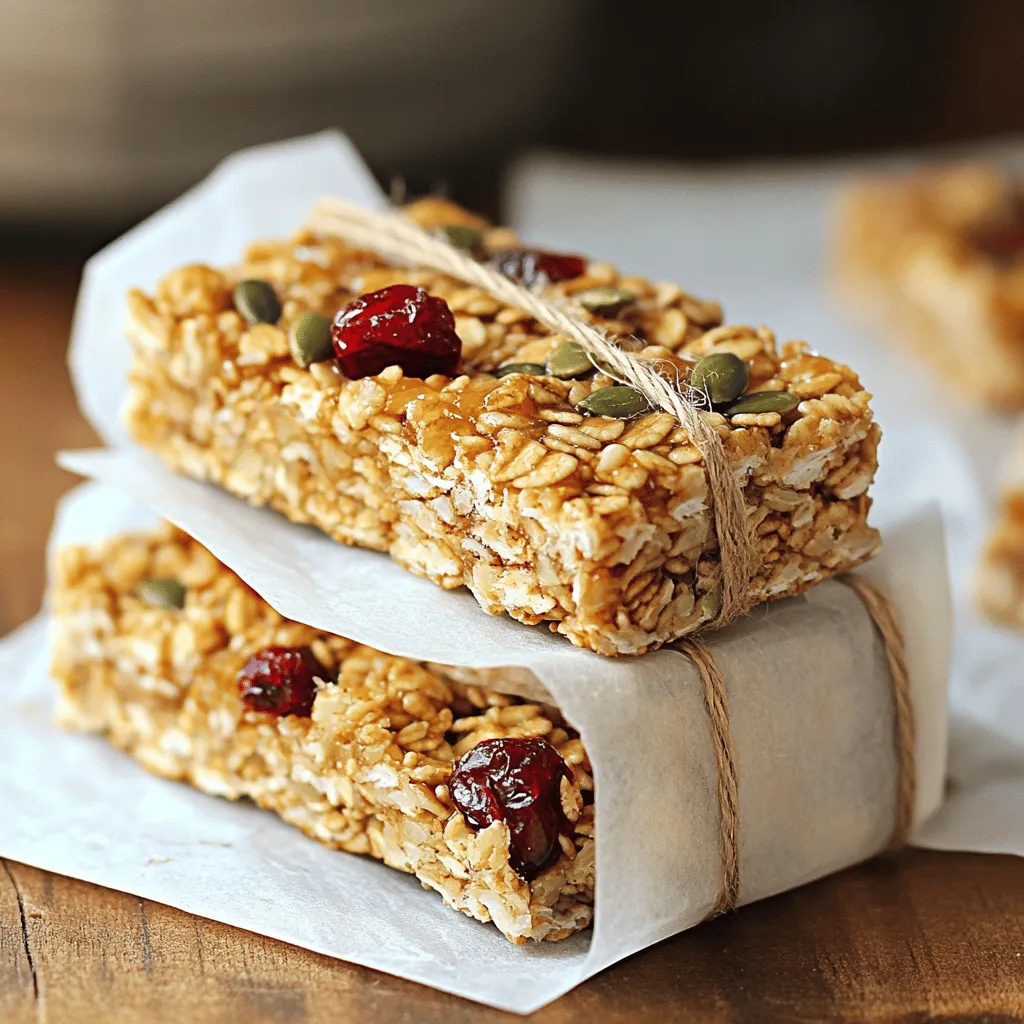 To make your nut-free granola bars, gather these simple ingredients: - 2 cups rolled oats - 1 cup puffed rice cereal - 1/2 cup sunflower seeds - 1/2 cup pumpkin seeds - 1/2 cup dried cranberries (or your choice of dried fruits) - 1/2 cup honey or maple syrup - 1/4 cup coconut oil, melted - 1 teaspoon vanilla extract - 1/2 teaspoon ground cinnamon - 1/4 teaspoon salt Each nut-free granola bar is not only tasty but also healthy. Here’s a quick look at the nutrition facts for one bar: - Calories: About 150 - Protein: 3g - Fat: 6g - Carbohydrates: 22g - Fiber: 2g - Sugar: 7g This makes them a great snack option for both kids and adults! You can customize your bars to fit your taste. Here are some easy swaps: - Seeds: Swap sunflower or pumpkin seeds with chia seeds or flaxseeds. - Sweeteners: Use agave syrup or brown rice syrup instead of honey or maple syrup. - Fruits: Try using raisins, apricots, or figs instead of dried cranberries. - Oils: Replace coconut oil with olive oil or melted butter. Feel free to mix and match these ideas to create your perfect nut-free granola bars! If you want to follow the full recipe, check out the details above. First, gather all your ingredients. You'll need: - 2 cups rolled oats - 1 cup puffed rice cereal - 1/2 cup sunflower seeds - 1/2 cup pumpkin seeds - 1/2 cup dried cranberries - 1/2 cup honey or maple syrup - 1/4 cup coconut oil, melted - 1 teaspoon vanilla extract - 1/2 teaspoon ground cinnamon - 1/4 teaspoon salt Make sure everything is measured out. It helps to have a clean workspace. 1. Start by preheating your oven to 350°F (175°C). This helps the bars bake evenly. 2. Line an 8x8 inch baking pan with parchment paper. Leave some paper hanging over the sides. This will help you lift the bars out later. 3. In a large bowl, mix the rolled oats, puffed rice cereal, sunflower seeds, pumpkin seeds, dried cranberries, ground cinnamon, and salt. Use a spoon to mix well. 4. In a different bowl, whisk together the melted coconut oil, honey (or maple syrup), and vanilla extract. Mix until smooth. 5. Pour the wet mixture over the dry ingredients. Stir everything until the dry mix is well coated. 6. Transfer the mixture to your prepared pan. Press it down firmly with your hands or a spatula. Make sure it is packed tight. 7. Bake in the preheated oven for 20-25 minutes. Look for a light golden color on the edges. 8. After baking, take the pan out and cool it for about 10 minutes. Then, move it to the fridge to set for at least an hour. 9. Once set, use the parchment paper to lift the granola out. Cut it into bars or squares. - Always preheat your oven. It ensures even baking. - Press the mixture firmly into the pan. This helps the bars hold together. - Keep an eye on the baking time. Overbaking can make them too hard. - Letting the bars cool completely before cutting is key. This helps them firm up nicely. For the full recipe of Nut-Free Power Granola Bars, check out the details above. Enjoy your tasty treats! For great texture in your nut-free granola bars, follow these tips: - Choose the Right Oats: Use rolled oats, as they provide a chewy base. Instant oats can make your bars too soft. - Pack It Tight: When you press the mixture into the pan, use your hands or a spatula to pack it down firmly. This helps the bars hold together. - Bake Until Golden: Keep an eye on your bars while they bake. Remove them when the edges are a light golden brown. This gives a nice crunch and prevents them from being too soft. Proper storage keeps your granola bars fresh and tasty. Here are some tips: - Use Airtight Containers: Store your granola bars in an airtight container. This helps them stay crisp. - Refrigerate for Longer Shelf Life: If you want them to last longer, keep them in the fridge. They can last up to two weeks this way. - Wrap Individually: For easy snacking, wrap each bar in parchment paper. This prevents them from sticking together. Avoid these common mistakes to make the best nut-free granola bars: - Skipping the Cooling Time: Let the granola bars cool and set in the fridge. This makes them easier to cut and keeps them from crumbling. - Not Measuring Ingredients: Be precise with your ingredient amounts. Too much or too little can change the texture. - Using Too Many Wet Ingredients: Balance your wet and dry ingredients. Too much liquid can make your bars too sticky or fall apart. For the full recipe, check out the Nut-Free Power Granola Bars. Enjoy making these healthy snacks! {{image_4}} You can easily change the taste of nut-free granola bars. Try using different dried fruits like apricots or raisins. If you want a tropical twist, add some dried mango or pineapple. For a chocolatey flavor, mix in mini chocolate chips or cocoa powder. Don't forget spices! Cinnamon, nutmeg, or even a hint of ginger can bring warmth and depth. While honey or maple syrup works great, you have other choices. Agave syrup offers a mild sweetness. Brown rice syrup is thicker and less sweet, making it a good option. If you want to cut down on sugar, use mashed bananas or unsweetened applesauce. These options keep your bars sweet and moist without adding extra sugar. Boost the nutrition of your granola bars with fun add-ins. Chia seeds or flaxseeds add fiber and healthy omega-3s. You can also mix in protein powder for a power boost. Another great option is shredded coconut, which adds texture and flavor. Go for a mix of seeds like sesame or hemp for added crunch and nutrients. These small changes can turn your snack into a powerhouse of health! Make sure you check out the Full Recipe to try these variations at home! To keep your nut-free granola bars fresh, follow these tips: - Airtight Container: Use an airtight container for storage. This helps retain moisture. - Cool Completely: Let the bars cool fully before storing. This prevents condensation. - Layering: If you stack the bars, place parchment paper between layers. This stops them from sticking. If you want to save some granola bars for later, freezing is a great option: - Wrap Individually: Wrap each bar in plastic wrap or parchment. This keeps them fresh. - Use Freezer Bags: Place wrapped bars in a freezer bag. Remove as much air as possible. - Label and Date: Write the date on the bag. This helps you keep track of freshness. Nut-free granola bars can last a while if stored correctly: - Room Temperature: They keep well for up to one week at room temperature. - Refrigerator: In the fridge, they last up to two weeks. - Freezer: Frozen bars can last for about three months. Watch for these spoilage signs: - Smell: A sour or off smell means it's time to toss them. - Texture: If they feel very hard or mushy, they may be past their prime. - Appearance: Any signs of mold or discoloration are clear indicators to discard the bars. Yes, you can easily make these granola bars vegan. Just swap honey for maple syrup. Maple syrup is a great sweetener that works well in this recipe. Use the same amount as you would honey. This simple switch keeps the bars sweet and delicious! If you want to avoid nuts, there are many tasty options. Some great substitutes include: - Sunflower seeds - Pumpkin seeds - Chia seeds - Flaxseeds - Coconut flakes These ingredients add crunch and flavor without nuts. Feel free to mix and match to find your favorite combo! You can easily adjust the recipe for various diets. Here are some options: - Gluten-Free: Use certified gluten-free oats and puffed rice. - Low-Sugar: Cut the sweetener in half or use a sugar substitute. - High-Protein: Add protein powder or more seeds. These changes keep the bars healthy and tasty while meeting your needs. For the full recipe, check out Nut-Free Power Granola Bars! You learned how to make nut-free granola bars, from ingredients to storage. Each step helps you create tasty snacks that fit your diet. Consider the variations to match your taste. Use my tips to avoid mistakes and enjoy the best texture. These bars are simple to make and store well for later. Keep experimenting with flavors and ingredients. Now, you can satisfy your cravings and stick to your nutrition goals. Enjoy your homemade granola bars!