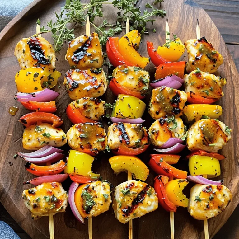 For honey mustard chicken skewers, you need: - 1 pound chicken breast, trimmed and cut into 1-inch cubes - 1 bell pepper (red, yellow, or green), cut into 1-inch squares - 1 red onion, cut into generous wedges - Skewers (wooden or metal) The marinade brings out great flavors. For this, gather: - 1/4 cup honey - 1/4 cup Dijon mustard - 2 tablespoons extra-virgin olive oil - 2 cloves garlic, finely minced - 1 teaspoon smoked paprika - 1 teaspoon sea salt - 1/2 teaspoon freshly ground black pepper - 1/2 teaspoon dried thyme You can get creative with add-ins. Consider: - Cherry tomatoes for sweetness - Zucchini slices for extra veggies - Pineapple chunks for a tropical twist - Fresh herbs like rosemary or basil for more flavor These ingredients make the skewers juicy and fun. You can find the full recipe above to get started right away! To start, you need to make the marinade. In a bowl, mix honey, Dijon mustard, olive oil, minced garlic, smoked paprika, sea salt, black pepper, and dried thyme. Whisk it well until smooth. This mix adds great flavor. Next, add the chicken cubes. Make sure they are fully coated. Cover the bowl with plastic wrap. Place it in the fridge for at least 30 minutes. If you have time, let it sit for up to 4 hours. This helps the chicken absorb the flavors. Now, it’s time to assemble your skewers. If you use wooden skewers, soak them in water for 30 minutes first. This keeps them from burning. Take the marinated chicken from the fridge. Thread the chicken onto the skewers. Alternate the chicken with bell pepper squares and red onion wedges. This makes the skewers look tasty and colorful. Aim for a nice pattern for a fun presentation. Preheat your grill or grill pan to medium-high heat. When it’s hot, place the skewers on it. Grill for about 12 to 15 minutes. Turn the skewers occasionally. This helps them cook evenly and get those nice grill marks. Check the chicken's temperature. It should reach 165°F (75°C). When done, take the skewers off the grill. Let them rest for a few minutes. This helps the juices stay in the chicken, making it tender and juicy. For the full recipe, be sure to check out the detailed instructions above. To get the best taste from your honey mustard chicken skewers, marinate the chicken well. Use a mix of honey and Dijon mustard for balance. Letting the chicken sit in the marinade for at least 30 minutes allows the flavors to soak in. For even better results, try marinating for up to four hours. This extra time boosts the taste and makes the chicken juicy. Even cooking is key for great skewers. Start with chicken pieces that are similar in size. This helps them cook at the same rate. If you use wooden skewers, soak them in water first. This prevents burning on the grill. Grill the skewers over medium-high heat. Turn them every few minutes for even grilling. Check the chicken’s internal temperature; it should reach 165°F (75°C) for safe eating. Presentation makes a big difference in how food looks and tastes. When serving, arrange the skewers on a nice platter. Drizzle some extra honey mustard sauce on top for a shiny look. Add freshly chopped herbs like parsley or cilantro for color. Pair your skewers with a light salad or grilled veggies. This creates a complete meal that is as pleasing to the eyes as it is to the palate. Check out the Full Recipe for more tips! {{image_4}} You can swap chicken for other proteins. Try pork or beef for a tasty twist. Just cut the meat into 1-inch cubes like the chicken. Adjust the marinade time based on the protein you use. For pork, marinate for one hour. For beef, aim for 30 minutes. If you prefer a meatless meal, you can use tofu or tempeh. Both options soak up flavor well. Cut them into cubes and use the same marinade. You can also add more veggies, like zucchini or mushrooms. Skewer them with the tofu or tempeh for a colorful dish. Get creative with flavors! Try adding spices like cumin or curry powder for a unique taste. You can also mix in different mustards, like spicy brown or whole grain. For a sweeter twist, add maple syrup instead of honey. Experiment to find what you love! For the full recipe, check out the Honey Mustard Chicken Skewers. You can store leftover honey mustard chicken skewers in the fridge. Place them in an airtight container. They will stay fresh for about 3 to 4 days. To keep them juicy, avoid leaving them out at room temperature. When ready to eat, just take them out and let them warm up a bit. If you want to save skewers for later, freezing is a great option. Wrap each skewer tightly in plastic wrap. Then, place them in a freezer-safe bag or container. They can last up to 3 months in the freezer. When you’re ready to cook, just thaw them overnight in the fridge. To reheat your chicken skewers, I suggest using an oven or a grill. Preheat the oven to 350°F (175°C) and bake for about 10-15 minutes. If grilling, heat the grill to medium and cook for a few minutes until warm. This keeps the chicken moist and tasty. Avoid using the microwave, as it can make the chicken rubbery. For full recipe details, check the earlier sections! Yes, you can use other meats for skewers. Pork, beef, and shrimp all work well. Each meat has its own unique taste. Adjust the marinade to suit the meat you choose. For example, beef might need a bolder flavor. I recommend marinating the chicken for at least 30 minutes. For even better flavor, marinate it for up to 4 hours. This allows the chicken to soak up the honey mustard mix. It helps keep the chicken moist and tasty. Many sides go great with honey mustard chicken skewers. Here are some tasty options: - Light salad with fresh greens - Grilled vegetables like zucchini and mushrooms - Rice or quinoa for a hearty touch - Sweet potato fries for a fun twist To check if the chicken is done, use a meat thermometer. The internal temperature should reach 165°F (75°C). Additionally, the chicken should be opaque and no pink should show. If you cut into it, the juices should run clear. This ensures your skewers are safe and delicious. In this post, we covered the key parts of making chicken skewers. You learned about main ingredients, marinade options, and fun add-ins. I shared step-by-step instructions for marinating, assembling, and grilling your skewers. We also looked at tips for great flavor and even cooking. Variations included proteins and vegetarian choices. Lastly, we discussed storage and answered your most asked questions. With these tools, you're ready to create tasty skewers that impress. Enjoy experimenting and savoring your dishes!