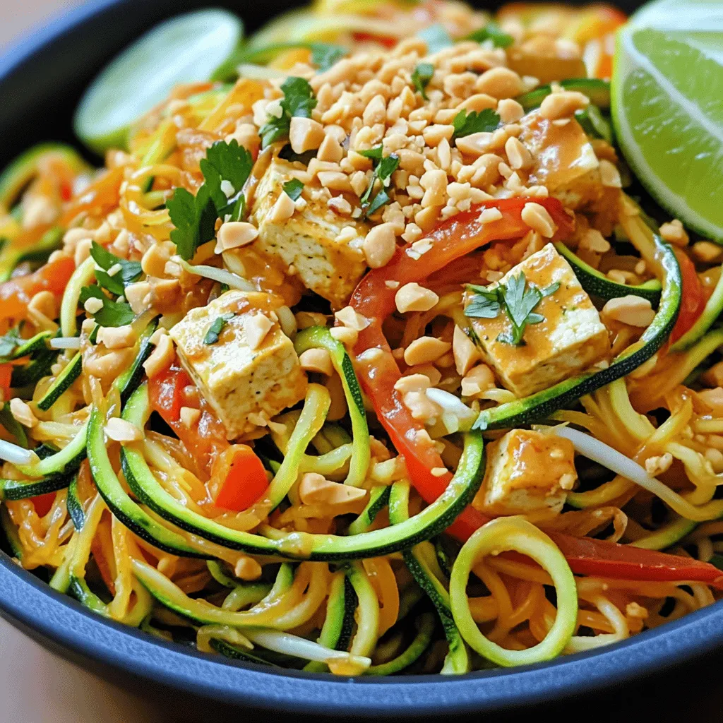 To make a tasty Zucchini Noodle Pad Thai, you will need: - 2 medium zucchinis, spiralized into noodles - 1 cup firm tofu, cubed - 1 red bell pepper, sliced - 1 cup bean sprouts - 2 green onions, sliced - 3 garlic cloves, minced - 2 tablespoons tamari or soy sauce - 1 tablespoon natural peanut butter - 1 tablespoon lime juice - 1 tablespoon sesame oil - 1 tablespoon coconut sugar or brown sugar - Chopped peanuts and lime wedges for garnish These ingredients work well together to create a flavorful dish. The zucchini noodles are fresh and light. They soak up the sauce and give a nice crunch. You can customize your Pad Thai with these options: - Add carrots or bell peppers for more color. - Use cooked shrimp or chicken for added protein. - Swap tofu for tempeh if you like a different texture. - Try a different nut butter like almond for a twist. Feel free to mix and match based on your taste and what you have at home. This Zucchini Noodle Pad Thai is great if you follow a low-carb diet. Zucchini has fewer carbs than traditional noodles. It’s also gluten-free if you use tamari instead of soy sauce. This dish fits many diets while still being filling and delicious. You can enjoy it without guilt. To start, you need fresh zucchinis. Grab two medium-sized ones and spiralize them. This means you turn them into noodle shapes. After spiralizing, let the noodles sit. This helps them release extra moisture. Moisture can make your dish soggy. While they rest, you can prep the other ingredients. Grab a large pan or wok. Heat up some sesame oil over medium heat. Once hot, add the diced tofu. Cook the tofu for about 5 to 7 minutes. You want it golden brown on all sides. When done, remove the tofu from the pan and set it aside. In the same pan, add minced garlic and sliced red bell pepper. Stir-fry them for 2 to 3 minutes. The pepper should soften a bit. Then, add the zucchini noodles to the pan. Mix everything well and cook for another 2 to 3 minutes. You want the noodles tender but still crunchy. In a small bowl, mix tamari or soy sauce, peanut butter, lime juice, and coconut sugar. Stir until smooth. Pour this sauce over the cooked noodles and veggies in the pan. Add the cooked tofu back in along with bean sprouts and sliced green onions. Stir everything for another 1 to 2 minutes. This lets the sauce coat all the ingredients. Your Zucchini Noodle Pad Thai is now ready to serve! For the full recipe, refer to the previous sections. To make great zoodles, use fresh, firm zucchini. Spiralize them just before cooking. This keeps them crisp. Let the zoodles sit for a bit. This helps remove some water. Pat them dry with a towel. When cooking, don't overdo it. Just a few minutes on the heat keeps them crunchy. You can boost the taste of your Zucchini Noodle Pad Thai. Add a pinch of chili flakes for spice. Fresh herbs like cilantro bring freshness. For a tangy kick, squeeze more lime juice on top. If you like nuts, try cashews or peanuts. They add crunch and flavor. Meal prep makes cooking easy. Spiralize your zucchini ahead of time. Store it in the fridge in a sealed bag. Cook your tofu and veggies in advance. Keep them in separate containers. When ready to eat, mix it all together with the sauce. This way, you have a quick and healthy meal ready to go. For the full recipe, check the main article. {{image_4}} If you want a vegan twist, use firm tofu or tempeh. Both options add protein without meat. You can also swap the Tamari for a gluten-free version. Try adding more veggies, like bok choy or snap peas. They give a fresh crunch and flavor. For a heartier meal, add chicken or shrimp. If using chicken, cut it into bite-sized pieces. Cook it first until golden, then set aside. Shrimp cooks quickly, so add it for the last few minutes. This gives you a tasty protein boost. To keep it low carb, focus on the zucchini noodles. You can skip the sugar or use a keto sweetener. Coconut aminos work well as a soy sauce substitute. This keeps the dish flavorful while keeping carbs low. Enjoy your healthy Pad Thai without guilt! For more details, check the Full Recipe for Zucchini Noodle Pad Thai. To store your Zucchini Noodle Pad Thai, let it cool down. Place it in an airtight container. This keeps it fresh for later meals. You can store it in the fridge for up to three days. If you want it to last longer, consider freezing it. When you're ready to eat, take your leftovers out. You can reheat them on the stove or in the microwave. If using the stove, warm it over low heat. Stir it often to heat evenly. In the microwave, heat in short bursts, stirring in between. This helps avoid overcooking the zoodles. If you choose to freeze your Zucchini Noodle Pad Thai, do it right away. Make sure to use a freezer-safe container. It can last up to three months in the freezer. When you want to eat it, thaw it overnight in the fridge. Then, reheat as mentioned above. However, note that the texture may change after freezing. The zoodles may become softer, but the flavors will still shine. Yes, you can use regular noodles if you prefer. Traditional Pad Thai uses rice noodles. However, zucchini noodles are a great low-carb option. They add a fresh crunch and cut calories. To prevent soggy zucchini noodles, start by spiraling the zucchini and letting it sit in a colander. This helps drain excess moisture. Cook the noodles briefly, just until tender, not mushy. If you need a substitute, coconut aminos work well. They are soy-free and have a mild taste. You can also use a mix of balsamic vinegar and water for a different flavor. For the full details, check the Full Recipe. Zucchini noodle Pad Thai is a fun, healthy dish. We covered its main and optional ingredients. The step-by-step guide shows how to prepare zoodles and cook them well. Tips help you master your zoodles and add great flavors. Variations let you cater to your diet, whether vegan or low carb. Plus, I shared storage info for leftovers. This dish is easy and delicious. You can enjoy it any time you want a fresh meal. Embrace the zoodle life!
