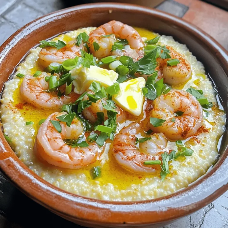 To make Zesty Shrimp and Grits, you'll need: - 1 pound large shrimp, peeled and deveined - 1 cup stone-ground grits - 4 cups water or low-sodium chicken broth - 1 cup sharp cheddar cheese, shredded - 1/4 cup heavy cream or half-and-half - 2 tablespoons olive oil - 2 tablespoons unsalted butter - 1 clove garlic, minced - 1/2 teaspoon smoked paprika - 1/2 teaspoon cayenne pepper - Kosher salt and freshly ground black pepper, to taste - 2 green onions, thinly sliced - Fresh parsley, chopped If you want to switch things up, here are some great ideas: - Shrimp: You can use chicken or sausage if you prefer. - Grits: Instant grits work, but stone-ground gives the best texture. - Cheese: Try pepper jack for a spicy kick or omit for a dairy-free option. - Broth: Use vegetable broth for a lighter taste or water for simplicity. Using high-quality ingredients is key to making this dish shine. Fresh shrimp adds bright flavor, while stone-ground grits create a creamy base. Good cheese makes the sauce rich and smooth. Each ingredient works together, so don't skimp on quality. Your taste buds will thank you! For the full recipe, check out the details above. To make Zesty Shrimp and Grits, follow these simple steps: 1. Boil the Liquid: Start by boiling four cups of water or chicken broth in a medium pot. Bring it to a strong boil on high heat. 2. Add the Grits: Gradually whisk in one cup of stone-ground grits. This helps to avoid clumps. 3. Simmer the Grits: Lower the heat to low and stir often. Let them simmer for 20-25 minutes, until creamy. 4. Mix in Cheese and Cream: Once thickened, remove from heat. Stir in one cup of shredded sharp cheddar cheese and a quarter cup of heavy cream. Add salt and pepper to taste. Cover to keep warm. 5. Cook the Shrimp: In a large skillet, heat two tablespoons of olive oil and two tablespoons of unsalted butter over medium-high heat. Once melted, add one minced garlic clove and cook for about 30 seconds. 6. Season the Shrimp: Add one pound of peeled and deveined shrimp to the skillet. Sprinkle with half a teaspoon of smoked paprika, half a teaspoon of cayenne pepper, and salt and pepper to taste. 7. Sear the Shrimp: Cook the shrimp for 2-3 minutes without stirring until they turn bright pink. Flip and cook for another 1-2 minutes until fully cooked. 8. Serve: Spoon creamy grits onto plates. Top with the zesty shrimp and drizzle any pan juices over the top. 9. Garnish: Finish with thinly sliced green onions and chopped parsley. Timing is key for this dish. Start with the grits. They need time to cook down and become creamy. While the grits simmer, prepare the shrimp. This keeps everything hot and fresh. Follow these steps: - Boil the broth and add the grits. - While the grits cook, prep and cook the shrimp. - Mix the shrimp with spices as the grits finish. This sequence keeps your dish warm and ready to eat. For the best texture and flavor, here are some tips: - Stir the Grits: Stir often to prevent clumping. The more you stir, the creamier they get. - Cheese Quality: Use sharp cheddar for a rich, bold taste. - Adjust Spice: If you want less heat, reduce the cayenne pepper. - Fresh Ingredients: Always use fresh shrimp for the best flavor. - Rest the Shrimp: Let the shrimp sit in the pan for a moment after cooking to soak up the flavors. Following these tips will elevate your dish and make every bite memorable. For a complete recipe, check out the Full Recipe section. When making grits, avoid these common mistakes: - Not whisking well: Mix the grits into boiling water slowly. This helps prevent lumps. - Too much heat: Keep the heat low after adding the grits. High heat can make them grainy. - Not stirring enough: Stir the grits often. This keeps them creamy and smooth. - Skipping the cheese: Cheese adds rich flavor. Don't skip it! To make your dish shine, try these enhancements: - Add herbs: Fresh herbs like thyme or basil elevate the taste. - Use broth instead of water: Chicken or vegetable broth adds depth. - Top with crispy bacon: Bacon bits add a nice crunch and flavor. - Drizzle with hot sauce: A touch of hot sauce can spice things up. For a well-rounded meal, consider these pairings: - Serve with a side salad: A light green salad balances the richness of the dish. - Add a crusty bread: A warm bread helps soak up the sauce and grits. - Choose a refreshing drink: Lemonade or iced tea complements the flavors well. For a full taste experience, check out the Full Recipe. Enjoy making your Zesty Shrimp and Grits! {{image_4}} If you want to switch things up, you can use other proteins in this dish. Chicken or sausage can make great substitutes. For chicken, use boneless thighs for a juicy bite. Cook them until golden brown before adding spices. If you prefer sausage, try andouille for a spicy kick. Slice it and cook it in the skillet until browned. Both options keep the flavors rich and satisfying. You can enjoy Zesty Shrimp and Grits even if you follow a vegetarian or vegan diet. Replace the shrimp with hearty vegetables like mushrooms or zucchini. For the grits, use vegetable broth instead of chicken broth. Swap the cheese with a vegan cheese or nutritional yeast for a cheesy taste. You’ll still get that creamy texture while keeping it plant-based. Changing up the spices can take this dish to new heights. You can use Cajun seasoning for a different flavor profile. For a citrus twist, try adding lemon zest or juice. Fresh herbs like cilantro or basil can also brighten the dish. A dash of hot sauce can bring extra heat if you like spice. Feel free to experiment and find your perfect flavor blend. To store your Zesty Shrimp and Grits, let them cool first. Place the dish in an airtight container. This helps keep the flavors fresh. You can store the leftovers in the fridge for up to three days. Always remember to label your container with the date so you can track freshness. When you are ready to enjoy leftovers, reheat them gently. The best way is using a saucepan on low heat. Add a splash of water or broth to keep the grits creamy. Stir often to avoid sticking. You can also use a microwave. Heat in short bursts, stirring in between. This ensures even heating without drying out the dish. If you want to save Zesty Shrimp and Grits for later, freezing is a great option. Separate the shrimp from the grits before freezing. The grits can get mushy when thawed. Place the grits in a freezer-safe container. The shrimp can go in a separate bag. They will last for about two months in the freezer. When you're ready to eat, thaw them in the fridge overnight before reheating. Shrimp and grits come from the Southern United States. This dish has roots in Lowcountry cooking, mainly in South Carolina. Fishermen made it with local shrimp and corn grits. Over time, it grew into a beloved comfort food. Today, you can find many versions across the South. To make grits creamy, use stone-ground grits and cook them slowly. Start with a good ratio of water or broth. Use about four cups of liquid for every cup of grits. Stir them often while they cook. Adding cheese and cream helps achieve that smooth texture. Yes, you can prepare shrimp and grits ahead of time. Cook the grits and shrimp separately, then store them in the fridge. Reheat them before serving. Just remember that grits may thicken when stored. You can add a splash of water or broth to loosen them. If you want a dairy-free version, try using nutritional yeast or dairy-free cheese. Coconut milk can also add creaminess without dairy. These options keep the dish rich and tasty while being friendly for those avoiding dairy. The spice level is mild to medium, depending on your taste. The cayenne pepper adds a nice kick. You can easily adjust the heat. Use less cayenne for a milder dish, or add more for extra heat. You control the spice! For the full recipe, visit the link provided. In this article, we explored how to make Zesty Shrimp and Grits. We detailed quality ingredients and how they enhance flavor. The step-by-step instructions help simplify the cooking process. You learned key tips to avoid mistakes and elevate your dish. Dishes can adapt to various proteins or dietary needs. Lastly, we discussed storage tips for leftovers. Enjoy creating this tasty meal, and feel free to experiment with flavors. Cooking should be fun and rewarding. Enjoy your delicious creation!