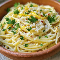 To make a great Spaghetti Aglio e Olio, you need these simple items: - 400g spaghetti - 6 cloves garlic, thinly sliced - 1/2 cup high-quality extra-virgin olive oil - 1/4 teaspoon red pepper flakes (or to taste) - Sea salt, to taste - 1/4 cup fresh parsley, finely chopped - Zest of 1 lemon - 1/4 cup grated Parmesan cheese (optional) - A handful of toasted pine nuts for garnish (optional) You will need a few tools to prepare this dish: - Large pot for boiling pasta - Skillet for cooking the garlic and oil - Colander for draining the spaghetti - Mixing spoon for tossing ingredients - Zester for lemon zest (optional) - Serving bowls for plating Using the best ingredients can make a big difference. Here are my tips: - Choose fresh garlic. Look for firm cloves with no sprouting. - Use high-quality extra-virgin olive oil. It should smell fruity and fresh. - Pick fresh parsley. It should be bright green and crisp. - For the best flavor, use fresh lemon. Look for ones that are firm and heavy. - If using Parmesan, select a block instead of pre-grated for better taste. These tips will help you create a flavorful and simple dish that impresses! If you want to see the full recipe, check out the [Full Recipe]. Bring a large pot of salted water to a boil. Add 400g of spaghetti. Cook it until it is al dente, following the package directions. Before you drain the pasta, save 1 cup of the starchy water. Drain the spaghetti and place it in a large bowl. In a large skillet, heat 1/2 cup of extra-virgin olive oil over medium heat. Once hot, add 6 cloves of sliced garlic and 1/4 teaspoon of red pepper flakes. Stir the mix gently for about 3 to 4 minutes. You want the garlic to turn light golden brown. Be careful not to burn it, as it can taste bitter. Turn the heat to low. Add the drained spaghetti to the skillet with the garlic oil. Toss the pasta well to coat every strand in the oil. Gradually add the saved pasta water, one tablespoon at a time, while tossing. This helps create a creamy sauce. Season with sea salt to taste. Mix in 1/4 cup of chopped parsley and the zest of 1 lemon. If you like, sprinkle 1/4 cup of grated Parmesan cheese on top. Toss again to mix everything well. Serve the spaghetti hot, garnished with extra parsley or pine nuts if desired. For the full details, check the Full Recipe. Many home cooks rush the garlic. If you cook it too fast, it burns. A burnt garlic will ruin the dish. Always cook it slowly until it’s golden. Another mistake is not reserving pasta water. This water adds creaminess to your sauce. Forgetting salt in the pasta water can also hurt flavor. Always taste your pasta as it cooks. You can boost flavor with simple seasonings. Fresh herbs like basil or oregano add depth. A squeeze of lemon juice brightens the dish. If you like spice, adjust the red pepper flakes. For a richer taste, add a bit of butter at the end. This will make your sauce even more silky. Perfect spaghetti is all about timing. Follow the package directions but check it a minute early. Al dente means the pasta should be firm but not hard. Toss the pasta in the skillet right after draining. This helps it absorb the flavors. Don’t forget to add that starchy pasta water gradually. It’s the secret to a smooth sauce. For more tips, check the Full Recipe. {{image_4}} Classic Spaghetti Aglio e Olio is a simple dish. It uses just a few key ingredients. You start with spaghetti, garlic, olive oil, and red pepper flakes. This dish shines because of its bold flavors. The garlic must be sliced thinly, and the olive oil should be high quality. Many people enjoy it for its quick prep time. It is a great meal for busy nights. If you want to make this dish vegetarian, you can easily do so. Just skip the cheese or use a plant-based option. Vegan cheese works well, too. For a fresh touch, add some veggies. Spinach or cherry tomatoes brighten the dish. You can also use mushrooms for a hearty texture. These options keep the meal light but full of flavor. Want to get creative? You can add seafood to your pasta. Shrimp or scallops pair wonderfully with garlic and oil. Simply sauté them in the garlic oil before adding the pasta. For a veggie boost, consider broccoli or asparagus. These add color and nutrition. You can also toss in olives or capers for a briny taste. The options are endless! To see all these ideas in one place, check out the Full Recipe. After enjoying spaghetti aglio e olio, you might have some left. It’s easy to store. First, let the pasta cool to room temperature. Then, place it in an airtight container. You can keep it in the fridge for up to three days. This way, the flavors stay fresh. To reheat, you have a few options. You can use the microwave, which is quick. Just add a splash of water to keep it moist. Heat in short bursts, stirring in between. If you prefer the stove, put the pasta in a skillet. Add a little olive oil and heat over low. Stir until warm. This method keeps the pasta tasty. If you want to save it for later, you can freeze it. Use a freezer-safe container, leaving some space for expansion. It can stay frozen for up to three months. To use later, thaw it overnight in the fridge. Then reheat as mentioned before. This keeps the flavors intact and ready for you to enjoy again. Spaghetti Aglio e Olio is a simple Italian dish. It comes from Naples. This dish uses just a few ingredients: spaghetti, garlic, olive oil, and red pepper flakes. The flavors are bold yet clean. You can feel the warmth from the garlic and the heat from the red pepper. It's perfect for a quick dinner or a late-night snack. Yes, you can easily make this recipe gluten-free. Just swap regular spaghetti for gluten-free pasta. Many brands offer great options that taste delicious. Cook the pasta just like you would regular spaghetti. Follow the same steps in the recipe. You will still enjoy the same rich flavor without gluten. To make Spaghetti Aglio e Olio special, you can add a few touches. Consider serving it on a nice plate with a sprig of parsley on top. A squeeze of fresh lemon juice adds brightness. You might also sprinkle some toasted pine nuts for added crunch. If you want to impress, pair it with a glass of white wine. This elevates the meal and gives your guests a delightful experience. For the full recipe, check out the detailed instructions. This blog post gives you everything you need for Spaghetti Aglio e Olio. We covered key ingredients, cooking tools, and tips for choosing the best items. You learned step-by-step instructions and how to mix flavors the right way. Common mistakes were addressed, along with ways to enhance taste and achieve perfect pasta. We also shared variations, storage tips, and answers to common questions. With this guide, you’re ready to make a tasty dish that impresses. Enjoy cooking and sharing your delicious Spaghetti Aglio e Olio!