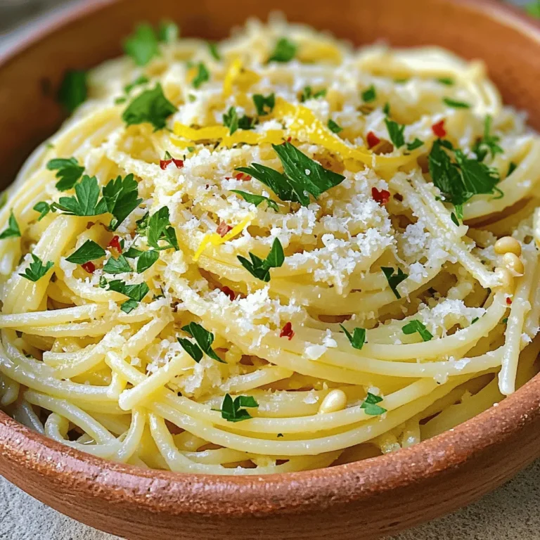 To make a great Spaghetti Aglio e Olio, you need these simple items: - 400g spaghetti - 6 cloves garlic, thinly sliced - 1/2 cup high-quality extra-virgin olive oil - 1/4 teaspoon red pepper flakes (or to taste) - Sea salt, to taste - 1/4 cup fresh parsley, finely chopped - Zest of 1 lemon - 1/4 cup grated Parmesan cheese (optional) - A handful of toasted pine nuts for garnish (optional) You will need a few tools to prepare this dish: - Large pot for boiling pasta - Skillet for cooking the garlic and oil - Colander for draining the spaghetti - Mixing spoon for tossing ingredients - Zester for lemon zest (optional) - Serving bowls for plating Using the best ingredients can make a big difference. Here are my tips: - Choose fresh garlic. Look for firm cloves with no sprouting. - Use high-quality extra-virgin olive oil. It should smell fruity and fresh. - Pick fresh parsley. It should be bright green and crisp. - For the best flavor, use fresh lemon. Look for ones that are firm and heavy. - If using Parmesan, select a block instead of pre-grated for better taste. These tips will help you create a flavorful and simple dish that impresses! If you want to see the full recipe, check out the [Full Recipe]. Bring a large pot of salted water to a boil. Add 400g of spaghetti. Cook it until it is al dente, following the package directions. Before you drain the pasta, save 1 cup of the starchy water. Drain the spaghetti and place it in a large bowl. In a large skillet, heat 1/2 cup of extra-virgin olive oil over medium heat. Once hot, add 6 cloves of sliced garlic and 1/4 teaspoon of red pepper flakes. Stir the mix gently for about 3 to 4 minutes. You want the garlic to turn light golden brown. Be careful not to burn it, as it can taste bitter. Turn the heat to low. Add the drained spaghetti to the skillet with the garlic oil. Toss the pasta well to coat every strand in the oil. Gradually add the saved pasta water, one tablespoon at a time, while tossing. This helps create a creamy sauce. Season with sea salt to taste. Mix in 1/4 cup of chopped parsley and the zest of 1 lemon. If you like, sprinkle 1/4 cup of grated Parmesan cheese on top. Toss again to mix everything well. Serve the spaghetti hot, garnished with extra parsley or pine nuts if desired. For the full details, check the Full Recipe. Many home cooks rush the garlic. If you cook it too fast, it burns. A burnt garlic will ruin the dish. Always cook it slowly until it’s golden. Another mistake is not reserving pasta water. This water adds creaminess to your sauce. Forgetting salt in the pasta water can also hurt flavor. Always taste your pasta as it cooks. You can boost flavor with simple seasonings. Fresh herbs like basil or oregano add depth. A squeeze of lemon juice brightens the dish. If you like spice, adjust the red pepper flakes. For a richer taste, add a bit of butter at the end. This will make your sauce even more silky. Perfect spaghetti is all about timing. Follow the package directions but check it a minute early. Al dente means the pasta should be firm but not hard. Toss the pasta in the skillet right after draining. This helps it absorb the flavors. Don’t forget to add that starchy pasta water gradually. It’s the secret to a smooth sauce. For more tips, check the Full Recipe. {{image_4}} Classic Spaghetti Aglio e Olio is a simple dish. It uses just a few key ingredients. You start with spaghetti, garlic, olive oil, and red pepper flakes. This dish shines because of its bold flavors. The garlic must be sliced thinly, and the olive oil should be high quality. Many people enjoy it for its quick prep time. It is a great meal for busy nights. If you want to make this dish vegetarian, you can easily do so. Just skip the cheese or use a plant-based option. Vegan cheese works well, too. For a fresh touch, add some veggies. Spinach or cherry tomatoes brighten the dish. You can also use mushrooms for a hearty texture. These options keep the meal light but full of flavor. Want to get creative? You can add seafood to your pasta. Shrimp or scallops pair wonderfully with garlic and oil. Simply sauté them in the garlic oil before adding the pasta. For a veggie boost, consider broccoli or asparagus. These add color and nutrition. You can also toss in olives or capers for a briny taste. The options are endless! To see all these ideas in one place, check out the Full Recipe. After enjoying spaghetti aglio e olio, you might have some left. It’s easy to store. First, let the pasta cool to room temperature. Then, place it in an airtight container. You can keep it in the fridge for up to three days. This way, the flavors stay fresh. To reheat, you have a few options. You can use the microwave, which is quick. Just add a splash of water to keep it moist. Heat in short bursts, stirring in between. If you prefer the stove, put the pasta in a skillet. Add a little olive oil and heat over low. Stir until warm. This method keeps the pasta tasty. If you want to save it for later, you can freeze it. Use a freezer-safe container, leaving some space for expansion. It can stay frozen for up to three months. To use later, thaw it overnight in the fridge. Then reheat as mentioned before. This keeps the flavors intact and ready for you to enjoy again. Spaghetti Aglio e Olio is a simple Italian dish. It comes from Naples. This dish uses just a few ingredients: spaghetti, garlic, olive oil, and red pepper flakes. The flavors are bold yet clean. You can feel the warmth from the garlic and the heat from the red pepper. It's perfect for a quick dinner or a late-night snack. Yes, you can easily make this recipe gluten-free. Just swap regular spaghetti for gluten-free pasta. Many brands offer great options that taste delicious. Cook the pasta just like you would regular spaghetti. Follow the same steps in the recipe. You will still enjoy the same rich flavor without gluten. To make Spaghetti Aglio e Olio special, you can add a few touches. Consider serving it on a nice plate with a sprig of parsley on top. A squeeze of fresh lemon juice adds brightness. You might also sprinkle some toasted pine nuts for added crunch. If you want to impress, pair it with a glass of white wine. This elevates the meal and gives your guests a delightful experience. For the full recipe, check out the detailed instructions. This blog post gives you everything you need for Spaghetti Aglio e Olio. We covered key ingredients, cooking tools, and tips for choosing the best items. You learned step-by-step instructions and how to mix flavors the right way. Common mistakes were addressed, along with ways to enhance taste and achieve perfect pasta. We also shared variations, storage tips, and answers to common questions. With this guide, you’re ready to make a tasty dish that impresses. Enjoy cooking and sharing your delicious Spaghetti Aglio e Olio!