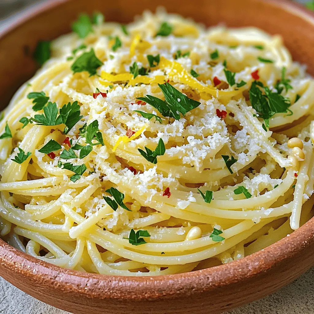 To make a great Spaghetti Aglio e Olio, you need these simple items: - 400g spaghetti - 6 cloves garlic, thinly sliced - 1/2 cup high-quality extra-virgin olive oil - 1/4 teaspoon red pepper flakes (or to taste) - Sea salt, to taste - 1/4 cup fresh parsley, finely chopped - Zest of 1 lemon - 1/4 cup grated Parmesan cheese (optional) - A handful of toasted pine nuts for garnish (optional) You will need a few tools to prepare this dish: - Large pot for boiling pasta - Skillet for cooking the garlic and oil - Colander for draining the spaghetti - Mixing spoon for tossing ingredients - Zester for lemon zest (optional) - Serving bowls for plating Using the best ingredients can make a big difference. Here are my tips: - Choose fresh garlic. Look for firm cloves with no sprouting. - Use high-quality extra-virgin olive oil. It should smell fruity and fresh. - Pick fresh parsley. It should be bright green and crisp. - For the best flavor, use fresh lemon. Look for ones that are firm and heavy. - If using Parmesan, select a block instead of pre-grated for better taste. These tips will help you create a flavorful and simple dish that impresses! If you want to see the full recipe, check out the [Full Recipe]. Bring a large pot of salted water to a boil. Add 400g of spaghetti. Cook it until it is al dente, following the package directions. Before you drain the pasta, save 1 cup of the starchy water. Drain the spaghetti and place it in a large bowl. In a large skillet, heat 1/2 cup of extra-virgin olive oil over medium heat. Once hot, add 6 cloves of sliced garlic and 1/4 teaspoon of red pepper flakes. Stir the mix gently for about 3 to 4 minutes. You want the garlic to turn light golden brown. Be careful not to burn it, as it can taste bitter. Turn the heat to low. Add the drained spaghetti to the skillet with the garlic oil. Toss the pasta well to coat every strand in the oil. Gradually add the saved pasta water, one tablespoon at a time, while tossing. This helps create a creamy sauce. Season with sea salt to taste. Mix in 1/4 cup of chopped parsley and the zest of 1 lemon. If you like, sprinkle 1/4 cup of grated Parmesan cheese on top. Toss again to mix everything well. Serve the spaghetti hot, garnished with extra parsley or pine nuts if desired. For the full details, check the Full Recipe. Many home cooks rush the garlic. If you cook it too fast, it burns. A burnt garlic will ruin the dish. Always cook it slowly until it’s golden. Another mistake is not reserving pasta water. This water adds creaminess to your sauce. Forgetting salt in the pasta water can also hurt flavor. Always taste your pasta as it cooks. You can boost flavor with simple seasonings. Fresh herbs like basil or oregano add depth. A squeeze of lemon juice brightens the dish. If you like spice, adjust the red pepper flakes. For a richer taste, add a bit of butter at the end. This will make your sauce even more silky. Perfect spaghetti is all about timing. Follow the package directions but check it a minute early. Al dente means the pasta should be firm but not hard. Toss the pasta in the skillet right after draining. This helps it absorb the flavors. Don’t forget to add that starchy pasta water gradually. It’s the secret to a smooth sauce. For more tips, check the Full Recipe. {{image_4}} Classic Spaghetti Aglio e Olio is a simple dish. It uses just a few key ingredients. You start with spaghetti, garlic, olive oil, and red pepper flakes. This dish shines because of its bold flavors. The garlic must be sliced thinly, and the olive oil should be high quality. Many people enjoy it for its quick prep time. It is a great meal for busy nights. If you want to make this dish vegetarian, you can easily do so. Just skip the cheese or use a plant-based option. Vegan cheese works well, too. For a fresh touch, add some veggies. Spinach or cherry tomatoes brighten the dish. You can also use mushrooms for a hearty texture. These options keep the meal light but full of flavor. Want to get creative? You can add seafood to your pasta. Shrimp or scallops pair wonderfully with garlic and oil. Simply sauté them in the garlic oil before adding the pasta. For a veggie boost, consider broccoli or asparagus. These add color and nutrition. You can also toss in olives or capers for a briny taste. The options are endless! To see all these ideas in one place, check out the Full Recipe. After enjoying spaghetti aglio e olio, you might have some left. It’s easy to store. First, let the pasta cool to room temperature. Then, place it in an airtight container. You can keep it in the fridge for up to three days. This way, the flavors stay fresh. To reheat, you have a few options. You can use the microwave, which is quick. Just add a splash of water to keep it moist. Heat in short bursts, stirring in between. If you prefer the stove, put the pasta in a skillet. Add a little olive oil and heat over low. Stir until warm. This method keeps the pasta tasty. If you want to save it for later, you can freeze it. Use a freezer-safe container, leaving some space for expansion. It can stay frozen for up to three months. To use later, thaw it overnight in the fridge. Then reheat as mentioned before. This keeps the flavors intact and ready for you to enjoy again. Spaghetti Aglio e Olio is a simple Italian dish. It comes from Naples. This dish uses just a few ingredients: spaghetti, garlic, olive oil, and red pepper flakes. The flavors are bold yet clean. You can feel the warmth from the garlic and the heat from the red pepper. It's perfect for a quick dinner or a late-night snack. Yes, you can easily make this recipe gluten-free. Just swap regular spaghetti for gluten-free pasta. Many brands offer great options that taste delicious. Cook the pasta just like you would regular spaghetti. Follow the same steps in the recipe. You will still enjoy the same rich flavor without gluten. To make Spaghetti Aglio e Olio special, you can add a few touches. Consider serving it on a nice plate with a sprig of parsley on top. A squeeze of fresh lemon juice adds brightness. You might also sprinkle some toasted pine nuts for added crunch. If you want to impress, pair it with a glass of white wine. This elevates the meal and gives your guests a delightful experience. For the full recipe, check out the detailed instructions. This blog post gives you everything you need for Spaghetti Aglio e Olio. We covered key ingredients, cooking tools, and tips for choosing the best items. You learned step-by-step instructions and how to mix flavors the right way. Common mistakes were addressed, along with ways to enhance taste and achieve perfect pasta. We also shared variations, storage tips, and answers to common questions. With this guide, you’re ready to make a tasty dish that impresses. Enjoy cooking and sharing your delicious Spaghetti Aglio e Olio!