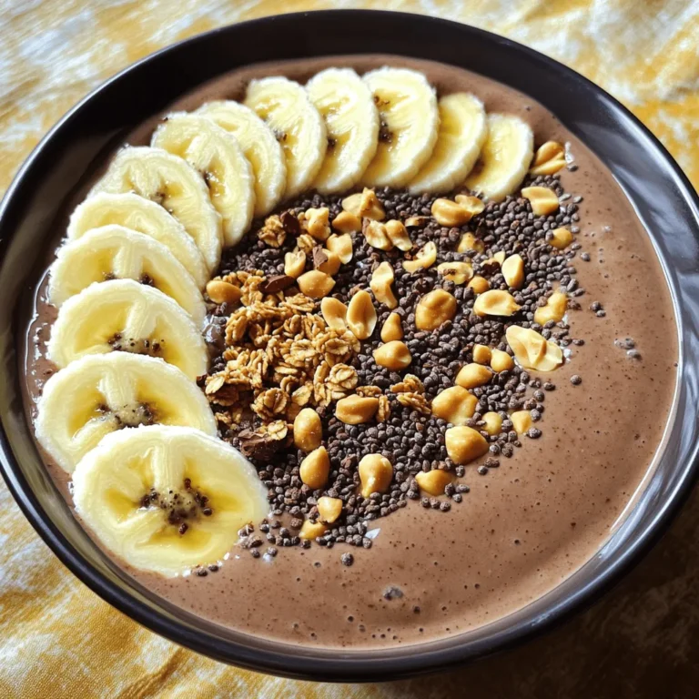 To make a delicious Chocolate Peanut Butter Smoothie Bowl, you need the following ingredients: - 2 ripe bananas, frozen - 1 tablespoon unsweetened cocoa powder - 2 tablespoons natural peanut butter - 1 cup almond milk (or your preferred milk) - 1 tablespoon honey or maple syrup - 1/2 teaspoon vanilla extract - Toppings: Fresh banana slices, granola, cacao nibs, crushed peanuts These ingredients blend together to create a rich and creamy bowl. The frozen bananas give a smooth texture and chill the smoothie perfectly. Unsweetened cocoa powder adds a deep chocolate flavor. Natural peanut butter brings richness and protein, making this bowl satisfying. You can choose any milk you like, but almond milk works really well. Honey or maple syrup sweetens the bowl just right, but adjust it to your taste. Vanilla extract adds warmth to the mix. For toppings, I like using fresh banana slices, which add brightness. Granola gives great crunch and cacao nibs provide a chocolatey bite. Crushed peanuts add even more nutty flavor. Check out the Full Recipe for more details and enjoy making this tasty treat! To make your Chocolate Peanut Butter Smoothie Bowl, start by gathering your ingredients. Use two ripe bananas that are frozen. Frozen bananas give your smoothie a creamy texture. They help make the smoothie cold and thick. Next, add one tablespoon of unsweetened cocoa powder. This adds rich chocolate flavor. Then, include two tablespoons of natural peanut butter for a nutty taste. Pour in one cup of almond milk. You can use any milk you like. For sweetness, add one tablespoon of honey or maple syrup. Finally, toss in half a teaspoon of vanilla extract for extra flavor. Put all these ingredients into a blender. Blend on high speed until the mix is smooth and creamy. If needed, stop to scrape down the sides. This ensures everything mixes well. Once blended, pour your smoothie into a bowl. Use the back of a spoon to level the top. This makes it look nice. Now it’s time to add toppings for a fun look! Place fresh banana slices around the edge of the bowl. Add a mound of granola in the center. Sprinkle cacao nibs and crushed peanuts on top for crunch. Serving it right makes your smoothie bowl more inviting. You can add a colorful straw or a fancy spoon to enhance the experience. Blend for about 30 seconds to 1 minute. You want it to be silky smooth. If it’s too thick, add a splash of milk and blend again. A smooth texture makes every bite enjoyable. If your smoothie is thin, add more frozen bananas. This will help you achieve that perfect thickness. To make your Chocolate Peanut Butter Smoothie Bowl even tastier, you can adjust the sweetness. If you find it needs a little more sweetness, add honey or maple syrup. Both options bring a nice touch to the flavor. You can also add spices like cinnamon or nutmeg for warmth. A dash of vanilla extract can boost the taste as well. These small tweaks can make a big difference! Choosing the right blender can change your smoothie bowl game. A high-powered blender works best for creamy results. Look for blenders with a strong motor and sharp blades. They blend frozen bananas with ease. For easy cleaning, rinse the blender right after use. You can also add warm water and a drop of soap, then blend for a quick clean! Want to take your smoothie bowl up a notch? Consider adding superfoods. Ingredients like chia seeds or hemp seeds are great options. They add fiber and healthy fats. Protein add-ins like protein powder or Greek yogurt can give you extra energy too. Remember, chocolate and peanut butter are not only delicious but also packed with nutrients. Chocolate has antioxidants, while peanut butter gives you protein and healthy fats. Enjoy these benefits while savoring your bowl! {{image_4}} You can play with flavors in your smoothie bowl. If you want a twist, swap cocoa powder for carob powder. Carob gives a mild sweetness and a different taste. You can also try different nut butters. Almond butter or cashew butter can change the flavor profile while keeping it creamy and rich. To make the bowl vegan, swap honey for maple syrup. Use a dairy-free milk like almond or coconut milk. For gluten-free options, check your granola or use fresh toppings. If you're watching sugar, use less honey or maple syrup. You can also add more frozen bananas for natural sweetness without extra sugar. Change your toppings with the seasons. In spring, add fresh strawberries or cherries. In summer, use blueberries or peaches for a fruity pop. Fall calls for sliced apples or pears, while winter can be brightened with pomegranate seeds. Each season offers unique flavors to keep your smoothie bowl exciting! Enjoy the Full Recipe for more ideas on how to mix it up. To store any leftover smoothie bowl, place it in a clean, airtight container. This helps keep the flavors fresh. Refrigerate it for up to two days. When you want to enjoy it again, you may notice it thickened. Just reblend it with a splash of milk for a smoother texture. If you prefer, you can also serve it as is. You can freeze smoothie bowls if you make too much. Pour the smoothie into ice cube trays or freezer-safe containers. This method helps with portion control. When you want to eat it, take out what you need. To thaw, place it in the fridge overnight. For a quicker method, use a microwave on low power. This helps maintain a creamy texture. Meal prepping makes mornings easier. You can prepare the ingredients ahead of time. Slice the bananas and store them in the freezer. Measure out the cocoa powder, peanut butter, and honey in small containers. This way, you can blend everything quickly. For portion control, use small bowls or jars. This ensures a perfect serving size for quick breakfasts. Enjoy the ease of having a delicious meal ready! A smoothie bowl has a thicker texture than a regular smoothie. You can enjoy it with a spoon. I make it creamy by using frozen bananas. The bowl is perfect for adding fun toppings. You can use fresh fruits, granola, and nuts. This creates a mix of flavors and textures. Yes, you can prepare this smoothie bowl ahead of time. Blend the ingredients, then store it in the fridge. It stays fresh for up to a day. When you are ready to eat, add your toppings. This way, you save time in the morning. To make your smoothie bowl thicker, use frozen bananas. They create a creamy base. You can also add ice cubes for extra thickness. Blend them well to avoid lumps. The right consistency makes your bowl more enjoyable. This blog post covered how to make a delicious smoothie bowl. We discussed the key ingredients, blending steps, and tips for great presentation. I shared ideas for flavor variations and tips on storage. Smoothie bowls offer a fun way to enjoy healthy meals. Use this guide to make your own bowl and get creative! Enjoy experimenting with flavors and toppings. Your perfect smoothie bowl awaits!