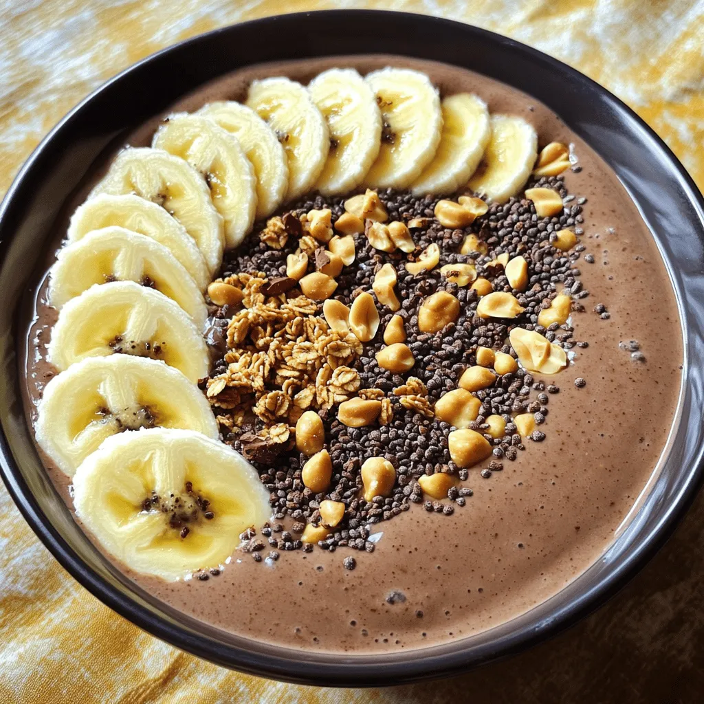 To make a delicious Chocolate Peanut Butter Smoothie Bowl, you need the following ingredients: - 2 ripe bananas, frozen - 1 tablespoon unsweetened cocoa powder - 2 tablespoons natural peanut butter - 1 cup almond milk (or your preferred milk) - 1 tablespoon honey or maple syrup - 1/2 teaspoon vanilla extract - Toppings: Fresh banana slices, granola, cacao nibs, crushed peanuts These ingredients blend together to create a rich and creamy bowl. The frozen bananas give a smooth texture and chill the smoothie perfectly. Unsweetened cocoa powder adds a deep chocolate flavor. Natural peanut butter brings richness and protein, making this bowl satisfying. You can choose any milk you like, but almond milk works really well. Honey or maple syrup sweetens the bowl just right, but adjust it to your taste. Vanilla extract adds warmth to the mix. For toppings, I like using fresh banana slices, which add brightness. Granola gives great crunch and cacao nibs provide a chocolatey bite. Crushed peanuts add even more nutty flavor. Check out the Full Recipe for more details and enjoy making this tasty treat! To make your Chocolate Peanut Butter Smoothie Bowl, start by gathering your ingredients. Use two ripe bananas that are frozen. Frozen bananas give your smoothie a creamy texture. They help make the smoothie cold and thick. Next, add one tablespoon of unsweetened cocoa powder. This adds rich chocolate flavor. Then, include two tablespoons of natural peanut butter for a nutty taste. Pour in one cup of almond milk. You can use any milk you like. For sweetness, add one tablespoon of honey or maple syrup. Finally, toss in half a teaspoon of vanilla extract for extra flavor. Put all these ingredients into a blender. Blend on high speed until the mix is smooth and creamy. If needed, stop to scrape down the sides. This ensures everything mixes well. Once blended, pour your smoothie into a bowl. Use the back of a spoon to level the top. This makes it look nice. Now it’s time to add toppings for a fun look! Place fresh banana slices around the edge of the bowl. Add a mound of granola in the center. Sprinkle cacao nibs and crushed peanuts on top for crunch. Serving it right makes your smoothie bowl more inviting. You can add a colorful straw or a fancy spoon to enhance the experience. Blend for about 30 seconds to 1 minute. You want it to be silky smooth. If it’s too thick, add a splash of milk and blend again. A smooth texture makes every bite enjoyable. If your smoothie is thin, add more frozen bananas. This will help you achieve that perfect thickness. To make your Chocolate Peanut Butter Smoothie Bowl even tastier, you can adjust the sweetness. If you find it needs a little more sweetness, add honey or maple syrup. Both options bring a nice touch to the flavor. You can also add spices like cinnamon or nutmeg for warmth. A dash of vanilla extract can boost the taste as well. These small tweaks can make a big difference! Choosing the right blender can change your smoothie bowl game. A high-powered blender works best for creamy results. Look for blenders with a strong motor and sharp blades. They blend frozen bananas with ease. For easy cleaning, rinse the blender right after use. You can also add warm water and a drop of soap, then blend for a quick clean! Want to take your smoothie bowl up a notch? Consider adding superfoods. Ingredients like chia seeds or hemp seeds are great options. They add fiber and healthy fats. Protein add-ins like protein powder or Greek yogurt can give you extra energy too. Remember, chocolate and peanut butter are not only delicious but also packed with nutrients. Chocolate has antioxidants, while peanut butter gives you protein and healthy fats. Enjoy these benefits while savoring your bowl! {{image_4}} You can play with flavors in your smoothie bowl. If you want a twist, swap cocoa powder for carob powder. Carob gives a mild sweetness and a different taste. You can also try different nut butters. Almond butter or cashew butter can change the flavor profile while keeping it creamy and rich. To make the bowl vegan, swap honey for maple syrup. Use a dairy-free milk like almond or coconut milk. For gluten-free options, check your granola or use fresh toppings. If you're watching sugar, use less honey or maple syrup. You can also add more frozen bananas for natural sweetness without extra sugar. Change your toppings with the seasons. In spring, add fresh strawberries or cherries. In summer, use blueberries or peaches for a fruity pop. Fall calls for sliced apples or pears, while winter can be brightened with pomegranate seeds. Each season offers unique flavors to keep your smoothie bowl exciting! Enjoy the Full Recipe for more ideas on how to mix it up. To store any leftover smoothie bowl, place it in a clean, airtight container. This helps keep the flavors fresh. Refrigerate it for up to two days. When you want to enjoy it again, you may notice it thickened. Just reblend it with a splash of milk for a smoother texture. If you prefer, you can also serve it as is. You can freeze smoothie bowls if you make too much. Pour the smoothie into ice cube trays or freezer-safe containers. This method helps with portion control. When you want to eat it, take out what you need. To thaw, place it in the fridge overnight. For a quicker method, use a microwave on low power. This helps maintain a creamy texture. Meal prepping makes mornings easier. You can prepare the ingredients ahead of time. Slice the bananas and store them in the freezer. Measure out the cocoa powder, peanut butter, and honey in small containers. This way, you can blend everything quickly. For portion control, use small bowls or jars. This ensures a perfect serving size for quick breakfasts. Enjoy the ease of having a delicious meal ready! A smoothie bowl has a thicker texture than a regular smoothie. You can enjoy it with a spoon. I make it creamy by using frozen bananas. The bowl is perfect for adding fun toppings. You can use fresh fruits, granola, and nuts. This creates a mix of flavors and textures. Yes, you can prepare this smoothie bowl ahead of time. Blend the ingredients, then store it in the fridge. It stays fresh for up to a day. When you are ready to eat, add your toppings. This way, you save time in the morning. To make your smoothie bowl thicker, use frozen bananas. They create a creamy base. You can also add ice cubes for extra thickness. Blend them well to avoid lumps. The right consistency makes your bowl more enjoyable. This blog post covered how to make a delicious smoothie bowl. We discussed the key ingredients, blending steps, and tips for great presentation. I shared ideas for flavor variations and tips on storage. Smoothie bowls offer a fun way to enjoy healthy meals. Use this guide to make your own bowl and get creative! Enjoy experimenting with flavors and toppings. Your perfect smoothie bowl awaits!