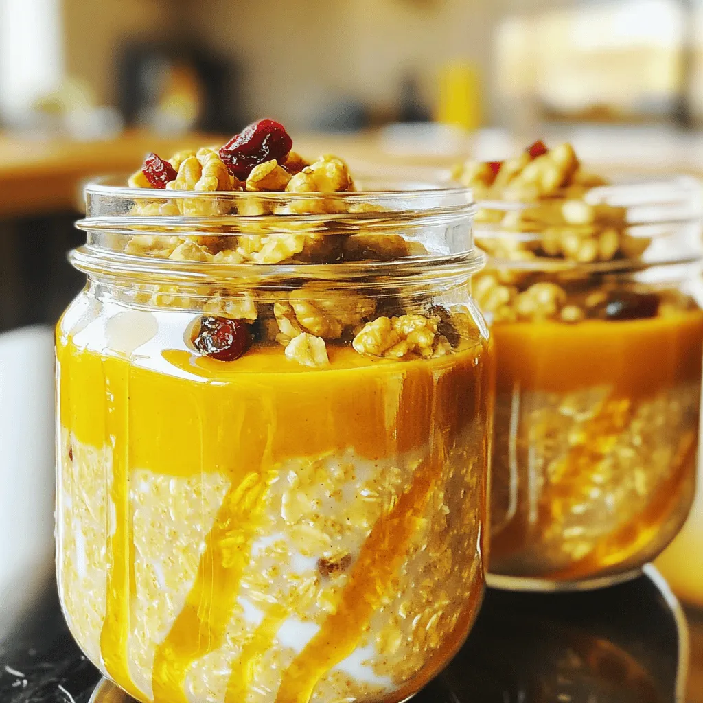 To make Pumpkin Spice Overnight Oats, gather these key ingredients: - 1 cup rolled oats - 1 cup almond milk (or your preferred milk) - 1/2 cup pure pumpkin puree - 1 tablespoon pure maple syrup (adjust according to your taste) - 1 teaspoon pumpkin pie spice - 1/2 teaspoon vanilla extract - 1/4 teaspoon salt These ingredients blend well to create a creamy and flavorful breakfast. The rolled oats soak up the almond milk overnight, making them soft and tasty. The pumpkin puree adds a rich flavor, while the spices bring warmth to every bite. You can elevate your oats with these fun toppings: - Chopped walnuts or pecans (for topping) - Dried cranberries or raisins (for garnish) These add crunch and sweetness. You can also try drizzling extra maple syrup over the top for a sweet finish. A sprinkle of pumpkin pie spice gives a nice touch of flavor. If you need to swap some ingredients, here are great options: - Use coconut milk or oat milk instead of almond milk for a different taste. - Swap maple syrup with honey or agave syrup for sweetness. - If you don’t have pumpkin pie spice, a mix of cinnamon and nutmeg works well too. These substitutions keep the recipe flexible and tasty. Enjoy your Pumpkin Spice Overnight Oats made just the way you like! For the complete recipe, check out the Full Recipe. To make pumpkin spice overnight oats, gather all your ingredients first. This makes it easy to mix everything well. The main ingredients are rolled oats, almond milk, and pumpkin puree. You will also need maple syrup, pumpkin pie spice, vanilla extract, and salt. 1. In a medium bowl, add your rolled oats and almond milk. 2. Next, add the pumpkin puree and maple syrup. 3. Sprinkle in the pumpkin pie spice, vanilla extract, and salt. 4. Use a whisk to mix everything together. Make sure the oats get well coated in the pumpkin mixture. 5. Once mixed, divide the mixture into two jars or airtight containers. 6. Ensure each jar has a similar amount of oats. Seal the jars tightly. Then, place them in the refrigerator overnight. This step is key. It allows the oats to soak up all the delicious flavors. You can also leave them in the fridge for at least four hours. The next morning, stir the oats well. If you want them creamier, add a splash of milk and mix again. Enjoy! To get the right texture, use rolled oats. They soak well and become soft. If your oats seem too thick the next day, just add a splash of milk. Give them a good stir. This will help you reach a creamier mix. If you like a firmer bite, use less liquid. For a richer taste, try adding a pinch of nutmeg or ginger. These spices boost the pumpkin flavor. You can also mix in some peanut butter for creaminess. A scoop of yogurt makes it tangy and rich. Don't forget to adjust the maple syrup based on your taste. These oats are perfect for meal prep. Make a big batch and store them in jars. You can keep them in the fridge for up to five days. This way, you have breakfast ready when you need it. Each morning, just grab a jar, stir, and enjoy. For a quick option, prepare them on Sunday night for the week ahead. Check the full recipe for more tips! {{image_4}} You can easily make pumpkin spice overnight oats dairy-free and vegan. Use almond milk, coconut milk, or oat milk instead of regular milk. These options keep the oats creamy and tasty. The recipe is still delicious, and you will not miss the dairy. This way, everyone can enjoy this breakfast treat! Want to switch things up? Try flavor variations like apple cinnamon or chocolate. For apple cinnamon, add chopped apples and a sprinkle of cinnamon. This gives a sweet and fruity taste. For a chocolate version, mix in cocoa powder or chocolate chips. Both options offer new flavors while keeping the pumpkin spice vibe. For those watching sugar, reduce the maple syrup or use a sugar substitute. You can also skip the nuts and dried fruits for a lighter option. If you need gluten-free oats, make sure to choose certified gluten-free rolled oats. These changes make the overnight oats fit your health goals while still being tasty. To keep your pumpkin spice overnight oats fresh, store them in airtight jars. This prevents air from getting in, which can spoil the oats. Make sure the jars are sealed tightly. Keep the jars in the fridge for up to four days. If you notice any change in smell or color, it’s best to toss them out. You can freeze pumpkin spice overnight oats for later use. Use freezer-safe containers or jars that can handle low temperatures. Leave some space at the top for the oats to expand as they freeze. When you’re ready to eat, thaw them in the fridge overnight. You can also heat them in the microwave, but be careful not to overheat. Pumpkin spice overnight oats last about four days in the fridge. If they sit longer, check for signs of spoilage. Look for: - An off smell - A change in color - A watery layer on top If you see any of these signs, it’s safer to discard the oats. Always trust your senses when it comes to food! Yes, you can use steel-cut oats. However, they need more time to soak. Steel-cut oats are chewier and take longer to soften. If you choose them, soak overnight for best results. You can store these oats for up to five days in the fridge. Make sure to keep them in airtight containers. This makes it easy to grab a quick breakfast each morning. Absolutely! You can add more or less maple syrup to suit your taste. Try starting with one tablespoon. Then, adjust based on how sweet you like it. Honey or agave syrup are great alternatives too. Feel free to get creative with toppings! Here are some ideas: - Fresh fruit like sliced bananas or apples - Yogurt for creaminess - Nut butter for added flavor - Seeds like chia or flaxseeds for crunch - Dark chocolate chips for a sweet touch For the complete recipe, check the [Full Recipe] section. In this post, we covered how to make Pumpkin Spice Overnight Oats. We discussed key ingredients, optional toppings, and substitutions, providing easy steps for preparation and overnight refrigeration. I shared tips to reach the perfect consistency and suggested variations to fit different diets. Lastly, we reviewed storage methods and answered common questions. With these insights, you can create a delicious, versatile breakfast. Enjoy your cooking and personal touch in every bowl!